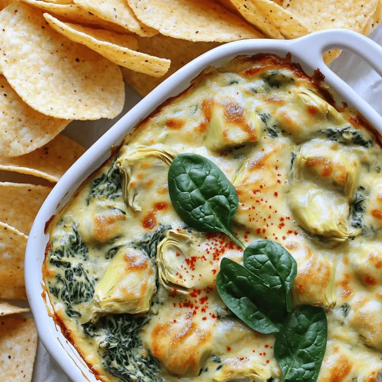 - 1 cup fresh spinach, roughly chopped - 1 cup canned or jarred artichoke hearts, drained and diced - 1 cup cream cheese, softened - ½ cup sour cream - ½ cup mayonnaise - 1 cup shredded mozzarella cheese - ½ cup grated Parmesan cheese, divided - 2 cloves garlic, minced - ½ teaspoon onion powder - ½ teaspoon red pepper flakes (optional) - Salt and freshly cracked black pepper to taste I love gathering my ingredients before I start cooking. It makes the process smooth and fun. For this creamy spinach and artichoke dip, I use fresh spinach and canned artichokes. The fresh spinach adds a nice crunch. The artichokes bring a unique flavor that pairs perfectly with the creaminess of the cheeses. You want your cream cheese soft, so set it out ahead of time. The sour cream and mayonnaise keep the dip smooth and rich. I use mozzarella for its stretchy texture and Parmesan for a sharp bite. Don’t forget the garlic! It adds a lovely aroma and depth. The onion powder gives a subtle sweetness. If you like a little heat, add red pepper flakes. Finally, season with salt and freshly cracked black pepper to taste. These ingredients come together to create a delightful dish that everyone will love. Check out the Full Recipe for complete steps to bring this dip to life! - Preheat the oven to 350°F (175°C). This step is key for even cooking. - In a large bowl, blend cream cheese, sour cream, and mayonnaise until smooth. Use a hand mixer or spatula to get a creamy texture. - Next, fold in the chopped spinach, diced artichokes, minced garlic, and both cheeses. Use a gentle hand to keep the mix fluffy. - Transfer the mixture to a greased baking dish. Make sure it spreads evenly for nice cooking. - Sprinkle the remaining Parmesan cheese on top. This will give it a golden crust. - Bake for 25-30 minutes until it is golden and bubbly. Keep an eye on it so it doesn’t burn. Following these steps will help you create a creamy spinach and artichoke dip that is sure to impress. For the complete recipe, check out the [Full Recipe]. - Use full-fat cream cheese and sour cream. This makes the dip rich and smooth. - Add a splash of heavy cream for extra richness. This enhances the creamy texture. - Substitute Greek yogurt for sour cream and mayo. This keeps the dip creamy with less fat. - Use low-fat cheese options. This helps cut calories while still keeping flavor. These tips can help you tailor the dip to your liking. Try them out for a new twist! If you want the full recipe, check out the link. {{image_4}} You can give your dip a fun twist. First, try adding cooked bacon or sausage. This addition makes the dip heartier and adds a nice smoky flavor. Another option is to spice things up. Chopped jalapeños or a splash of hot sauce can bring some heat. This adds a kick that many guests will love. Feel free to mix up your greens. You can replace spinach with kale or Swiss chard. Both greens taste great and add a different texture. For cheese lovers, try experimenting with different types of cheese. Feta adds a tangy flavor, while cheddar gives a sharp taste. These swaps can change the dip's flavor profile entirely, making it uniquely yours. For the complete recipe, check the Full Recipe. Store any leftovers in an airtight container for up to 3 days. Make sure to let the dip cool before sealing it. This helps keep the dip fresh and tasty for your next snack. When you want to enjoy it again, simply reheat it in the oven or microwave. If you have more dip than you can eat, freeze it! Place the dip in a freezer-safe container for up to 2 months. To enjoy it later, just thaw it in the refrigerator overnight. Before baking, stir it well and add a little bit of cream if it looks dry. This way, you'll have a delicious dip ready to bake whenever you want. Check the [Full Recipe] for more details on how to prepare this tasty treat! You can prepare the dip and store it in the refrigerator before baking. This makes it easy to serve later. Just mix all the ingredients and put them in a dish. Cover the dish tightly with plastic wrap or a lid. When you are ready, bake it straight from the fridge. Yes, you can enjoy it cold as a spread too. This dip tastes great on crackers or bread. Just let it chill in the fridge until you are ready to serve. Cold or hot, it’s delicious! This dip pairs well with many snacks. It’s great with tortilla chips for a crunchy bite. You can also use sliced baguette for a softer touch. Fresh vegetable sticks add a nice crunch and color. Try carrots, celery, or bell peppers for a healthy option. This blog post explored a delicious spinach and artichoke dip. We covered all the key ingredients, simple steps, and tips for making it your own. You learned how to make it creamier and healthier, plus fun variations to try. In the end, this dip is perfect for sharing at any gathering. It’s easy, tasty, and can suit any flavor choice. Enjoy making it your way!