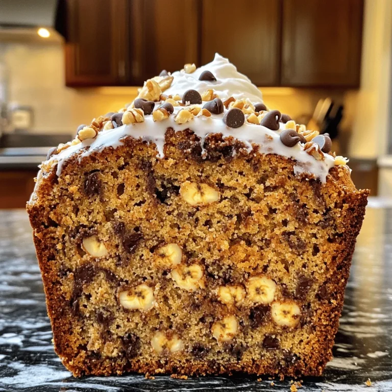 - 3 ripe bananas, thoroughly mashed - 1/2 cup unsweetened applesauce - 1/2 cup packed brown sugar - 1/4 cup granulated sugar - 2 large eggs, at room temperature - 1 teaspoon pure vanilla extract - 1 teaspoon baking soda - 1/2 teaspoon baking powder - 1/4 teaspoon fine salt - 1 1/2 cups all-purpose flour - 1 cup semi-sweet chocolate chips, plus an extra handful for topping - 1/2 teaspoon ground cinnamon (optional) When measuring ingredients, accuracy is key. Use standard measuring cups and spoons. For flour, spoon it into the cup and level it off with a knife. This gives you the right amount without packing it down. Bananas should be fully ripe, as this makes the bread sweeter and more flavorful. If you need alternatives, here are some options: - Substitute applesauce with yogurt for a creamier texture. - Use coconut sugar instead of brown sugar for a lower glycemic index. - If you're out of eggs, try using flaxseed meal mixed with water as a binder. - For gluten-free options, use a 1:1 gluten-free flour blend. - Swap semi-sweet chocolate chips with dark chocolate or white chocolate for a twist. These substitutions can change the flavor but keep the essence of the bread intact. You can easily customize this recipe to fit your pantry and taste! If you're curious about the full recipe, check out the Choco-Banana Bliss Bread . Start by gathering all your ingredients. You need ripe bananas, applesauce, sugars, eggs, vanilla, baking soda, baking powder, salt, flour, chocolate chips, and optional cinnamon. Preheat your oven to 350°F (175°C). Grease a 9x5-inch loaf pan with butter or cooking spray. This helps the bread come out easily after baking. In a large bowl, mash the ripe bananas until smooth. Add the applesauce, brown sugar, and granulated sugar. Mix well with a fork or whisk. Next, add the eggs and vanilla extract. Stir until everything is blended. In a separate bowl, whisk the dry ingredients: baking soda, baking powder, salt, and cinnamon if you like. Slowly add this dry mix to the wet mix. Fold gently with a spatula. Be careful not to overmix; you want a light, fluffy bread. Finally, fold in the chocolate chips, saving a few for the top. Pour the batter into the prepared loaf pan. Smooth the top with a spatula. Sprinkle the reserved chocolate chips on top for extra chocolate goodness. Bake in your preheated oven for 60-65 minutes. Check doneness by inserting a toothpick into the center. If it comes out clean or with a few moist crumbs, it's done. Once baked, let the loaf cool in the pan for 10 minutes. Then transfer it to a wire rack to cool fully before slicing. Enjoy your warm, chocolate chip banana bread! For the full recipe, check [Full Recipe]. To get the right texture in your chocolate chip banana bread, use ripe bananas. Ripe bananas are sweet and soft, making the bread moist. Mash them well to avoid lumps. Mix the wet and dry ingredients gently. Overmixing can make the bread tough. Aim for a light and fluffy loaf. Many people add too much flour, which can dry out the bread. Always measure flour correctly. Another mistake is not baking long enough. A toothpick should come out with a few moist crumbs but not wet batter. Also, don't skip the cooling time before slicing. This helps the bread set properly. For extra flavor, add ground cinnamon to your batter. It pairs well with bananas and chocolate. You can also use vanilla extract for a richer taste. If you want more texture, try adding nuts like walnuts or pecans. They add crunch and depth to your bread. For the full recipe, check out the Choco-Banana Bliss Bread details! {{image_4}} Adding nuts can give your chocolate chip banana bread a nice crunch. I often use walnuts or pecans. Chop them into small pieces. Fold in about half a cup into your batter. This step adds flavor and texture. You can also toast the nuts for extra taste. Just watch them closely to avoid burning. While semi-sweet chocolate chips are classic, feel free to switch it up. Dark chocolate chips add a rich taste. Milk chocolate chips make the bread sweeter. White chocolate creates a creamy contrast with the banana flavor. Use one type or mix them for a fun twist. Just keep the total amount around a cup. You can enhance your banana bread with spices or extracts. Ground cinnamon adds warmth. A pinch of nutmeg can make it cozy. Try adding a teaspoon of almond or coconut extract for a unique twist. These small changes can make your bread special. Get creative and find your favorite combination! To keep your chocolate chip banana bread fresh, wrap it tightly in plastic wrap or store it in an airtight container. This method helps retain moisture and flavor. You can leave it at room temperature for up to three days. If you want it to last longer, consider freezing it. Freezing banana bread is easy and smart. First, let the bread cool completely. Then, slice the bread into individual pieces. Wrap each slice in plastic wrap or foil. Place the wrapped slices in a freezer bag. You can freeze them for up to three months. For best results, label the bag with the date. When you want to enjoy your banana bread again, reheating is simple. Take out a slice and let it sit at room temperature for a few minutes. You can use a microwave for quick reheating. Heat it for about 15-20 seconds. For a crispy crust, pop it in a toaster oven for a few minutes. Enjoy your slice warm with butter or cream cheese. To ripen bananas fast, place them in a paper bag. Add an apple or a ripe banana for best results. The ethylene gas they produce speeds up ripening. Check them daily until they're soft and sweet. Yes, you can use frozen bananas. Just thaw them before mashing. Drain any excess liquid to avoid soggy bread. Frozen bananas often have more flavor, making your bread even tastier. To check if your bread is done, insert a toothpick into the center. If it comes out clean or with a few moist crumbs, it’s ready. The bread should feel firm and spring back when gently pressed. You have many options for overripe bananas! Try making smoothies for a creamy texture. You can also create banana pancakes or muffins. Another idea is to freeze them for later use in baking or smoothies. In this post, we covered key ingredients and steps for making banana bread. We explored tips to perfect its texture and avoid common mistakes. You can try fun variations by adding nuts or different chocolates. We also discussed how to store leftovers and freeze your bread. Banana bread is easy to make and delicious. Now, it’s your turn to get baking!