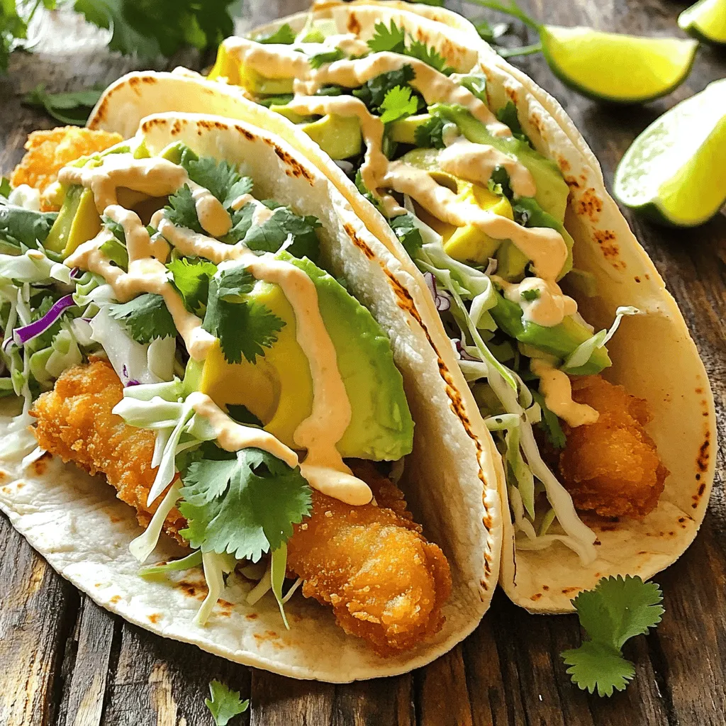 - 1 lb white fish fillets (cod or tilapia recommended) - 1 cup all-purpose flour - 1 cup cornmeal - 2 large eggs, beaten - 1 cup buttermilk - Vegetable oil for frying - 8 small corn tortillas - 1 cup shredded cabbage - 1 ripe avocado, sliced - ½ cup fresh cilantro, chopped - Lime wedges for serving - ½ cup mayonnaise - 1 tablespoon sriracha To make these tacos, I use fresh fish fillets. Cod or tilapia works best because they fry evenly. The batter is key to achieving that perfect crunch. I mix flour and cornmeal for a great texture. The buttermilk adds moisture, while eggs help the batter stick. For toppings, I love adding shredded cabbage for crunch. Sliced avocado adds creaminess, and fresh cilantro brightens the dish. A squeeze of lime juice makes it all pop! Don’t forget the spicy mayo! It’s easy to whip up with just mayo and sriracha. This creamy sauce adds a nice kick. You can find the full recipe above to guide you through each step. Enjoy creating your tasty crispy fish tacos! - Rinse and pat dry fish fillets. - Slice fish into strips or bite-sized pieces. Start with your fish fillets. I love using cod or tilapia for this recipe. Rinse the fillets in cold water to wash off any residue. After rinsing, pat them dry with paper towels. This step helps the batter stick better. You can slice the fish into strips or keep them as small pieces. The choice is yours! - Combine dry ingredients in one bowl. - Whisk together eggs and buttermilk in another bowl. Now, let’s make the batter. In a medium bowl, mix your dry ingredients. You will need flour, cornmeal, baking powder, garlic powder, paprika, cumin, and a good pinch of salt and pepper. In another bowl, whisk the eggs and buttermilk together. This adds moisture and flavor to the fish. - Dip fish in wet mixture then coat with dry batter. - Heat oil and fry fish pieces until golden brown. Next, it’s time to coat the fish. Dip each piece into the wet mixture first. Let any extra drip off. Then, roll it in the dry batter, making sure it is well-coated. Set the coated fish aside. Now, heat about an inch of vegetable oil in a large skillet over medium-high heat. You can test if the oil is hot enough by dropping in a small bit of batter. If it sizzles, you’re ready! Fry the fish pieces in batches for about 3-4 minutes on each side. You want them golden brown and crispy. Once done, place the fish on a paper towel-lined plate to drain any excess oil. This step is key for achieving that perfect crunch! To get that perfect crunch, oil temperature is very important. Heat your oil to 350°F. If it's too cool, the fish will soak up oil and become soggy. You can test the oil by dropping in a bit of batter. If it sizzles and bubbles, it’s ready. Next, avoid overcrowding the pan. Fry in small batches. This helps each piece cook evenly and stay crispy. If you crowd the pan, the fish will steam instead of fry. For great flavor, use spices like garlic powder, paprika, and cumin. These add depth and warmth to the fish. You can even marinate the fish in lime juice and spices for 30 minutes. This adds a zesty kick. When you make the batter, don’t skip the baking powder. It makes the coating light and airy. A good blend of spices and a bit of time will boost the taste. Crispy fish tacos taste amazing with fresh sides. Try serving them with a simple slaw or a bean salad. These add crunch and balance the meal. For drinks, I suggest a cold beer or a refreshing limeade. Both complement the flavors well. Enjoy your tacos fresh and hot, and don’t forget to check the Full Recipe for more details! {{image_4}} You can switch the fish for other white fish. Try using haddock or flounder. They both taste great and fry well. If you want a change, use shrimp. Shrimp cooks fast and gives a nice flavor. Tofu is a good choice too. It’s great for a plant-based option. Just press it to remove extra water before frying. Get creative with toppings! Instead of just cabbage, add mango salsa or pickled onions. You can also sprinkle some cheese on top. For sauces, try a tangy cilantro lime sauce or a spicy chipotle sauce. If you want to mix styles, make a Thai taco. Use peanut sauce, slaw, and fresh herbs for a unique twist. To make these tacos gluten-free, swap the all-purpose flour for almond flour or a gluten-free blend. You can also use corn flour for breading. For tortillas, choose corn tortillas that are labeled gluten-free. They add a nice flavor and work well with the fish. Enjoy your crispy tacos without worry! To store your leftover tacos, keep them in an airtight container. Line the container with paper towels to absorb moisture. This helps keep the fish crispy. You can store them in the fridge for up to three days. After that, the quality goes down. To reheat the fish and keep it crispy, place the fish on a baking sheet. Preheat your oven to 375°F (190°C). Bake for about 10 minutes. For tortillas, warm them in a dry skillet over medium heat for 30 seconds on each side. This will help them stay soft and pliable. Yes, you can freeze the fish. After frying, let it cool completely. Place the fish in a single layer on a baking sheet. Freeze for a few hours until solid. Then, transfer it to a freezer bag. To thaw, move the fish to the fridge overnight. Reheat directly from frozen for best results. For crispy tacos, I recommend using white fish like cod or tilapia. These fish have a mild flavor and firm texture. Cod stays flaky while frying, and tilapia is easy to find. Both options create the perfect bite for your tacos. You can add heat in many ways. Try using cayenne pepper in your batter. You can also mix diced jalapeños into your cabbage. Another option is to increase the sriracha in your spicy mayo. For extra kick, consider adding hot sauce on top. Yes, you can make the batter ahead of time. Mix your dry ingredients and store them in a sealed container. You can also whisk the eggs and buttermilk, then keep them in the fridge. Just remember to mix them before using. Crispy fish tacos go well with many sides. Consider serving them with a fresh corn salad or black beans. You can also pair them with tortilla chips and salsa for a crunchy contrast. A light cucumber salad helps balance the meal too. Crispy fish tacos are a fun and tasty meal you can enjoy. We covered key ingredients, simple steps, and helpful tips to make perfect tacos. Don't forget to try different fish and toppings. You can even change flavors for a new twist. With these easy tips, you're ready to impress your friends and family. Keep this guide handy for your next taco night! Enjoy your cooking and savor each bite.