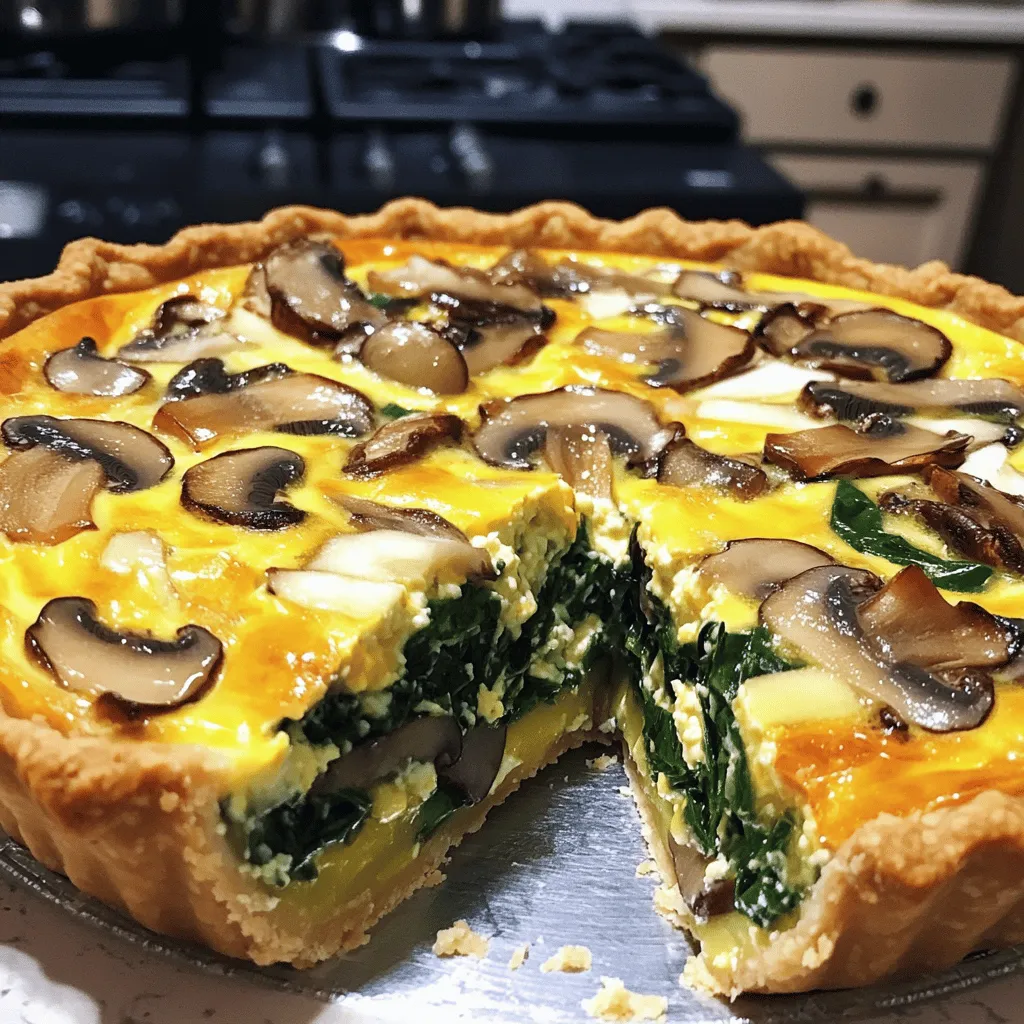 Here is what you need to make the savory mushroom and spinach quiche: - 1 pre-made pie crust - 2 cups fresh spinach - 1 cup sliced mushrooms - 1 small onion - 3 large eggs - 1 cup heavy cream - 1 cup shredded Swiss cheese - 1 teaspoon garlic powder - 1/2 teaspoon nutmeg - Salt and pepper - 1 tablespoon olive oil These ingredients come together to create a rich and flavorful quiche. The fresh spinach and mushrooms add a nice earthy taste. The Swiss cheese gives it a creamy texture. When picking mushrooms, I love using cremini or button mushrooms. They both add a wonderful depth of flavor. The spinach should be fresh and vibrant for the best taste and color. Using a pre-made pie crust saves time. You can also make your own for a special touch. Just remember, the crust forms the base for all the delicious layers you will build. This recipe really shines with the heavy cream, eggs, and spices. They blend together to create a smooth custard that holds everything in place. The nutmeg adds warmth and pairs well with the cheese. Once you gather these ingredients, you are ready to start cooking. For a full recipe, you can follow the detailed steps to create this delightful dish. Enjoy the process! Let’s dive into making a savory mushroom and spinach quiche! Follow these steps for a delicious meal. - Preheat the oven to 375°F (190°C). - Prepare the pie crust. If you use a store-bought one, it saves time. - Step 1: Sauté onions Heat 1 tablespoon of olive oil in a large skillet over medium heat. Add 1 small finely chopped onion. Cook until the onion is clear, about 3-4 minutes. This adds great flavor to your quiche. - Step 2: Add mushrooms and cook Next, toss in 1 cup of sliced mushrooms. Cook for about 5 minutes. Stir often until the mushrooms soften and turn golden brown. This step builds a solid base for your quiche. - Step 3: Stir in spinach and seasonings Now, add 2 cups of roughly chopped spinach, 1 teaspoon of garlic powder, 1/2 teaspoon of nutmeg, and some salt and pepper to taste. Cook for about 2 minutes until the spinach wilts down. Remove the skillet from heat and let it cool slightly. - Step 4: Mix eggs and cream In a mixing bowl, whisk together 3 large eggs and 1 cup of heavy cream. Make sure they blend well. Season with a pinch of salt and pepper. - Step 5: Combine all layers and bake Spread the cooked mushroom and spinach mix evenly over the pie crust. Pour the egg and cream mixture over the veggies. Top with 1 cup of shredded Swiss cheese. Bake in the oven for 30-35 minutes. The quiche is done when the center is firm and the top is golden brown. Enjoy making this savory mushroom and spinach quiche! For the full recipe, check out the details provided above. Using fresh ingredients really makes a difference in taste. Fresh spinach and mushrooms add a bright flavor. Choose a good cheese, too. Swiss gives a nice melt, but Gruyère can add a deeper flavor. Experiment with different cheeses to find your favorite. One common mistake is overbaking the quiche. Keep an eye on it while it bakes. The center should be set, but not dry. Another mistake is slicing too soon. Let the quiche rest for about 10 minutes after baking. This helps it firm up, making cutting easier. Enjoy your quiche warm or at room temperature. For the full recipe, check out the Savory Mushroom and Spinach Quiche. {{image_4}} You can swap the spinach for other greens. Kale and chard work well too. They add a nice twist to the dish. If you want a different cheese, try feta or goat cheese. Both add a tangy flavor and creamy texture. To boost the taste, add herbs like thyme or dill. They give the quiche a fresh aroma. You can also add bacon or ham for protein. This change makes the quiche heartier and more filling. Experimenting with these options keeps the meal fun and exciting. Each choice brings a new flavor to your Savory Mushroom and Spinach Quiche. For the complete recipe, check the [Full Recipe]. After enjoying your quiche, you can store leftovers easily. Place them in an airtight container. This keeps your quiche fresh and tasty. It's best to eat it within 3-4 days. If you wait too long, it may lose flavor and texture. Want to save some for later? You can freeze slices or the whole quiche. Wrap it tightly in plastic wrap and then in foil. This way, it stays safe from freezer burn. When you want to enjoy it again, simply thaw it in the fridge overnight. To reheat, bake it at 350°F (175°C) for about 20-25 minutes. This warms it through and helps keep it crispy. For the best taste, don’t freeze it for more than two months. You can pair your quiche with many great side dishes. A fresh garden salad adds crunch and color. You might also enjoy serving it with roasted vegetables. Another option is a light soup, like tomato or butternut squash. These sides balance the rich flavors of the quiche. Yes, you can prepare this quiche ahead of time. Make it the day before and store it in the fridge. Just bake it when you are ready to serve. You can also freeze the quiche before baking. Wrap it well and freeze for up to three months. When ready, thaw it in the fridge and then bake. Yes, this quiche is perfect for vegetarians. It contains no meat, only fresh veggies and cheese. You can enjoy it guilt-free while still getting a tasty meal. This makes it a great option for brunch with friends or family. This blog post detailed making a savory mushroom and spinach quiche. We covered ingredients, step-by-step instructions, and tips to avoid common mistakes. You can switch greens and cheeses to suit your taste. Make sure to store leftovers properly for the best flavor. Quiche is easy to prepare ahead and fits many diets. Enjoy cooking and experimenting with this tasty dish in your kitchen! You will love the results.