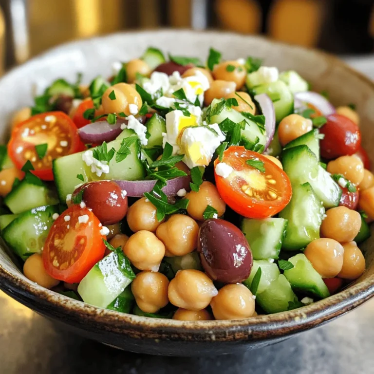 This Mediterranean chickpea salad is fresh and easy. You can make it in just 15 minutes. It’s perfect for a quick lunch or a side dish. You can find the full recipe at the bottom. Here are the ingredients you will need: - 1 can (15 oz) chickpeas, drained and rinsed - 1 cup cherry tomatoes, halved - 1 cucumber, diced into bite-sized pieces - 1/2 red onion, finely chopped - 1/3 cup Kalamata olives, pitted and sliced - 1/4 cup feta cheese, crumbled - 2 tablespoons fresh parsley, chopped - 2 tablespoons extra virgin olive oil - 2 tablespoons fresh lemon juice - 1 teaspoon dried oregano - Salt and freshly ground black pepper to taste When you pick your ingredients, look for bright colors and firm textures. For tomatoes, choose ones that feel heavy for their size. A ripe cucumber should be smooth and firm. When selecting red onion, avoid any that have soft spots. For olives, pick a jar that looks full and well-sealed. Fresh herbs should smell fragrant and look vibrant. Always choose extra virgin olive oil for the best flavor. Finally, opt for feta that is creamy and not too dry. First, grab a large mixing bowl. Add the drained and rinsed chickpeas to the bowl. Next, toss in the halved cherry tomatoes and diced cucumber. Chop the red onion finely and add that too. Finally, include the sliced Kalamata olives. Gently mix everything to blend well. Now, it’s time for cheese and herbs. Sprinkle the crumbled feta cheese over the chickpea mix. Then, add the chopped fresh parsley. This will give the salad a nice pop of color and flavor. In a small bowl, whisk together the extra virgin olive oil and fresh lemon juice. Add the dried oregano, salt, and freshly ground black pepper. Mix until everything is well combined. This dressing will bring the salad to life. Pour the dressing over the chickpea mixture. Use a spatula or large spoon to toss gently. Make sure all the ingredients are well coated with the dressing. This step helps every bite taste amazing. Take a moment to taste your salad. If it needs more flavor, add more salt, pepper, or lemon juice. Adjust the seasoning until it suits your taste. This is your salad, so make it yours! Cover the bowl with plastic wrap or a lid. Place the salad in the fridge for at least 30 minutes. Chilling allows the flavors to meld beautifully. This step is key for a refreshing salad. Once chilled, it’s time to serve. You can serve it straight from the fridge or at room temperature. For a special touch, garnish with more crumbled feta and parsley. This adds a nice finish and makes it look inviting. For the full recipe, check out the [Full Recipe] section. When making Mediterranean Chickpea Salad, always use fresh ingredients. Fresh herbs and ripe tomatoes make a big difference. Rinse your chickpeas well to remove any canning liquid. This helps improve flavor and texture. Cut your vegetables into similar sizes for even bites. It makes the salad look nice and taste better. You can prepare this salad a day in advance. Just follow the recipe and chill it in the fridge. The flavors will blend well overnight. If you make it ahead, wait to add the feta and parsley until right before serving. This keeps them fresh and tasty. Serve this salad as a light lunch or as a side dish. It pairs nicely with grilled chicken or fish. You can also serve it with pita bread or hummus for a fun twist. For extra crunch, add some toasted nuts or seeds on top. Feel free to experiment with your favorite ingredients! Check out the Full Recipe for more ideas. {{image_4}} You can change some ingredients if you want. For example, swap feta cheese for avocado. This adds creaminess and healthy fats. If you don’t like olives, try capers instead. They bring a nice tangy flavor. You can also use any fresh herbs you like, such as mint or cilantro. This salad fits many diets. It’s already vegan if you skip the feta cheese. For low-carb eaters, reduce chickpeas and add more veggies. You can make it gluten-free by using only safe ingredients. This salad is hearty, making it perfect for those on a plant-based diet. You can change the salad with the seasons. In spring, add fresh peas or asparagus. In summer, include bell peppers or zucchini. In fall, roasted squash adds warmth. In winter, use kale for a hearty twist. You can mix and match as you like for a fresh vibe each time. Using the Full Recipe, you can create a delightful dish that fits any season or diet. Store any leftover Mediterranean Chickpea Salad in an airtight container. This keeps it fresh. Place the container in the fridge. The cold air helps maintain flavor and texture. While I don’t recommend freezing this salad, you can freeze the chickpeas. Drain and rinse them first. Place them in a freezer-safe bag. Squeeze out the air before sealing. They can last up to three months in the freezer. The salad lasts about three days in the fridge. After that, the veggies may get soggy. To keep it fresh longer, store the dressing separately. Combine it right before serving. This keeps all the flavors bright and tasty. For more details on preparing the dish, refer to the Full Recipe. Yes, you can use dried chickpeas. Just soak them overnight. Cook them until tender. This method takes longer but adds great flavor. This salad pairs well with grilled chicken or fish. You can also serve it with pita bread or quinoa. It makes a tasty side dish or a light main meal. The salad can stay fresh in the fridge for about three days. Keep it in a sealed container. The flavors will deepen as it sits. Absolutely! Just skip the feta cheese. You can replace it with vegan cheese or leave it out. The salad still tastes great without it. Yes, this Mediterranean Chickpea Salad is gluten-free. All the ingredients are safe for a gluten-free diet. Enjoy it without worry! This blog post covers how to make a delicious Mediterranean Chickpea Salad. We started with key ingredients and then went through step-by-step instructions. You learned valuable tips for prep and how to store leftovers. Variations allow for personal taste and dietary needs. In conclusion, with simple steps and fresh ingredients, you can create a tasty dish. Enjoying this salad can be fun and healthy. Experiment with it to make it your own!