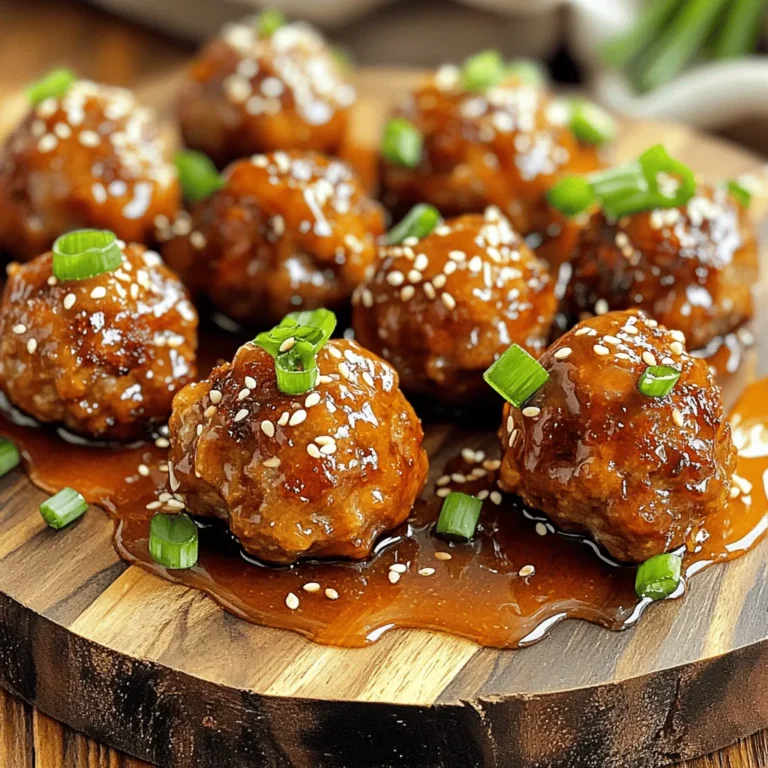 To make tasty honey garlic meatballs, you need: - 1 pound ground beef (or a blend of beef and pork for extra flavor) - 1/2 cup fresh breadcrumbs (homemade or store-bought) - 1/4 cup grated Parmesan cheese (for richness) - 1 large egg (to bind the mixture) - 2 cloves garlic, finely minced (for depth) - 1 tablespoon fresh ginger, finely minced (adds warmth) - 1/4 cup chopped green onions (for freshness) - Salt and black pepper to taste These main ingredients create a rich and flavorful base for the meatballs. The garlic and ginger add a nice zing, while the egg helps hold everything together. The honey garlic sauce is where the magic happens. You’ll need: - 1/2 cup honey (natural sweetness) - 1/4 cup soy sauce (for savory flavor) - 1 tablespoon rice vinegar (adds tang) - 1 teaspoon sesame oil (for nuttiness) - 1 teaspoon cornstarch mixed with 1 tablespoon water (to thicken the sauce) This sauce blends sweet and savory flavors. The honey pairs well with soy sauce, creating a perfect glaze for the meatballs. Feel free to customize your meatballs! Here are some ideas: - Use ground turkey instead of beef for a lighter option. - Add chopped herbs like parsley or cilantro for extra freshness. - Swap in breadcrumbs for crushed crackers if you want a different texture. - For a spicy kick, mix in some red pepper flakes. These tweaks can help you make the recipe your own. Enjoy experimenting with flavors! For the complete recipe, check out the Full Recipe link. To make tasty meatballs, start by gathering your ingredients. In a big bowl, combine: - 1 pound ground beef (or beef and pork mix) - 1/2 cup fresh breadcrumbs - 1/4 cup grated Parmesan cheese - 1 large egg - 2 cloves garlic, finely minced - 1 tablespoon fresh ginger, finely minced - 1/4 cup chopped green onions - Salt and black pepper to taste Use your hands or a spatula to mix these well. Be gentle! Overmixing will make the meatballs tough. You want them soft and tender. Now, it’s time to bake. Preheat your oven to 400°F (200°C). This step helps the meatballs cook evenly. Line a baking sheet with parchment paper. This keeps them from sticking and makes cleaning easy. Next, use clean hands to scoop out the meat mixture. Roll it into small balls, about 1 inch wide. Place them on the baking sheet, leaving space between each one. Bake for 15 to 20 minutes. You’ll know they’re done when they turn golden brown and reach an internal temperature of 165°F. While the meatballs bake, prepare the delicious sauce. In a small saucepan, mix: - 1/2 cup honey - 1/4 cup soy sauce - 1 tablespoon rice vinegar - 1 teaspoon sesame oil Heat this mix over medium heat. Stir it gently until it simmers. In a small bowl, mix 1 teaspoon cornstarch with 1 tablespoon water. Stir this into the sauce to thicken it. Cook for 2-3 more minutes until the sauce is shiny and thick. Once the meatballs are ready, take them out of the oven. Place them in a serving dish. Drizzle the warm honey garlic sauce over them. Garnish with extra chopped green onions for a fresh look. Enjoy every bite! For the full recipe, check out the details above. To make tender meatballs, start by mixing the meat gently. Overmixing makes them tough. Add breadcrumbs and egg for moisture. Let the mixture rest for a few minutes before shaping. This helps flavors blend well. Use clean hands to form the meatballs. Aim for about one inch in size for even cooking. For a rich honey garlic sauce, combine honey and soy sauce in a small pan. Heat it slowly to keep the honey from burning. Adding rice vinegar brings a nice tang. Finally, mix cornstarch with a bit of water to thicken it. Stir this mixture into the sauce until it coats the back of a spoon. This step is key for a glossy finish. These honey garlic meatballs shine on their own. Serve them on a platter with toothpicks. Pair them with rice or noodles for a full meal. Fresh veggies, like steamed broccoli or a crisp salad, add color and crunch. For added flair, drizzle extra sauce over the meatballs and sprinkle sesame seeds. This makes for a lovely presentation. Check the [Full Recipe] for more details! {{image_4}} You can use many meats for honey garlic meatballs. Ground beef is classic, but ground pork adds great flavor. You can even mix beef and pork for a tasty twist. Ground turkey is a leaner choice. It still pairs well with honey garlic sauce. Chicken also works great if you prefer a lighter meat. The key is to choose a meat you love. If you want a meat-free option, try using plant-based ground meat. There are many brands available today. You can also make meatballs with lentils or chickpeas. Just mash them up and mix in the same ingredients. For a fun twist, use quinoa or rice as a base. They both add texture and make the dish hearty. You can add fun flavors to your meatballs. Try mixing in some grated carrots or chopped bell peppers for a veggie boost. Fresh herbs, like cilantro or basil, can give a fresh kick. If you like heat, add red pepper flakes or sriracha to the mix. For an Asian twist, toss in some chopped water chestnuts or sesame seeds. These add crunch and make your meatballs stand out. You can find the full recipe to try these variations. After enjoying your honey garlic meatballs, let them cool down. Place them in an airtight container. They will stay fresh in the fridge for about 3 to 4 days. Make sure to separate layers with parchment paper to avoid sticking. To reheat, use the oven for best results. Preheat it to 350°F (175°C). Place the meatballs on a baking sheet. Heat them for about 10 to 15 minutes. This keeps them juicy and warm. You can also use the microwave, but they might get soggy. If you do use the microwave, cover them with a damp paper towel to keep moisture in. For long-term storage, you can freeze the meatballs. First, let them cool completely. Then, place them on a baking sheet in a single layer. Freeze them for a couple of hours until firm. Once frozen, transfer them to a freezer bag. They can last up to 3 months. When ready to eat, thaw them in the fridge overnight before reheating. These steps will help you enjoy your honey garlic meatballs anytime! Check out the Full Recipe for more cooking tips. Yes, you can use ground turkey instead of beef. Ground turkey makes a lighter meatball. It has less fat, so you may want to add a bit more cheese or breadcrumbs. This keeps the meatballs moist and tasty. The flavor will change slightly, but they will still taste great. To check if your meatballs are done, use a meat thermometer. They need to reach 165°F inside. You can also cut one in half. The inside should be no longer pink. Look for a nice golden brown color on the outside. These signs show that your meatballs are safe to eat. Honey garlic meatballs pair well with many sides. Here are some ideas: - Steamed rice - Roasted vegetables - Noodles - Salad - Mashed potatoes These sides balance the sweet and savory flavors. You can mix and match for a fun meal. For more ideas, check out the Full Recipe for serving suggestions. Honey garlic meatballs are simple and tasty. We covered the main ingredients and how to mix them. You learned step-by-step instructions for baking and making the sauce. I shared tips for tender meatballs and perfect sauce. You can also explore meat options and vegetarian choices. Don’t forget about storing leftovers and reheating them. Try the variations for a new twist. Enjoy cooking, and have fun sharing these delightful bites with friends and family!