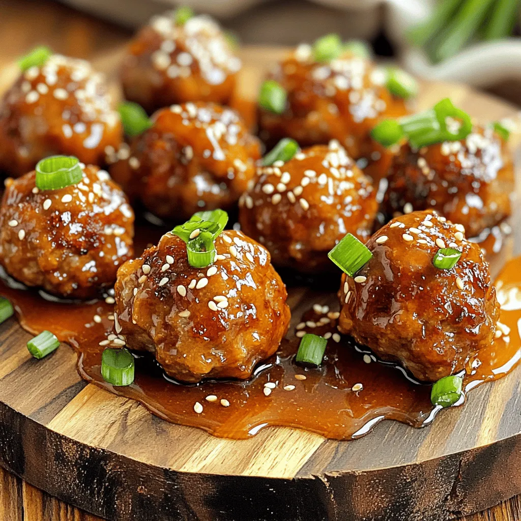 To make tasty honey garlic meatballs, you need: - 1 pound ground beef (or a blend of beef and pork for extra flavor) - 1/2 cup fresh breadcrumbs (homemade or store-bought) - 1/4 cup grated Parmesan cheese (for richness) - 1 large egg (to bind the mixture) - 2 cloves garlic, finely minced (for depth) - 1 tablespoon fresh ginger, finely minced (adds warmth) - 1/4 cup chopped green onions (for freshness) - Salt and black pepper to taste These main ingredients create a rich and flavorful base for the meatballs. The garlic and ginger add a nice zing, while the egg helps hold everything together. The honey garlic sauce is where the magic happens. You’ll need: - 1/2 cup honey (natural sweetness) - 1/4 cup soy sauce (for savory flavor) - 1 tablespoon rice vinegar (adds tang) - 1 teaspoon sesame oil (for nuttiness) - 1 teaspoon cornstarch mixed with 1 tablespoon water (to thicken the sauce) This sauce blends sweet and savory flavors. The honey pairs well with soy sauce, creating a perfect glaze for the meatballs. Feel free to customize your meatballs! Here are some ideas: - Use ground turkey instead of beef for a lighter option. - Add chopped herbs like parsley or cilantro for extra freshness. - Swap in breadcrumbs for crushed crackers if you want a different texture. - For a spicy kick, mix in some red pepper flakes. These tweaks can help you make the recipe your own. Enjoy experimenting with flavors! For the complete recipe, check out the Full Recipe link. To make tasty meatballs, start by gathering your ingredients. In a big bowl, combine: - 1 pound ground beef (or beef and pork mix) - 1/2 cup fresh breadcrumbs - 1/4 cup grated Parmesan cheese - 1 large egg - 2 cloves garlic, finely minced - 1 tablespoon fresh ginger, finely minced - 1/4 cup chopped green onions - Salt and black pepper to taste Use your hands or a spatula to mix these well. Be gentle! Overmixing will make the meatballs tough. You want them soft and tender. Now, it’s time to bake. Preheat your oven to 400°F (200°C). This step helps the meatballs cook evenly. Line a baking sheet with parchment paper. This keeps them from sticking and makes cleaning easy. Next, use clean hands to scoop out the meat mixture. Roll it into small balls, about 1 inch wide. Place them on the baking sheet, leaving space between each one. Bake for 15 to 20 minutes. You’ll know they’re done when they turn golden brown and reach an internal temperature of 165°F. While the meatballs bake, prepare the delicious sauce. In a small saucepan, mix: - 1/2 cup honey - 1/4 cup soy sauce - 1 tablespoon rice vinegar - 1 teaspoon sesame oil Heat this mix over medium heat. Stir it gently until it simmers. In a small bowl, mix 1 teaspoon cornstarch with 1 tablespoon water. Stir this into the sauce to thicken it. Cook for 2-3 more minutes until the sauce is shiny and thick. Once the meatballs are ready, take them out of the oven. Place them in a serving dish. Drizzle the warm honey garlic sauce over them. Garnish with extra chopped green onions for a fresh look. Enjoy every bite! For the full recipe, check out the details above. To make tender meatballs, start by mixing the meat gently. Overmixing makes them tough. Add breadcrumbs and egg for moisture. Let the mixture rest for a few minutes before shaping. This helps flavors blend well. Use clean hands to form the meatballs. Aim for about one inch in size for even cooking. For a rich honey garlic sauce, combine honey and soy sauce in a small pan. Heat it slowly to keep the honey from burning. Adding rice vinegar brings a nice tang. Finally, mix cornstarch with a bit of water to thicken it. Stir this mixture into the sauce until it coats the back of a spoon. This step is key for a glossy finish. These honey garlic meatballs shine on their own. Serve them on a platter with toothpicks. Pair them with rice or noodles for a full meal. Fresh veggies, like steamed broccoli or a crisp salad, add color and crunch. For added flair, drizzle extra sauce over the meatballs and sprinkle sesame seeds. This makes for a lovely presentation. Check the [Full Recipe] for more details! {{image_4}} You can use many meats for honey garlic meatballs. Ground beef is classic, but ground pork adds great flavor. You can even mix beef and pork for a tasty twist. Ground turkey is a leaner choice. It still pairs well with honey garlic sauce. Chicken also works great if you prefer a lighter meat. The key is to choose a meat you love. If you want a meat-free option, try using plant-based ground meat. There are many brands available today. You can also make meatballs with lentils or chickpeas. Just mash them up and mix in the same ingredients. For a fun twist, use quinoa or rice as a base. They both add texture and make the dish hearty. You can add fun flavors to your meatballs. Try mixing in some grated carrots or chopped bell peppers for a veggie boost. Fresh herbs, like cilantro or basil, can give a fresh kick. If you like heat, add red pepper flakes or sriracha to the mix. For an Asian twist, toss in some chopped water chestnuts or sesame seeds. These add crunch and make your meatballs stand out. You can find the full recipe to try these variations. After enjoying your honey garlic meatballs, let them cool down. Place them in an airtight container. They will stay fresh in the fridge for about 3 to 4 days. Make sure to separate layers with parchment paper to avoid sticking. To reheat, use the oven for best results. Preheat it to 350°F (175°C). Place the meatballs on a baking sheet. Heat them for about 10 to 15 minutes. This keeps them juicy and warm. You can also use the microwave, but they might get soggy. If you do use the microwave, cover them with a damp paper towel to keep moisture in. For long-term storage, you can freeze the meatballs. First, let them cool completely. Then, place them on a baking sheet in a single layer. Freeze them for a couple of hours until firm. Once frozen, transfer them to a freezer bag. They can last up to 3 months. When ready to eat, thaw them in the fridge overnight before reheating. These steps will help you enjoy your honey garlic meatballs anytime! Check out the Full Recipe for more cooking tips. Yes, you can use ground turkey instead of beef. Ground turkey makes a lighter meatball. It has less fat, so you may want to add a bit more cheese or breadcrumbs. This keeps the meatballs moist and tasty. The flavor will change slightly, but they will still taste great. To check if your meatballs are done, use a meat thermometer. They need to reach 165°F inside. You can also cut one in half. The inside should be no longer pink. Look for a nice golden brown color on the outside. These signs show that your meatballs are safe to eat. Honey garlic meatballs pair well with many sides. Here are some ideas: - Steamed rice - Roasted vegetables - Noodles - Salad - Mashed potatoes These sides balance the sweet and savory flavors. You can mix and match for a fun meal. For more ideas, check out the Full Recipe for serving suggestions. Honey garlic meatballs are simple and tasty. We covered the main ingredients and how to mix them. You learned step-by-step instructions for baking and making the sauce. I shared tips for tender meatballs and perfect sauce. You can also explore meat options and vegetarian choices. Don’t forget about storing leftovers and reheating them. Try the variations for a new twist. Enjoy cooking, and have fun sharing these delightful bites with friends and family!