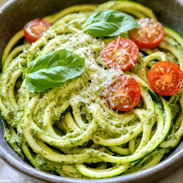 To make zesty zucchini noodles with creamy avocado pesto, gather the following: - 4 medium zucchinis - 1 ripe avocado - 1 cup fresh basil leaves, tightly packed - 2 tablespoons fresh lemon juice - 1/4 cup walnuts or pine nuts, roughly chopped - 2 cloves garlic, peeled - 1/4 teaspoon salt - 1/4 teaspoon freshly ground black pepper - 1/4 teaspoon red pepper flakes (optional, for a spicy kick) - 1 tablespoon extra-virgin olive oil - Handful of cherry tomatoes, halved (for garnish) - Grated Parmesan cheese (optional, for garnish) If you don’t have zucchini, you can try using carrots or cucumber. For the nuts, sunflower seeds or cashews work well too. You can replace avocado with cooked spinach for a different flavor. If you prefer a vegan option, skip the Parmesan cheese or use nutritional yeast for a cheesy taste. Zucchini is low in calories and high in water, making it great for hydration. Avocado adds healthy fats and fiber, which help you feel full. Fresh basil is full of antioxidants and has anti-inflammatory properties. Garlic can boost your immune system and adds great flavor. Nuts provide protein and healthy fats, making this meal balanced and nutritious. To start, grab your zucchini. I recommend using 4 medium zucchinis for this dish. Using a spiralizer or a julienne peeler, turn the zucchinis into noodles. This is a fun step! After making the noodles, place them in a colander. Let them drain for about 10 minutes. This helps get rid of extra water. Less water means better texture when you cook them. Next, it's time to make the creamy avocado pesto. You will need 1 ripe avocado, 1 cup of fresh basil leaves, and 2 tablespoons of fresh lemon juice. Also, grab 1/4 cup of walnuts or pine nuts, 2 cloves of garlic, and seasonings. Add 1/4 teaspoon of salt, 1/4 teaspoon of black pepper, and 1/4 teaspoon of red pepper flakes if you want some heat. Put all these ingredients in a food processor. Pulse until everything is chopped well. As you pulse, slowly add 1 tablespoon of olive oil. This will make your pesto smooth and creamy. Now let’s cook the zucchini noodles. Heat a large skillet over medium heat. Add the drained noodles. Sauté them for about 2 to 3 minutes. You want them to be soft but not mushy. Once they are ready, take the skillet off the heat. Carefully add the creamy avocado pesto to your noodles. Toss well so every strand gets covered in the bright green sauce. For a final touch, serve the zesty zucchini noodles in bowls. Top them with halved cherry tomatoes and grated Parmesan cheese if you like. Enjoy your colorful, healthy meal! To keep your zucchini noodles firm, start by draining them. After spiralizing, place the zoodles in a colander for about 10 minutes. This step removes excess water. You can also sprinkle a little salt on them to draw out moisture. Avoid cooking them too long; just sauté for 2-3 minutes. This keeps them al dente and not mushy. You can boost the flavor of your zucchini noodles in many ways. Consider adding cherry tomatoes for sweetness and color. A sprinkle of fresh herbs like parsley or cilantro can add brightness. You might even toss in some sautéed garlic or onions for an aromatic touch. If you love spice, add red pepper flakes or a dash of hot sauce to the pesto. If you want to prepare meals in advance, you can make the pesto ahead of time. Store it in an airtight container in the fridge. Just remember to drizzle a bit of olive oil on top to keep it fresh. For the zoodles, spiralize them the night before and store them in a sealed bag with a paper towel. This helps absorb any extra moisture and keeps them crisp for your meal. Check out the Full Recipe for more meal prep ideas. {{image_4}} You can change the nuts in your pesto. Each nut gives a unique taste. If you want, use almonds instead of walnuts. Almonds add a nice crunch. Cashews are creamy and sweet. They blend well in pesto too. Pine nuts are classic, but they can be pricey. You can also try sunflower seeds. They are a great nut-free option. This way, anyone can enjoy the dish. Adding protein makes your meal heartier. Grilled chicken is a great choice. It pairs well with the fresh pesto. Shrimp is another tasty option. Sauté shrimp in garlic and olive oil for extra flavor. If you prefer plant-based options, try chickpeas. They add protein and fiber to your dish. Tofu works too. Just sauté it with a bit of salt and pepper. Low-carb add-ins can boost flavor without extra carbs. You can add spinach for more nutrients. It cooks down and blends well with the noodles. Baby kale is another great choice. It adds color and texture. Sauté mushrooms for a savory touch. They are low in carbs and full of flavor. Bell peppers add sweetness and crunch; they are also low-carb. These add-ins keep your meal light and delicious. To keep your leftover zoodles and pesto fresh, store them separately. Place the zoodles in an airtight container. Make sure to remove as much air as possible. This helps prevent sogginess. For the pesto, transfer it to a jar. Pour a thin layer of olive oil on top before sealing. This layer keeps the pesto vibrant and green. When reheating zoodles, gentle heat is key. Use a skillet on low heat. Add a splash of water to help steam them back to life. Heat them for just a minute or two. Avoid cooking too long to keep them from becoming mushy. For pesto, warm it gently in the microwave. Heat for 10-second bursts, stirring in between. This keeps the flavor intact without losing its creamy texture. You can freeze pesto for later meals. Pour it into an ice cube tray. Once frozen, pop the cubes out and store them in a freezer bag. This way, you can grab a cube whenever you want fresh pesto. Just thaw it in the fridge overnight or warm it up directly in a skillet. Using frozen pesto makes meal prep quick and easy. For the full recipe, check out the Zesty Zucchini Noodles with Creamy Avocado Pesto! Yes, you can use store-bought pesto for quick meals. It saves time and still tastes great. Look for brands with fresh ingredients. Read the label to avoid additives. Store-bought pesto pairs well with zucchini noodles. Yes, zucchini noodles are gluten-free. They come from zucchinis, which are a vegetable. This makes them a great choice for gluten-free diets. You can enjoy them without worry. They provide a healthy, low-carb alternative to pasta. You can serve zucchini noodles with many toppings. Here are some ideas: - Grilled chicken or shrimp for protein - Sautéed bell peppers and mushrooms for veggies - A sprinkle of feta or goat cheese for creaminess - Fresh herbs like parsley or cilantro for flavor These additions can make your meal more filling and tasty. You can find the full recipe above for a delicious idea! This blog post covered all about zucchini noodles and how to make them tasty. We discussed key ingredients, easy steps, and helpful tips for great results. You can choose different nuts, add proteins, or make mini-meals. Proper storage keeps leftovers fresh and tasty. Zucchini noodles are fun, healthy, and quick to prepare. With the right choices, you can enjoy a delicious meal anytime. Now, it’s time to get cooking and enjoy your new dish!