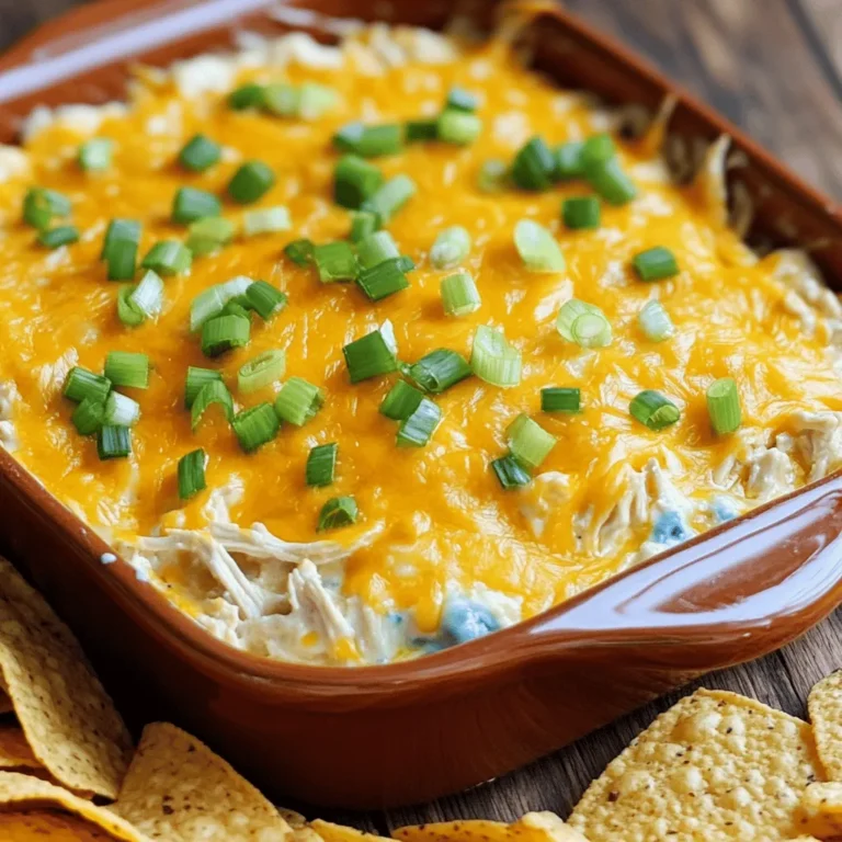 - 2 cups cooked, shredded chicken - 1 cup cream cheese, softened at room temperature - 1/2 cup sour cream - 1/2 cup blue cheese dressing - 1/2 cup buffalo hot sauce (adjust based on desired heat level) - 1 cup shredded sharp cheddar cheese, divided Buffalo chicken dip uses simple yet tasty ingredients. I always opt for rotisserie chicken. It saves time and tastes great. Cream cheese and sour cream give the dip its creamy base. Blue cheese dressing adds a rich flavor. The buffalo hot sauce brings the heat. You can adjust it to your spice level. Finally, the cheddar cheese melts beautifully on top for extra flavor. - 1/4 cup freshly chopped green onions - Additional toppings Garnishes make the dip look appealing. I love adding chopped green onions for color and a fresh bite. You can also try toppings like diced celery or extra cheese. These small touches make your dip stand out at any gathering. Want to serve it with something crunchy? Use tortilla chips or celery sticks for dipping. It’s fun and delicious! For the full recipe, check out Buffalo Chicken Dip Fever. 1. Start by preheating your oven to 350°F (175°C). This helps the dip cook evenly. 2. In a large bowl, mix together the cream cheese, sour cream, and blue cheese dressing. Use a hand mixer or whisk to make it smooth and creamy. 3. Now, fold in the cooked, shredded chicken and buffalo hot sauce. Add half of the shredded cheddar cheese. Stir until everything is well mixed and coated with sauce. 1. Transfer the mixture to a medium baking dish. Spread it out evenly for a nice layer. 2. Sprinkle the remaining cheddar cheese on top. This will create a delicious cheesy crust. 3. Bake in the preheated oven for 20-25 minutes. Watch for bubbles and golden cheese on top. When it looks ready, take it out and let it cool a bit. This simple process ensures a tasty Buffalo chicken dip for any gathering. Don't forget to check the Full Recipe for more details! To make Buffalo Chicken Dip just right, you can adjust the spice levels. If you love heat, stick with the full amount of hot sauce. For milder tastes, reduce the hot sauce. You can also mix in some ranch dressing for a creamier dip. For cheese alternatives, try using cream cheese with a lower fat content. Neufchâtel cheese works well here. If you want more flavor, consider adding pepper jack cheese. It gives a nice kick without being too spicy. The best dippers for Buffalo Chicken Dip are tortilla chips and crunchy celery sticks. Tortilla chips provide a nice crunch. Celery sticks add a fresh, crisp taste. You can also try carrot sticks or pita chips for a fun twist. For presentation ideas at parties, serve the dip right in the baking dish. Place it on a wooden board surrounded by colorful tortilla chips or celery sticks. This makes it easy for everyone to dig in and enjoy! {{image_4}} To make Buffalo Chicken Dip lighter, consider some easy swaps. You can use low-fat cheese instead of regular cheese. This keeps the dip creamy without all the fat. For a dairy-free option, try vegan cream cheese and a plant-based dressing. These choices still pack flavor but are kinder to your waistline. Want to spice things up? There are many sauces you can try. Instead of just buffalo sauce, consider BBQ sauce or sriracha for a twist. You can also mix in hot sauce with a fruity kick, like mango or pineapple. Adding vegetables can boost texture and flavor. Chopped celery, bell peppers, or even spinach can add crunch and color. They also make the dip healthier. Just remember to keep the flavors balanced. Too many veggies can overpower the dish. For more details on making Buffalo Chicken Dip, check out the Full Recipe. To store leftover Buffalo Chicken Dip, let it cool first. Then, place it in an airtight container. This keeps the dip fresh longer. You can store it in the fridge for about 3 to 4 days. Remember to label the container with the date. This helps you track how long it has been stored. To reheat Buffalo Chicken Dip, use the oven or microwave. If using the oven, preheat it to 350°F (175°C). Place the dip in an oven-safe dish and cover it with foil. Heat for about 15-20 minutes. This method keeps the dip creamy and warm. If you prefer the microwave, use a microwave-safe bowl. Heat it in short bursts of 30 seconds. Stir in between to mix well. This method is quick but can cause the dip to separate if overheated. Always stir the dip before serving to keep it smooth. Yes, you can make Buffalo Chicken Dip ahead of time. Prepare the dip, but do not bake it. Cover it tightly and store it in the fridge. You can keep it there for up to two days. When you’re ready to serve, bake it as directed. This saves you time on the day of your gathering. Buffalo Chicken Dip pairs well with many tasty items. Here are some great options: - Tortilla chips - Crunchy celery sticks - Carrot sticks - Pita chips - Fresh veggies, like bell peppers These dippers add fun and flavor to your dip experience. To adjust the heat, simply change the amount of buffalo hot sauce. For a spicier dip, add more sauce. If you want it milder, cut back on the sauce. You can also use a milder sauce. Another trick is to mix in more cheese or sour cream to tone down the heat. In this blog post, we covered how to make Buffalo chicken dip. We explored the main ingredients, preparation steps, baking tips, and serving ideas. You learned about variations for healthier options and storage methods. When you try this dip, you can savor the great taste and share it with friends. Keep experimenting with flavors and enjoy this dish at your next gathering!