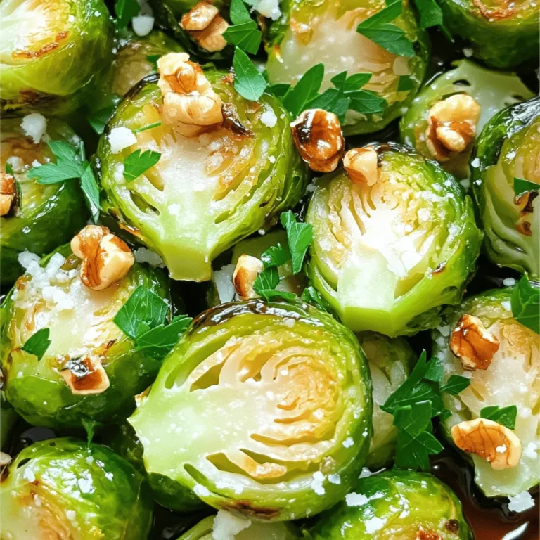 - 1 lb Brussels sprouts - 3 tablespoons balsamic vinegar - 2 tablespoons honey or maple syrup - 3 tablespoons extra virgin olive oil - 4 cloves garlic, minced - Salt and pepper to taste - 1/4 cup grated Parmesan cheese - 1/4 cup walnuts, toasted and chopped - Fresh parsley, finely chopped To make Balsamic Glazed Brussels Sprouts, you need simple, fresh ingredients. First, get Brussels sprouts. They should be trimmed and halved for even cooking. Then, grab balsamic vinegar, which adds a sweet and tangy flavor. Honey or maple syrup brings extra sweetness. Next, use extra virgin olive oil. It helps the sprouts roast nicely. Minced garlic adds a rich flavor that enhances the dish. Season with salt and pepper to taste. For a tasty twist, consider adding optional ingredients. Grated Parmesan cheese melts into the warm sprouts, adding creaminess. Chopped walnuts provide a nice crunch. Fresh parsley adds a pop of color and freshness. Together, these ingredients create a delicious side dish that everyone will love. You can find the full recipe above to guide you through the cooking process. 1. Preheat your oven to 400°F (200°C). This step is key for roasting the Brussels sprouts perfectly. 2. Trim the ends of the Brussels sprouts and slice each one in half. This helps them cook evenly. 1. In a large mixing bowl, add the halved Brussels sprouts, minced garlic, balsamic vinegar, honey or maple syrup, and extra virgin olive oil. 2. Season the mixture with salt and freshly ground black pepper. Toss everything well to coat the sprouts nicely. 1. Spread the Brussels sprouts in a single layer on a parchment-lined baking sheet. This allows them to roast rather than steam. 2. Place the baking sheet into the preheated oven and roast for 20-25 minutes. Shake the pan gently halfway through to help them brown evenly. 3. Check for doneness by piercing a sprout with a fork. It should be tender and slightly crispy on the edges. This step-by-step guide will help you create a delicious dish of balsamic glazed Brussels sprouts. For the full recipe, refer to the earlier section. Enjoy cooking! To get that great, even browning, space the Brussels sprouts well on the pan. Each sprout should have room around it. If they touch, they will steam instead of roast. Make sure to shake the pan halfway through cooking. This helps them brown evenly. The cooking time is key. Roast at 400°F (200°C) for 20 to 25 minutes. Check them at the 20-minute mark. They should be tender and slightly crispy. If they are not done, give them a few more minutes. Adding cheese can boost flavor. A sprinkle of grated Parmesan adds creaminess. It melts slightly on warm sprouts, making each bite rich. Fresh herbs like parsley bring brightness. A sprinkle of chopped parsley on top adds a nice color. It also gives a fresh taste that balances the rich glaze. One big mistake is overcrowding the pan. This can lead to soggy sprouts. Always use a large enough baking sheet. Another mistake is skipping seasoning. The salt and pepper elevate the taste. Don’t forget to season well before roasting. This step enhances the dish’s flavor. For the full recipe, check out the complete guide. {{image_4}} You can easily boost the taste of your balsamic glazed Brussels sprouts. Start by adding spices or herbs. Try red pepper flakes for heat or thyme for a fresh touch. You can also add alternative sweeteners. If you prefer, use agave syrup instead of honey or maple syrup. Each sweetener brings a unique flavor, so experiment to find your favorite. If you want a vegan or dairy-free option, simply skip the Parmesan cheese. You can also try nutritional yeast for a cheesy flavor without dairy. For low-carb adaptations, reduce the honey or maple syrup. This keeps the dish flavorful while lowering the carbs. These Brussels sprouts pair well with many main dishes. Serve them alongside roasted chicken or grilled salmon for a balanced meal. You can also get creative with serving ideas. Try topping them on a salad or mixing them into a grain bowl. Their rich flavor adds depth to any dish! For the full recipe, check out the Balsamic Bliss Brussels Sprouts. To keep your Balsamic Glazed Brussels Sprouts fresh, store leftovers in the refrigerator. Place them in an airtight container. They will stay good for up to 3 days. When you want to enjoy them again, just take them out and check for any changes in texture or smell before reheating. If you want to save Brussels sprouts for later, you can freeze them. First, let them cool completely after cooking. Then, spread them on a baking sheet in a single layer. Freeze for a few hours until they are solid. Once frozen, transfer them to a freezer bag. They will last for about 3 months. Make sure to label the bag with the date. When it's time to eat your Brussels sprouts again, reheating is simple. The best way is to use an oven. Preheat it to 350°F (175°C). Spread the sprouts on a baking sheet and heat for about 10-15 minutes. This helps keep them crispy. You can also microwave them, but they may become soft. If you use the microwave, heat in short bursts to avoid overcooking. Enjoy your leftover sprouts just as much as the first time! Yes, you can use frozen Brussels sprouts. However, they may lose some flavor and texture. Frozen sprouts often become mushy when cooked. For best results, I recommend using fresh Brussels sprouts. Fresh ones will give you a crisp bite and better flavor. Cutting Brussels sprouts is simple. Start by trimming the stem end. Then, slice them in half from the top to the bottom. If they are large, you can quarter them. This helps them cook evenly. Always make sure to wash them well before cutting. You can prepare this dish ahead of time. You can wash, trim, and cut the Brussels sprouts earlier in the day. Just store them in the fridge. When you are ready to cook, mix the ingredients and roast them. This keeps things quick and easy. This article covered how to make tasty roasted Brussels sprouts. We started with key ingredients like balsamic vinegar and honey. Then, I shared step-by-step instructions for preparation and roasting. Tips for perfect texture came next, followed by different ways to enjoy this dish. Finally, I provided storage advice and answers to common questions. Now you're ready to create your own delicious roasted Brussels sprouts. Enjoy the rich flavors and share them with others!