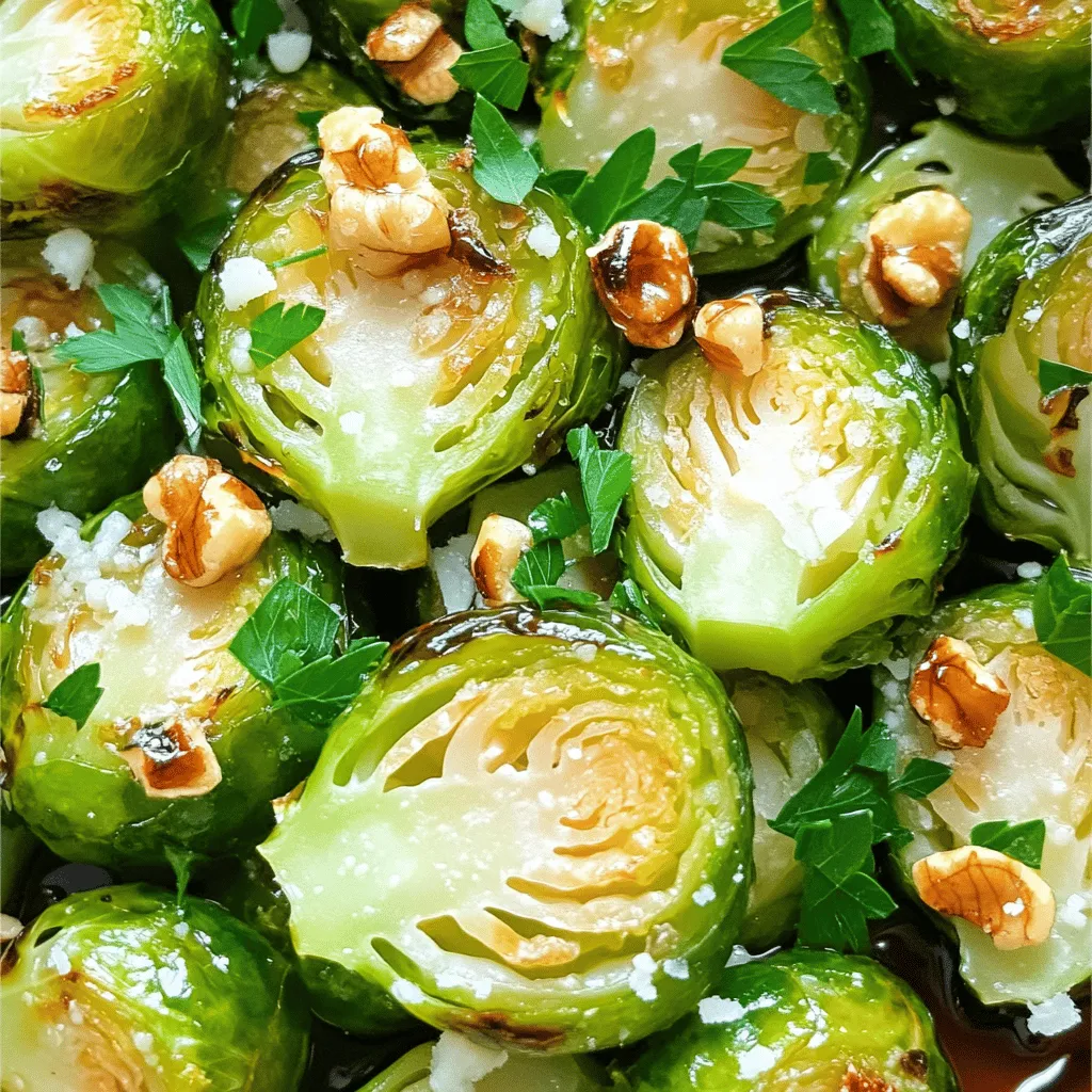 - 1 lb Brussels sprouts - 3 tablespoons balsamic vinegar - 2 tablespoons honey or maple syrup - 3 tablespoons extra virgin olive oil - 4 cloves garlic, minced - Salt and pepper to taste - 1/4 cup grated Parmesan cheese - 1/4 cup walnuts, toasted and chopped - Fresh parsley, finely chopped To make Balsamic Glazed Brussels Sprouts, you need simple, fresh ingredients. First, get Brussels sprouts. They should be trimmed and halved for even cooking. Then, grab balsamic vinegar, which adds a sweet and tangy flavor. Honey or maple syrup brings extra sweetness. Next, use extra virgin olive oil. It helps the sprouts roast nicely. Minced garlic adds a rich flavor that enhances the dish. Season with salt and pepper to taste. For a tasty twist, consider adding optional ingredients. Grated Parmesan cheese melts into the warm sprouts, adding creaminess. Chopped walnuts provide a nice crunch. Fresh parsley adds a pop of color and freshness. Together, these ingredients create a delicious side dish that everyone will love. You can find the full recipe above to guide you through the cooking process. 1. Preheat your oven to 400°F (200°C). This step is key for roasting the Brussels sprouts perfectly. 2. Trim the ends of the Brussels sprouts and slice each one in half. This helps them cook evenly. 1. In a large mixing bowl, add the halved Brussels sprouts, minced garlic, balsamic vinegar, honey or maple syrup, and extra virgin olive oil. 2. Season the mixture with salt and freshly ground black pepper. Toss everything well to coat the sprouts nicely. 1. Spread the Brussels sprouts in a single layer on a parchment-lined baking sheet. This allows them to roast rather than steam. 2. Place the baking sheet into the preheated oven and roast for 20-25 minutes. Shake the pan gently halfway through to help them brown evenly. 3. Check for doneness by piercing a sprout with a fork. It should be tender and slightly crispy on the edges. This step-by-step guide will help you create a delicious dish of balsamic glazed Brussels sprouts. For the full recipe, refer to the earlier section. Enjoy cooking! To get that great, even browning, space the Brussels sprouts well on the pan. Each sprout should have room around it. If they touch, they will steam instead of roast. Make sure to shake the pan halfway through cooking. This helps them brown evenly. The cooking time is key. Roast at 400°F (200°C) for 20 to 25 minutes. Check them at the 20-minute mark. They should be tender and slightly crispy. If they are not done, give them a few more minutes. Adding cheese can boost flavor. A sprinkle of grated Parmesan adds creaminess. It melts slightly on warm sprouts, making each bite rich. Fresh herbs like parsley bring brightness. A sprinkle of chopped parsley on top adds a nice color. It also gives a fresh taste that balances the rich glaze. One big mistake is overcrowding the pan. This can lead to soggy sprouts. Always use a large enough baking sheet. Another mistake is skipping seasoning. The salt and pepper elevate the taste. Don’t forget to season well before roasting. This step enhances the dish’s flavor. For the full recipe, check out the complete guide. {{image_4}} You can easily boost the taste of your balsamic glazed Brussels sprouts. Start by adding spices or herbs. Try red pepper flakes for heat or thyme for a fresh touch. You can also add alternative sweeteners. If you prefer, use agave syrup instead of honey or maple syrup. Each sweetener brings a unique flavor, so experiment to find your favorite. If you want a vegan or dairy-free option, simply skip the Parmesan cheese. You can also try nutritional yeast for a cheesy flavor without dairy. For low-carb adaptations, reduce the honey or maple syrup. This keeps the dish flavorful while lowering the carbs. These Brussels sprouts pair well with many main dishes. Serve them alongside roasted chicken or grilled salmon for a balanced meal. You can also get creative with serving ideas. Try topping them on a salad or mixing them into a grain bowl. Their rich flavor adds depth to any dish! For the full recipe, check out the Balsamic Bliss Brussels Sprouts. To keep your Balsamic Glazed Brussels Sprouts fresh, store leftovers in the refrigerator. Place them in an airtight container. They will stay good for up to 3 days. When you want to enjoy them again, just take them out and check for any changes in texture or smell before reheating. If you want to save Brussels sprouts for later, you can freeze them. First, let them cool completely after cooking. Then, spread them on a baking sheet in a single layer. Freeze for a few hours until they are solid. Once frozen, transfer them to a freezer bag. They will last for about 3 months. Make sure to label the bag with the date. When it's time to eat your Brussels sprouts again, reheating is simple. The best way is to use an oven. Preheat it to 350°F (175°C). Spread the sprouts on a baking sheet and heat for about 10-15 minutes. This helps keep them crispy. You can also microwave them, but they may become soft. If you use the microwave, heat in short bursts to avoid overcooking. Enjoy your leftover sprouts just as much as the first time! Yes, you can use frozen Brussels sprouts. However, they may lose some flavor and texture. Frozen sprouts often become mushy when cooked. For best results, I recommend using fresh Brussels sprouts. Fresh ones will give you a crisp bite and better flavor. Cutting Brussels sprouts is simple. Start by trimming the stem end. Then, slice them in half from the top to the bottom. If they are large, you can quarter them. This helps them cook evenly. Always make sure to wash them well before cutting. You can prepare this dish ahead of time. You can wash, trim, and cut the Brussels sprouts earlier in the day. Just store them in the fridge. When you are ready to cook, mix the ingredients and roast them. This keeps things quick and easy. This article covered how to make tasty roasted Brussels sprouts. We started with key ingredients like balsamic vinegar and honey. Then, I shared step-by-step instructions for preparation and roasting. Tips for perfect texture came next, followed by different ways to enjoy this dish. Finally, I provided storage advice and answers to common questions. Now you're ready to create your own delicious roasted Brussels sprouts. Enjoy the rich flavors and share them with others!