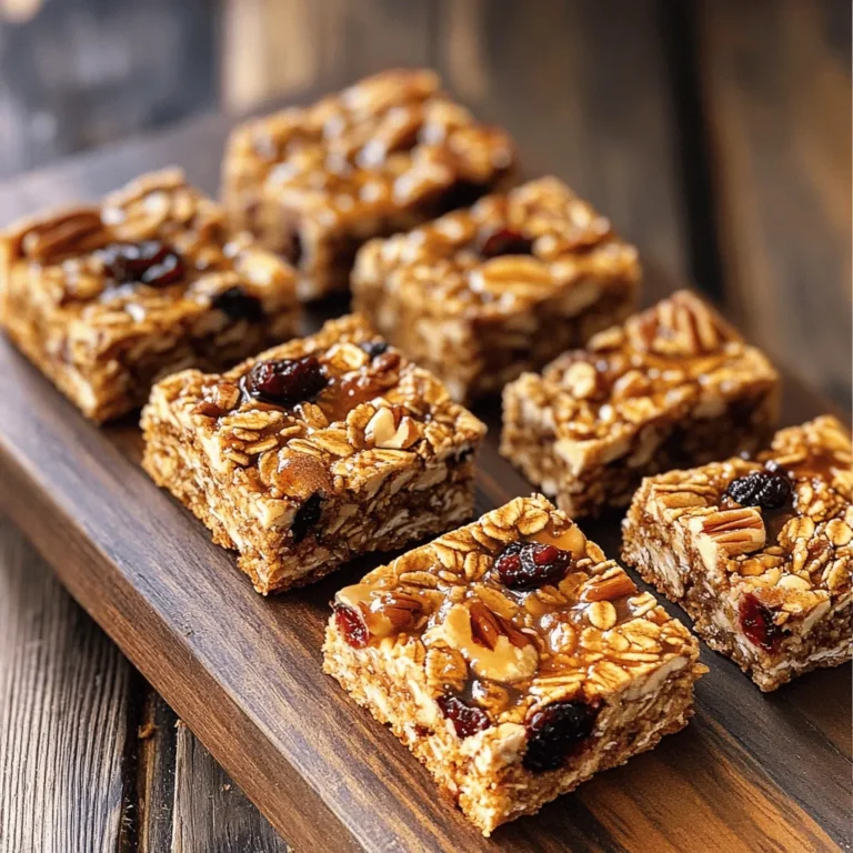 - 2 cups rolled oats - 1 cup pecans, roughly chopped - 1/2 cup almond butter (or any nut butter) - 1/2 cup pure maple syrup - 1/4 cup honey or agave syrup - 1/2 teaspoon vanilla extract - 1/2 teaspoon ground cinnamon - 1/4 teaspoon salt - 1/2 cup dried cranberries - 1/2 cup dark chocolate chips (optional) In this recipe, we use rolled oats as the base. They provide great texture and a chewy bite. Pecan nuts add a lovely crunch and nutty flavor. You can choose almond butter or any nut butter you like. The pure maple syrup gives a rich sweetness, while the honey or agave syrup adds more depth. Vanilla extract enhances the flavor. Ground cinnamon gives a warm touch, and salt balances the sweetness. Dried cranberries add a fruity burst, and dark chocolate chips, if you choose to use them, make a tasty addition. This mix provides a powerful snack that is also nutritious. You can find the full recipe above for step-by-step guidance on preparing these delicious bars. 1. Preheat your oven to 350°F (175°C). Grab an 8-inch square baking dish. Line it with parchment paper, leaving some paper hanging over the edges. This makes it easy to lift your bars out later. 2. In a large bowl, mix together the rolled oats and chopped pecans. Stir them well, ensuring they blend nicely. 3. In a microwave-safe bowl, combine the almond butter, maple syrup, honey (or agave syrup), vanilla extract, ground cinnamon, and salt. Heat this mixture in the microwave for 30 to 45 seconds. Stir until it becomes smooth and well mixed. 4. Pour the warm nut butter mixture over the oat and pecan mix. Stir it all together. Make sure every bit of the dry mix gets coated. 5. Gently fold in the dried cranberries and dark chocolate chips, if you’re using them. Ensure they spread evenly throughout the mixture. 6. Transfer this mixture into your prepared baking dish. Use a spatula or your hands to press it down firmly. Aim for an even layer. 7. Place the dish in the oven and bake for about 20 to 25 minutes. Look for the edges to turn golden brown. 8. Once baked, take the dish out and let it cool for at least 10 minutes in the pan. After that, lift the granola out using the parchment paper. Move it to a wire rack and let it cool completely. 9. For cutting the bars, use a sharp knife. Dampen the knife with water to prevent sticking. Cut them into your desired size. 10. For a nice touch, wrap each bar in parchment paper and tie it with twine. This makes them look great for gifts or easy snacks on the go. For the full recipe, check out the Maple Pecan Granola Bars section. Enjoy your delicious and healthy snack! To get the best texture for your granola bars, press the mixture down firmly. This step is key. If you don’t press it well, the bars may crumble. Use a spatula or your hands to pack it tight. Baking time is also important. Bake your bars for 20-25 minutes. Keep an eye on them. You want the edges to turn golden brown. This ensures a nice crunch while keeping the center chewy. You can switch up the nut butter in this recipe. Almond butter works great, but peanut butter or sunflower seed butter are good too. Each choice gives your bars a unique taste. Mix-ins add fun and flavor. Try using dried fruits like raisins or apricots. You can also add seeds like chia or pumpkin seeds. These changes make every batch special and personal. Spices and extracts can bring new flavors to your bars. Adding a dash of nutmeg or ginger gives a warm taste. Vanilla extract enhances the sweetness without added sugar. For a sweet finish, drizzle melted chocolate or honey on top. This adds a lovely touch and makes the bars even more delicious. You can find the full recipe above for more details on making these tasty treats. {{image_4}} You can make these bars vegan with easy swaps. Use agave syrup instead of honey. This keeps the sweet taste while staying plant-based. Almond butter is a great choice, but other nut butters work too. For a nut-free option, try sunflower seed butter. It gives a similar flavor and texture. If you need a nut-free version, you can replace the nut butter. Use sunflower seed butter or soy nut butter instead. These options keep the bars creamy and tasty. You can also add seeds for crunch. Consider using pumpkin seeds or chia seeds. They add healthy fats and protein, making your snack even better. Want to mix things up? Try a s'mores variation! Add mini marshmallows and crushed graham crackers for a sweet twist. You can also create a tropical fruit twist. Add dried pineapple or coconut flakes for a fun and fruity flavor. These changes keep your granola bars exciting and delicious. For the full recipe, check out the section above! To keep your Maple Pecan Granola Bars fresh, store them in an airtight container. This helps prevent air from making them stale. Glass or plastic containers with tight lids work well. You can also wrap the bars in parchment paper before placing them in the container. This adds another layer of protection. For added freshness, keep the container in a cool, dry place. Avoid direct sunlight or heat sources. These conditions help maintain the bars' taste and texture. The longer they stay fresh, the more you can enjoy them. Freezing granola bars is a great way to extend their life. To freeze, first cut the bars into individual pieces. Then, wrap each bar in plastic wrap or foil. Place them in a freezer-safe bag or container. Make sure to remove as much air as possible. When you want to eat them, take the bars out of the freezer. Let them sit at room temperature for about 30 minutes. This helps restore their chewy texture. If you’re in a hurry, you can microwave them for a few seconds to thaw. When stored properly, these granola bars can last up to two weeks at room temperature. Look for signs of spoilage to ensure they are still good. If you see mold or a change in color, it’s best to throw them away. If the bars start to smell off or taste stale, that’s another sign they have gone bad. Always check before you snack. Enjoy your Maple Pecan Granola Bars knowing you have stored them correctly! Homemade granola bars last about one week at room temperature. Store them in an airtight container. This helps keep them fresh. You can also refrigerate them for up to two weeks. For longer storage, freeze them. They can last up to three months in the freezer. Just wrap them well before freezing. Yes, you can use quick oats. They will change the texture a bit. Quick oats absorb liquid faster, making the bars softer. If you want a firmer bar, use rolled oats. You might want to reduce the baking time slightly if you use quick oats. You can try many mix-ins for fun flavors and textures. Here are some ideas: - Chopped almonds or walnuts - Sunflower seeds or pumpkin seeds - Dried apricots or raisins - Coconut flakes - Peanut butter chips or butterscotch chips Mix and match to find your favorite combination! Yes, you can make these bars gluten-free. Just use gluten-free oats. Check the labels to ensure they are certified gluten-free. You can also choose a gluten-free nut butter. Always check for hidden gluten in other ingredients, like sweeteners. This way, you can enjoy a tasty snack without gluten! You learned how to make tasty granola bars with simple steps and ingredients. We covered drying, baking, and storage tips, so your bars stay fresh. You can customize flavors and even create nut-free options. Whether you're making these for yourself or to share, these bars fit many diets. Enjoy your cooking and have fun with different flavors! With practice, you’ll perfect your own granola bar recipe. Happy baking!