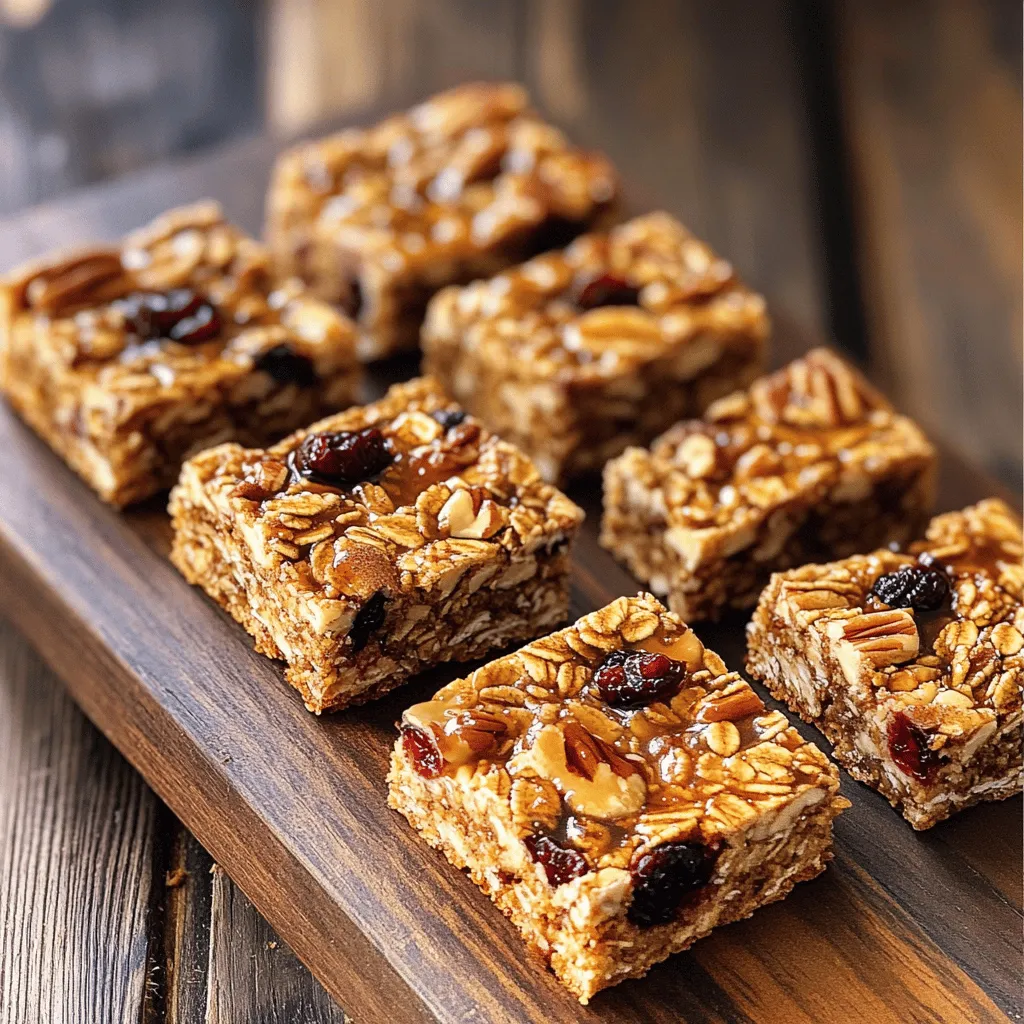 - 2 cups rolled oats - 1 cup pecans, roughly chopped - 1/2 cup almond butter (or any nut butter) - 1/2 cup pure maple syrup - 1/4 cup honey or agave syrup - 1/2 teaspoon vanilla extract - 1/2 teaspoon ground cinnamon - 1/4 teaspoon salt - 1/2 cup dried cranberries - 1/2 cup dark chocolate chips (optional) In this recipe, we use rolled oats as the base. They provide great texture and a chewy bite. Pecan nuts add a lovely crunch and nutty flavor. You can choose almond butter or any nut butter you like. The pure maple syrup gives a rich sweetness, while the honey or agave syrup adds more depth. Vanilla extract enhances the flavor. Ground cinnamon gives a warm touch, and salt balances the sweetness. Dried cranberries add a fruity burst, and dark chocolate chips, if you choose to use them, make a tasty addition. This mix provides a powerful snack that is also nutritious. You can find the full recipe above for step-by-step guidance on preparing these delicious bars. 1. Preheat your oven to 350°F (175°C). Grab an 8-inch square baking dish. Line it with parchment paper, leaving some paper hanging over the edges. This makes it easy to lift your bars out later. 2. In a large bowl, mix together the rolled oats and chopped pecans. Stir them well, ensuring they blend nicely. 3. In a microwave-safe bowl, combine the almond butter, maple syrup, honey (or agave syrup), vanilla extract, ground cinnamon, and salt. Heat this mixture in the microwave for 30 to 45 seconds. Stir until it becomes smooth and well mixed. 4. Pour the warm nut butter mixture over the oat and pecan mix. Stir it all together. Make sure every bit of the dry mix gets coated. 5. Gently fold in the dried cranberries and dark chocolate chips, if you’re using them. Ensure they spread evenly throughout the mixture. 6. Transfer this mixture into your prepared baking dish. Use a spatula or your hands to press it down firmly. Aim for an even layer. 7. Place the dish in the oven and bake for about 20 to 25 minutes. Look for the edges to turn golden brown. 8. Once baked, take the dish out and let it cool for at least 10 minutes in the pan. After that, lift the granola out using the parchment paper. Move it to a wire rack and let it cool completely. 9. For cutting the bars, use a sharp knife. Dampen the knife with water to prevent sticking. Cut them into your desired size. 10. For a nice touch, wrap each bar in parchment paper and tie it with twine. This makes them look great for gifts or easy snacks on the go. For the full recipe, check out the Maple Pecan Granola Bars section. Enjoy your delicious and healthy snack! To get the best texture for your granola bars, press the mixture down firmly. This step is key. If you don’t press it well, the bars may crumble. Use a spatula or your hands to pack it tight. Baking time is also important. Bake your bars for 20-25 minutes. Keep an eye on them. You want the edges to turn golden brown. This ensures a nice crunch while keeping the center chewy. You can switch up the nut butter in this recipe. Almond butter works great, but peanut butter or sunflower seed butter are good too. Each choice gives your bars a unique taste. Mix-ins add fun and flavor. Try using dried fruits like raisins or apricots. You can also add seeds like chia or pumpkin seeds. These changes make every batch special and personal. Spices and extracts can bring new flavors to your bars. Adding a dash of nutmeg or ginger gives a warm taste. Vanilla extract enhances the sweetness without added sugar. For a sweet finish, drizzle melted chocolate or honey on top. This adds a lovely touch and makes the bars even more delicious. You can find the full recipe above for more details on making these tasty treats. {{image_4}} You can make these bars vegan with easy swaps. Use agave syrup instead of honey. This keeps the sweet taste while staying plant-based. Almond butter is a great choice, but other nut butters work too. For a nut-free option, try sunflower seed butter. It gives a similar flavor and texture. If you need a nut-free version, you can replace the nut butter. Use sunflower seed butter or soy nut butter instead. These options keep the bars creamy and tasty. You can also add seeds for crunch. Consider using pumpkin seeds or chia seeds. They add healthy fats and protein, making your snack even better. Want to mix things up? Try a s'mores variation! Add mini marshmallows and crushed graham crackers for a sweet twist. You can also create a tropical fruit twist. Add dried pineapple or coconut flakes for a fun and fruity flavor. These changes keep your granola bars exciting and delicious. For the full recipe, check out the section above! To keep your Maple Pecan Granola Bars fresh, store them in an airtight container. This helps prevent air from making them stale. Glass or plastic containers with tight lids work well. You can also wrap the bars in parchment paper before placing them in the container. This adds another layer of protection. For added freshness, keep the container in a cool, dry place. Avoid direct sunlight or heat sources. These conditions help maintain the bars' taste and texture. The longer they stay fresh, the more you can enjoy them. Freezing granola bars is a great way to extend their life. To freeze, first cut the bars into individual pieces. Then, wrap each bar in plastic wrap or foil. Place them in a freezer-safe bag or container. Make sure to remove as much air as possible. When you want to eat them, take the bars out of the freezer. Let them sit at room temperature for about 30 minutes. This helps restore their chewy texture. If you’re in a hurry, you can microwave them for a few seconds to thaw. When stored properly, these granola bars can last up to two weeks at room temperature. Look for signs of spoilage to ensure they are still good. If you see mold or a change in color, it’s best to throw them away. If the bars start to smell off or taste stale, that’s another sign they have gone bad. Always check before you snack. Enjoy your Maple Pecan Granola Bars knowing you have stored them correctly! Homemade granola bars last about one week at room temperature. Store them in an airtight container. This helps keep them fresh. You can also refrigerate them for up to two weeks. For longer storage, freeze them. They can last up to three months in the freezer. Just wrap them well before freezing. Yes, you can use quick oats. They will change the texture a bit. Quick oats absorb liquid faster, making the bars softer. If you want a firmer bar, use rolled oats. You might want to reduce the baking time slightly if you use quick oats. You can try many mix-ins for fun flavors and textures. Here are some ideas: - Chopped almonds or walnuts - Sunflower seeds or pumpkin seeds - Dried apricots or raisins - Coconut flakes - Peanut butter chips or butterscotch chips Mix and match to find your favorite combination! Yes, you can make these bars gluten-free. Just use gluten-free oats. Check the labels to ensure they are certified gluten-free. You can also choose a gluten-free nut butter. Always check for hidden gluten in other ingredients, like sweeteners. This way, you can enjoy a tasty snack without gluten! You learned how to make tasty granola bars with simple steps and ingredients. We covered drying, baking, and storage tips, so your bars stay fresh. You can customize flavors and even create nut-free options. Whether you're making these for yourself or to share, these bars fit many diets. Enjoy your cooking and have fun with different flavors! With practice, you’ll perfect your own granola bar recipe. Happy baking!