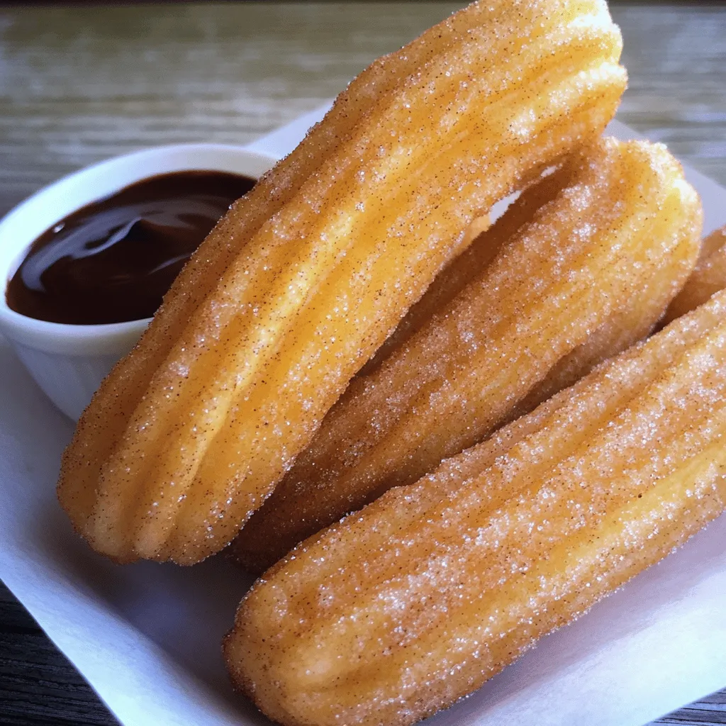 - 1 cup water - 2 tablespoons granulated sugar - 1/2 teaspoon salt - 2 tablespoons vegetable oil - 1 cup all-purpose flour - 2 large eggs To make churros, you need simple ingredients. The water helps create the dough. Sugar adds sweetness, while salt brings out the flavors. The vegetable oil gives the dough a nice texture. All-purpose flour is the main base for the churros. Lastly, the eggs bind everything together and add moisture. - 1 cup granulated sugar (for coating) - 2 teaspoons ground cinnamon For the coating, you need more granulated sugar mixed with ground cinnamon. This mix gives churros that sweet and spicy flavor. It’s the best part of every bite! - Oil for frying (enough to fill the pot at least 2 inches deep) - Equipment needed You will need oil for frying. It should be deep enough, about 2 inches, to keep the churros from sticking. A deep pan or fryer works best. You also need a piping bag with a star tip to shape the churros. If you don’t have a piping bag, use a zip-lock bag with a corner cut off. For the full recipe, check the details above. To start, boil the water mixture. In a medium saucepan, mix 1 cup of water, 2 tablespoons of granulated sugar, 1/2 teaspoon of salt, and 2 tablespoons of vegetable oil. Heat this over medium heat until it boils. This step is crucial for flavor. Once it boils, remove the saucepan from heat. Quickly add in 1 cup of all-purpose flour. Stir vigorously until the dough forms and pulls away from the pan sides. This creates a thick dough that will hold its shape. Let the dough cool for about 5 minutes. After that, add 2 large eggs, one at a time. Stir well after each egg to make the dough smooth. This gives the churros a nice texture. Next, heat oil to the perfect temperature. You want the oil at 350°F (175°C). A thermometer helps ensure the temperature is just right for frying. Now, transfer the dough into a piping bag fitted with a star-shaped tip. Carefully pipe 4 to 6-inch-long strips of dough into the hot oil. Use scissors or your fingers to cut the dough. Avoid overcrowding the fryer; fry in batches if needed. Fry each churro for about 2-3 minutes on each side. Watch for a beautiful golden brown color. This is when they are crispy and ready to enjoy. Once fried, use a slotted spoon to remove the churros from the oil. Drain them on paper towels to get rid of extra oil. While they are warm, roll the churros in cinnamon sugar. Make sure they are well coated for the best flavor. For presentation, arrange the churros on a decorative plate or in a tall glass. This shows off their shape nicely. You can add a dusting of extra cinnamon sugar on top for a fun touch. Serve with small bowls of chocolate sauce or dulce de leche for dipping. For the full recipe, check the complete instructions in the earlier sections! To make churros that are crispy outside and soft inside, oil temperature is key. Heat your oil to 350°F (175°C). Use a frying thermometer to check. If the oil is too hot, your churros will burn. If too cold, they will soak up oil and become greasy. The dough consistency also matters. It should be smooth and thick, not runny. After boiling your water mixture, let it cool a bit before adding eggs. This helps the dough hold its shape when you pipe it. Overcrowding the fryer is a common mistake. If you add too many churros at once, the oil temperature drops. This leads to soggy churros. Fry them in small batches. Also, allow the dough to cool for a few minutes before piping. If you skip this step, the churros can lose their shape. Churros shine with delicious dips. Try serving them with warm chocolate sauce. You can also use dulce de leche for a sweet twist. Get creative with presentation! Arrange churros in a tall glass or on a decorative plate. A dusting of extra cinnamon sugar makes it look special. Serve with small bowls of dipping sauce to enhance the experience. For the full recipe, check out the details above. {{image_4}} You can make churros even more fun by adding flavors. Try mixing in chocolate or vanilla into the dough. These flavors add richness and depth. Just a teaspoon or two will make your churros pop with taste. You can also enhance the cinnamon sugar. Adding a pinch of nutmeg or a dash of cardamom gives a warm twist. These spices bring cozy notes that surprise your taste buds. Experiment with these flavors to find your favorite. Dipping sauces make churros extra special. One great choice is dark chocolate ganache. Melt dark chocolate with cream for a rich sauce. It pairs perfectly with the sweet churros. You can also try dulce de leche. This creamy sauce adds a caramel-like flavor. To make it unique, mix in a bit of sea salt for balance. These sauces elevate your churro experience. If you want bite-sized fun, make mini churros. Simply pipe shorter strips into the hot oil. They cook quickly and are perfect for sharing. For a healthier twist, consider baking the churros. Use the same dough but instead of frying, place them on a baking sheet. Bake at 400°F (200°C) for about 20 minutes. This option gives you a lighter treat without losing that churro charm. Enjoy your churros in new and exciting ways! To keep leftover churros fresh, place them in an airtight container. Avoid stacking them to prevent sticking. Store them at room temperature for up to two days. For best taste, reheat churros in an oven. Set the oven to 350°F (175°C) and bake for about 5-10 minutes. This method keeps them crispy. You can freeze churros to enjoy later. Let them cool completely before freezing. Place them in a single layer on a baking sheet and freeze until solid. Once frozen, transfer them to a freezer bag. For easy access, label the bag with the date. When ready to eat, you can cook them straight from frozen. Fry them in hot oil until golden brown, which takes about 3-4 minutes. Churros last about two days at room temperature. If you keep them in the fridge, they may last up to a week. Look for signs of spoilage, like a hard texture or off smell. If they feel dry or stale, it’s best to toss them. Enjoy your churros fresh for the best taste! For the full recipe, check out the detailed instructions. You can make churros without a piping bag using a zip-top bag. Fill the bag with dough and cut a small corner. You can then squeeze the dough out like a piping bag. This method works well. Just be careful to cut the right size for your churros. Yes, a churro maker can work for this recipe. It simplifies the process. Follow the maker’s instructions. This tool can help you create evenly shaped churros. Just make sure the dough is the right consistency. If your churros are too greasy, check the oil temperature. The oil should be at 350°F (175°C). If it's too low, the churros absorb more oil. Fry in smaller batches to avoid crowding. Drain them well on paper towels right after frying. You can find high-quality churros at local Mexican bakeries or cafes. Many fairs and festivals also sell them. Check food trucks that specialize in desserts. You might also find frozen churros in grocery stores for a quick snack. Churros originated in Spain and spread to Latin America. They are often enjoyed for breakfast or dessert. Churros symbolize joy and celebration in many cultures. They are often served at fairs and parties, making them a beloved treat worldwide. You learned how to make delicious cinnamon sugar churros from scratch. We covered ingredients, cooking methods, and tips for perfect results. Remember, the right oil temperature is key. Avoid common mistakes like overcrowding the fryer. Don't forget about fun variations and serving ideas. With these instructions, you'll impress your friends and family. Enjoy your churros fresh or experiment with storage methods. Now, go ahead and make your own churros to savor with your favorite dips. You won’t regret it!