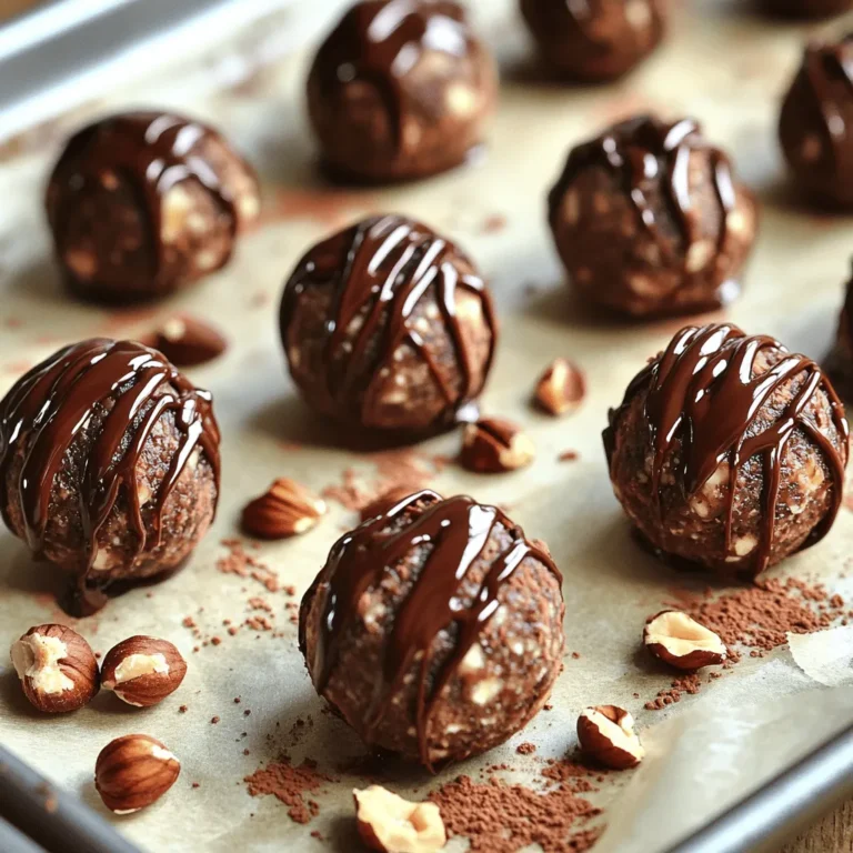 To make tasty chocolate hazelnut energy balls, you need these key ingredients: - 1 cup raw hazelnuts - 1 cup pitted medjool dates - 1/4 cup unsweetened cocoa powder - 1/4 cup rolled oats - 2 tablespoons almond butter - 1 teaspoon pure vanilla extract - 1/4 teaspoon sea salt - 2 tablespoons melted dark chocolate (optional) Each ingredient plays a role in flavor and texture. For example, hazelnuts give a rich taste and crunch. Medjool dates add natural sweetness and stickiness, making the balls hold together. Unsweetened cocoa powder brings that chocolate flavor without extra sugar. Rolled oats add fiber and a bit of chewiness. Almond butter gives creaminess and a nutty taste. Vanilla extract adds depth, while sea salt enhances all the flavors. If you want to make them even more special, a drizzle of dark chocolate on top is a fun touch. Using high-quality ingredients makes a big difference in taste. You can find most of these items at your local grocery store or health food store. For the full recipe, check out the detailed instructions to create your energy balls. - Prepare the Hazelnuts: Start by adding the raw hazelnuts to your food processor. Pulse them gently until they become fine and crumbly. You want a grainy texture, not nut butter. This gives your bliss balls a nice crunch. - Combine Ingredients: Now, it's time to mix! Add the pitted medjool dates, cocoa powder, rolled oats, almond butter, vanilla extract, and sea salt into the food processor. Blend until everything is sticky and well combined. Don't forget to stop and scrape down the sides to mix evenly. - Form the Bliss Balls: When your mixture is thick and sticky, take a tablespoon of it. Roll it into a ball shape using your hands. Each ball should be about the size of a tablespoon. Place the rolled balls on a baking sheet lined with parchment paper. - Add a Chocolate Drizzle (Optional): Want a little extra treat? Melt some dark chocolate in the microwave or a double boiler until smooth. Using a spoon, drizzle the melted chocolate over each bliss ball for a sweet touch. - Chill and Store: Put the baking sheet in the refrigerator. Let the bliss balls chill for at least 30 minutes to firm up. After they set, store them in an airtight container in the fridge for a week. You can also freeze them for later enjoyment. You can find the full recipe for these delightful snacks and more tips in the linked article. Achieving the Ideal Texture To get the best texture, you want a nice crunch. Start with raw hazelnuts. Grind them just enough to be crumbly, not smooth. This gives your energy balls a delightful bite. When you mix in the other ingredients, blend until you have a sticky mix. If it feels too dry, add a little more almond butter. This will help your balls hold together better. Storing Your Bliss Balls for Freshness Keep your energy balls fresh by storing them in an airtight container. You can keep them in the fridge for about a week. If you want to save some for later, freeze them. Just place the balls in a single layer on a tray. Once they are frozen, you can move them to a bag. This keeps them from sticking together. Presentation Tips for Serving Make your energy balls look great on the table! Place them on a nice plate. Sprinkle crushed hazelnuts or cocoa powder on top for flair. You can also use mini cupcake liners to make them look fancy. This adds a fun touch when serving to friends or family. For the full recipe, check out the instructions above. {{image_4}} You can easily mix things up with your chocolate hazelnut energy balls. Here are some fun ideas that can change the flavor and texture. - Different Nuts and Nut Butters: If hazelnuts aren’t your favorite, try walnuts or almonds. You can use peanut butter or cashew butter instead of almond butter. Each nut gives a unique taste and texture. - Sweeteners and Flavor Enhancements: Instead of medjool dates, you can use maple syrup or agave nectar. This will make the balls sweeter and change the texture a bit. Adding spices like cinnamon or nutmeg can also bring new flavors. - Additional Mix-Ins: Want to add more crunch? Try adding chia seeds, flaxseeds, or pumpkin seeds. Dried fruits like cranberries or apricots can give your energy balls a chewy texture and a burst of natural sweetness. These variations let you customize your snack to fit your taste and diet. You can explore and find your favorite combo! For the complete recipe, check out the Full Recipe section. Refrigeration Tips After making your chocolate hazelnut energy balls, chill them in the fridge. Use an airtight container to keep them fresh. This method helps maintain the flavor and texture. I recommend eating them within a week for the best taste. Freezing for Long-Term Storage To store your energy balls for longer, freeze them. Place the balls in a single layer on a baking sheet and freeze for a few hours. Once firm, transfer them to a freezer-safe bag or container. This allows you to enjoy a quick snack later. They can last up to three months in the freezer. Shelf Life Expectations Generally, chocolate hazelnut energy balls last about one week in the fridge. If you freeze them, they can stay good for about three months. Always check for any changes in texture or smell before eating. Keeping track of these tips ensures you enjoy every bite! How long do these energy balls last? These energy balls can last up to a week in the fridge. If you freeze them, they can keep for months. Just store them in an airtight container. Can I make them vegan? Yes, you can easily make these energy balls vegan. Just use a plant-based nut butter. Almond butter works great here. What can I use instead of hazelnuts? You can swap hazelnuts for almonds or walnuts. Each nut brings a different flavor. Experiment to find your favorite! Are there gluten-free options available? Absolutely! The ingredients in this recipe are naturally gluten-free. Just ensure your oats are certified gluten-free if you need to avoid gluten. Can I substitute medjool dates with another sweetener? Yes, you can use maple syrup or agave syrup. Adjust the amount since these liquids are sweeter than dates. You now know how to make delicious chocolate hazelnut energy balls. We covered key ingredients, preparation steps, and helpful tips. You can get creative with variations and add your favorite nuts or sweeteners. Storing them properly keeps them fresh and tasty. Whether you're a beginner or a pro, these energy balls are fun to make. They offer a tasty and healthy treat for snacks or desserts. Give them a try, and enjoy the amazing flavors you create!