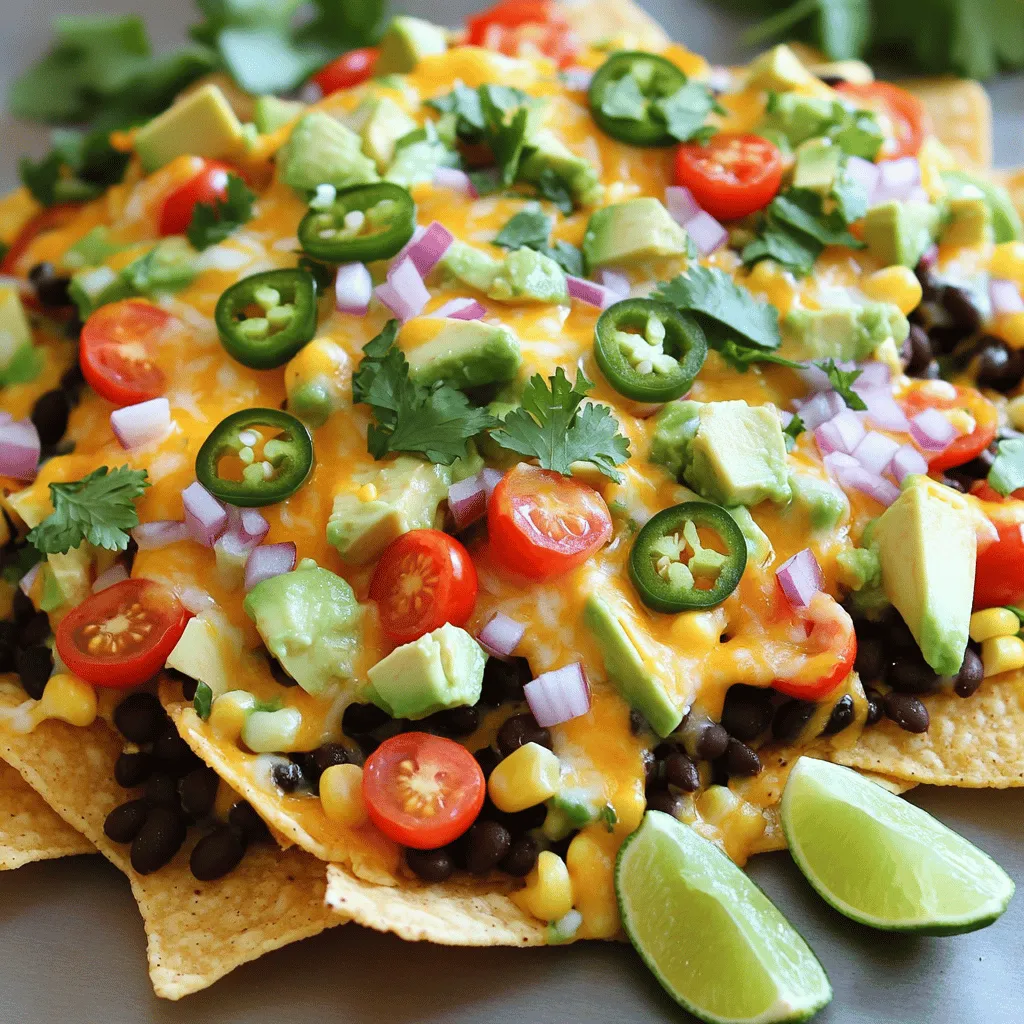 - Tortilla chips - Black beans - Corn kernels - Cherry tomatoes - Avocado - Cheddar cheese (or dairy-free alternative) - Pickled jalapeños - Red onion - Fresh cilantro - Olive oil - Ground cumin - Smoked paprika - Salt and pepper - Optional toppings: Sour cream or Greek yogurt, lime wedges To make loaded veggie nachos, gather fresh and flavorful ingredients. I love using crispy tortilla chips as the base. They hold all the toppings without getting soggy. Black beans add protein and texture. Rinsing and draining them keeps the flavors bright. Corn kernels bring sweetness and crunch. I often use fresh corn when it’s in season, but canned works well too. Next, halved cherry tomatoes burst with flavor. Diced avocado brings creaminess. I prefer ripe avocados for the best taste. Cheddar cheese is a must for gooey goodness. You can use a dairy-free version if needed. Pickled jalapeños give a nice kick, so add as many as you like. Red onion adds a sharp taste and crunch. Fresh cilantro brings brightness. I love the fresh herb flavor it adds. For the dressing, use olive oil, ground cumin, and smoked paprika. They bring warmth and depth. Lastly, don’t forget salt and pepper to enhance all the flavors. You can serve these nachos with optional toppings like sour cream or Greek yogurt. Lime wedges add a zesty finish. For the full recipe, check out the Ultimate Loaded Veggie Nachos. Start by preheating your oven to 350°F (175°C). This temperature helps the cheese melt just right. While the oven warms up, grab a mixing bowl for the veggies. Combine 1 cup of black beans, 1 cup of corn, 1 cup of halved cherry tomatoes, 1 ripe diced avocado, and 1/4 cup of chopped red onion. Drizzle 1 tablespoon of olive oil over this mix. Sprinkle in 1 teaspoon of ground cumin, 1 teaspoon of smoked paprika, and add salt and pepper to taste. Gently toss to blend the flavors. Now take a large baking sheet. Spread an even layer of tortilla chips across it. Make sure they are not crowded. This helps the chips stay crisp. Next, generously spoon the veggie mixture over the chips. Try to cover as many chips as you can. This way, each bite is packed with flavor. Sprinkle 1 cup of shredded cheddar cheese evenly over the veggie-covered chips. If you like spice, add pickled jalapeños on top. Place the baking sheet in your preheated oven. Bake for about 10 to 15 minutes. Watch closely until the cheese is melted and bubbly, but not burnt. Once baked, carefully take the nachos out of the oven. Garnish with 1/4 cup of freshly chopped cilantro. Serve them with lime wedges on the side. For a creamy touch, add sour cream or Greek yogurt. These extra touches make every bite a treat. Serve them on a large platter or in bowls. Enjoy this savory delight with friends or family! For the full recipe, check the detailed instructions above. Choose the right cheese for your nachos. I love using cheddar, but you can try Monterey Jack or a dairy-free alternative. These cheeses melt well and add rich flavor. For the best texture, shred your cheese fresh from the block. Pre-shredded cheese often has anti-clumping agents that can affect melting. When baking, keep an eye on the nachos. You want the cheese to bubble and slightly brown, which usually takes 10 to 15 minutes at 350°F. To kick up the flavor, think about adding spices. A pinch of chili powder or a dash of hot sauce can do wonders. If you enjoy tang, drizzle some lime juice over the nachos before serving. Fresh herbs like cilantro or green onions can also brighten the dish. Chopped jalapeños, fresh or pickled, add heat and flavor. Experiment with different combinations to find your favorite mix. I often serve nachos on a large platter, letting everyone dig in. For individual servings, use small bowls. This makes for a fun, personal touch. Pair your nachos with drinks like soda, beer, or a margarita for a complete experience. Dips like guacamole or salsa work great on the side too. They add extra flavor and keep the meal exciting. Remember to keep lime wedges handy for a fresh burst of flavor. For the complete recipe, check out the [Full Recipe]. {{image_4}} You can easily make loaded veggie nachos vegan. First, swap the cheddar cheese for a dairy-free cheese. Look for brands made from nuts or soy. These options melt well and taste great. For extra vegan toppings, try using cashew cream instead of sour cream. You can also add sliced black olives, diced bell peppers, or fresh spinach. These ingredients boost flavor and nutrients. To make gluten-free nachos, choose tortilla chips marked gluten-free. Many brands offer this option. Always check the label to ensure safety. You can also use other bases like baked sweet potatoes or zucchini slices. These alternatives add a unique twist and keep things healthy. Get creative with your toppings! You can add other veggies like mushrooms, bell peppers, or even roasted zucchini. For proteins, consider topping with lentils, chickpeas, or tofu. Specialty toppings can add unique flavors. Try fresh herbs like basil or mint, or drizzle with hot sauce for a kick. You can also scatter some pomegranate seeds for a sweet touch. After enjoying your loaded veggie nachos, store any leftovers properly. This helps maintain their taste and texture. Start by letting the nachos cool down. Place them in an airtight container. If you have extra toppings, like sour cream or avocado, store those separately. Use a small bowl or a bag to keep them fresh. Refrigerate the container within two hours. The nachos will stay good for about three days. To reheat your nachos, use the oven for best results. Preheat it to 350°F (175°C). Spread the nachos on a baking sheet in a single layer. Heat them for about 10 minutes. This helps revive their crunch. If you’re in a hurry, the microwave works too. Use a microwave-safe plate and heat for 30 seconds at a time. Keep an eye on them to avoid sogginess. Enjoy your nachos as if they were just made! Making homemade tortilla chips is easy and fun! Start with corn tortillas. Cut each tortilla into six triangles. Heat oil in a pan over medium heat. When the oil is hot, add a few triangles. Fry them until they turn golden brown. Remove them and place them on paper towels to drain excess oil. Sprinkle with salt while they are hot. Enjoy your fresh chips with loaded veggie nachos! Yes, you can prepare some parts in advance. You can chop the veggies and mix them a few hours before cooking. Store the veggie mixture in the fridge. However, I recommend adding the chips and cheese just before baking. This keeps the chips crispy and delicious! You can get creative with toppings! Try adding: - Sliced black olives - Diced bell peppers - Sliced radishes - Fresh spinach - Grilled chicken or beef - Different types of cheese like pepper jack or feta These options add fun flavors and textures to your nachos. Freezing nachos is tricky. I do not recommend freezing fully assembled nachos. The chips become soggy when thawed. However, you can freeze the veggie mixture and cheese separately. When you’re ready to eat, simply bake fresh chips and top them with the thawed mixture. It’s a great way to enjoy nachos anytime! For the full recipe, check out the Ultimate Loaded Veggie Nachos. In this blog post, I covered how to make delicious nachos, highlighting key ingredients and simple steps. You learned about assembling layers and baking for the best results. I shared tips for perfect cheese melting, flavor boosts, and customizable options to fit your needs. Don't forget storage advice and reheating methods to enjoy leftovers. Nachos are easy to make and adapt, so get creative and enjoy! Your nacho journey starts here, and I hope you relish every bite.