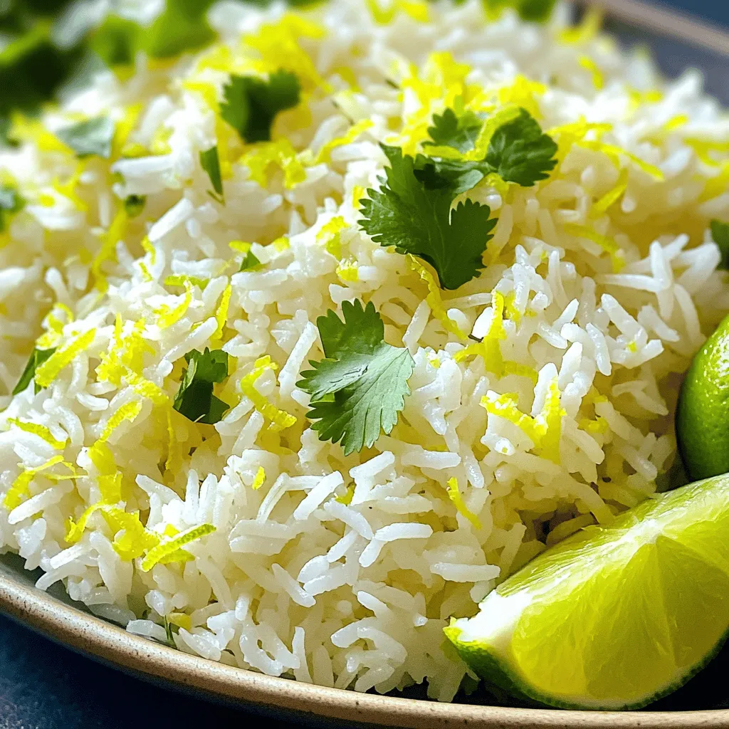 To make coconut lime rice, you need a few simple ingredients. Here’s what you’ll need: - 1 cup jasmine rice - 1 can (400 ml) coconut milk - 1 cup water - Zest of 1 lime - 2 tablespoons fresh lime juice - 1 tablespoon sugar (optional, for added sweetness) - 1/2 teaspoon salt - Fresh cilantro, chopped (for garnish) - Lime wedges (for serving) Jasmine rice gives a lovely aroma and fluffy texture. Coconut milk adds a rich, creamy taste. Fresh lime adds brightness. You can adjust the sugar to suit your taste, while salt enhances all the flavors. Cilantro adds a fresh touch, and lime wedges are perfect for serving. This recipe is both flavorful and simple, making it a great choice for any meal. You can find the full recipe in the article. Enjoy the tropical flavors! Rinsing the rice Start by rinsing the jasmine rice under cold running water. Rinse for about 2-3 minutes or until the water runs clear. This step is key. It removes extra starch. This helps your rice stay fluffy, not sticky. Combining ingredients in a saucepan In a medium saucepan, add the rinsed rice. Next, pour in one can of coconut milk and a cup of water. Add the zest of one lime, optional sugar, and salt. Stir gently to mix all the ingredients well. Boiling and simmering Place the saucepan on medium-high heat. Bring the mixture to a gentle boil. Once it boils, reduce the heat to low. Cover the saucepan tightly and let it simmer for 15-20 minutes. The rice should absorb the liquid and become tender. Steaming the rice After 20 minutes, turn off the heat but keep the saucepan covered. Let the rice steam in its own heat for an extra 5 minutes. This step makes the texture even better. Fluffing the rice Once the steaming is done, use a fork to fluff the rice gently. This helps separate the grains. Adding lime juice and seasoning Drizzle in the fresh lime juice and mix it well. Taste your rice. You might want to add more salt or lime juice for flavor. To get fluffy rice, rinsing is key. Rinse the jasmine rice under cold water for about 2-3 minutes. Keep rinsing until the water runs clear. This step removes extra starch. Less starch means fluffier rice, not sticky. Simmering and steaming are also crucial. After boiling, reduce the heat to a low simmer. Cover the pan tightly and cook for 15-20 minutes. This lets the rice absorb all the liquid. Once done, turn off the heat and let it steam for 5 more minutes. This extra time makes the rice light and airy. You can adjust sweetness and salt to fit your taste. If you like sweeter rice, add the optional sugar. For salt, start small. You can always add more later. Fresh herbs and garnishes make a big difference. Chopped cilantro adds color and taste. Squeeze fresh lime juice over the rice for a bright kick. You can also serve lime wedges on the side. These small changes take your rice from good to great. For the complete recipe, check out the Full Recipe section. {{image_4}} You can switch out jasmine rice for other types. Long-grain rice works well if you want to try something different. Brown rice is another option. It takes longer to cook, so adjust the time accordingly. You might prefer low-fat coconut milk. This option lowers the calories while still adding flavor. The rice will taste great, and you can enjoy it guilt-free. Let’s make your coconut lime rice even more exciting! Adding spices can elevate the dish. Fresh ginger adds warmth, while lemongrass brings a nice citrus note. Just a small amount can transform the flavor. You can also play with other citrus fruits. Try using orange or grapefruit zest. These flavors can create a new twist, making the rice even more refreshing. Experimenting keeps your cooking fun and interesting! For the full recipe, check out the Tropical Coconut Lime Rice. Enjoy the journey of flavor! To store leftover coconut lime rice, place it in an airtight container. Make sure the rice cools down to room temperature first. This helps prevent moisture buildup, which can make your rice soggy. Refrigerate the container for up to four days. When you're ready to eat, reheat the rice in the microwave or on the stovetop. Add a splash of water to keep it moist. Remember, never leave cooked rice at room temperature for more than two hours. This can lead to harmful bacteria. If you want to keep coconut lime rice for a longer time, freezing is the way to go. Start by letting the rice cool completely. Then, scoop it into freezer-safe bags or containers. Flatten the bags for easier storage. Label each bag with the date. You can freeze it for up to three months. When you’re ready to enjoy it, thaw the rice in the fridge overnight. You can also reheat it straight from the freezer. Just add a bit of water to keep it fluffy and tasty. For full details, check out the Full Recipe. Can I use brown rice instead of jasmine rice? Yes, you can use brown rice instead of jasmine rice. Brown rice is healthy and adds a nutty flavor. However, it takes longer to cook. Adjust cooking time to about 40-45 minutes. You will need more water too, around 1.5 cups. What dishes pair well with coconut lime rice? Coconut lime rice goes well with many dishes. It is great with grilled chicken, shrimp, or fish. It also pairs nicely with stir-fried vegetables or curry. You can serve it as a base for a tropical bowl with fresh fruits or greens. How can I prevent rice from being sticky? To prevent sticky rice, rinse the rice well before cooking. This washes away excess starch. Also, avoid overcooking. Follow the recipe closely and let the rice steam for a few minutes after cooking. This helps achieve that fluffy texture. Caloric content per serving Coconut lime rice has about 300 calories per serving. This can vary based on the added ingredients. Major nutrients in coconut lime rice This dish is rich in carbohydrates from the rice. It also provides healthy fats from the coconut milk. You get some vitamins and minerals from lime juice and fresh herbs. This blog post covered how to make coconut lime rice using simple ingredients. You learned the steps for rinsing and cooking jasmine rice, as well as adding coconut milk and lime for flavor. Tips were shared to help you achieve the perfect fluffy texture. You also explored variations and storage methods to make it even easier. In closing, coconut lime rice is both easy to make and delicious. Enjoy experimenting with flavors and finding the best way to serve it.