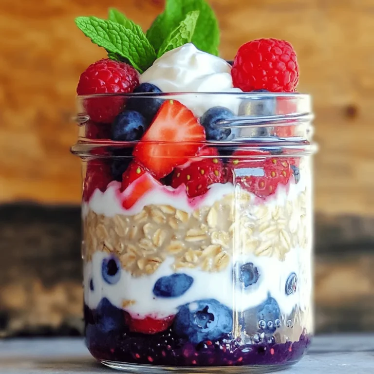 To make berry overnight oats, you will need a few simple ingredients. Here’s the list: - 1 cup rolled oats - 1 ½ cups almond milk (or milk of your choice) - 1 tablespoon chia seeds - 1 tablespoon maple syrup (optional) - ½ teaspoon vanilla extract - ½ cup mixed berries (like strawberries, blueberries, and raspberries) - 2 tablespoons Greek yogurt (optional) - Fresh mint leaves for garnish These ingredients come together to create a tasty and healthy meal. The oats give you fiber, while the berries add vitamins. Chia seeds give a nice texture and are good for your body. You can use maple syrup for a touch of sweetness. If you want extra creaminess, Greek yogurt is a great choice. Using fresh mint leaves as a garnish makes the dish look pretty and adds a fresh taste. The combination of flavors is delightful. This recipe is also very flexible. You can switch the berries or milk based on what you like. For the full recipe, see below. To start, gather your ingredients. You will need: - 1 cup rolled oats - 1 ½ cups almond milk (or milk of your choice) - 1 tablespoon chia seeds - 1 tablespoon maple syrup (optional) - ½ teaspoon vanilla extract In a medium bowl or jar, combine the rolled oats, almond milk, chia seeds, maple syrup, and vanilla extract. Stir the mixture well to mix everything together. This base is key for creamy overnight oats. Now, it’s time to add some flavor! Carefully fold in: - ½ cup mixed berries (like strawberries, blueberries, or raspberries) - 2 tablespoons Greek yogurt (optional for creaminess) Gently mix the berries into the oat base. If you choose to use Greek yogurt, add it here. This adds extra creaminess and protein to your dish. Next, cover the bowl or jar tightly. Place it in the fridge for at least 4 hours or overnight. This step is crucial as it lets the oats soak up the milk. It transforms them into a soft, creamy treat. When you’re ready to enjoy your oats, take them out of the fridge. Stir the mixture well. If it feels too thick, add a splash more almond milk to reach your desired consistency. Serve your overnight oats in bowls or jars. Top with any leftover mixed berries. For a fresh touch, add a few mint leaves. This makes your oats look and taste even better. Enjoy your Berry Overnight Oats! For the complete recipe, check out the Full Recipe. To adjust the sweetness of your berry overnight oats, start with maple syrup. Add one tablespoon first. Then, taste the mix. If you want it sweeter, add more syrup. You can also use honey or agave for a different flavor. Just remember, less is often more! Achieving a creamy texture is easy. Use rolled oats, as they soak up liquid well. Adding chia seeds helps too. They expand and thicken the mixture. If your oats are too thick, just add a splash of almond milk. Mix it well until it's smooth and creamy. Want to boost flavor? Try adding a pinch of cinnamon or nutmeg. These spices add warmth and depth. You can also add a splash of almond extract. This gives your oats a nutty taste. Another option is to stir in cocoa powder for a chocolate twist. {{image_4}} You can use many types of berries in your overnight oats. Strawberries add sweetness and color. Blueberries are juicy and packed with antioxidants. Raspberries bring a tart flavor that wakes up your taste buds. Blackberries offer a rich and bold taste. Mixing different berries makes your dish fun and vibrant. Try using just one type or a mix of all four. The choices are endless! If you want to try different dairy options, consider almond milk or coconut milk. Almond milk is light and nutty. Coconut milk gives a rich, creamy taste. You can also use oat milk if you like. If you prefer yogurt, try Greek yogurt for creaminess. These options help you make the recipe your own. Each choice impacts the flavor and texture, so experiment until you find your favorite! Toppings can take your overnight oats to the next level. Add nuts for crunch and healthy fats. Almonds and walnuts work well. Seeds like chia or flaxseed boost nutrition too. Granola adds sweetness and texture. You can also sprinkle cinnamon for warmth. Fresh mint leaves make a lovely garnish. Get creative with your toppings to keep things fun and tasty! For the full recipe, check out Berry Bliss Overnight Oats. To keep your berry overnight oats fresh, store them in an airtight container. Glass jars work well for this. Make sure the lid is on tight to prevent spills and keep out air. If you have leftover oats, you can keep them in the fridge for a quick breakfast. Berry overnight oats can last up to five days in the fridge. This makes them a great option for meal prep. Always check for any off smells or changes in texture before eating. If the oats look dry, add a bit of milk to refresh them. Yes, you can freeze overnight oats! To do this, use freezer-safe containers. Make sure to leave some space at the top, as the oats will expand when frozen. Thaw them in the fridge overnight before eating. They may need a splash of milk to regain their creamy texture. Enjoy your berry bliss overnight oats! Overnight oats can last up to five days in the fridge. After that, they may lose flavor and texture. Always check for any signs of spoilage. If they look or smell off, it's best to throw them away. Store them in a sealed jar or container to keep them fresh. This keeps the oats safe to eat for several breakfasts. Yes, you can eat overnight oats warm! To reheat them, put the oats in a microwave-safe bowl. Heat them for about 30 seconds, then stir. Check the temperature and heat again if needed. You can also add a splash of almond milk to help with the heat. This makes them creamy again, and it’s a cozy way to enjoy your oats. Chia seeds are not necessary, but they add great benefits. They help thicken the oats and add fiber. Fiber is good for digestion and can keep you full longer. If you don’t have chia seeds, you can skip them. You can also use flaxseeds or just add more oats. This keeps your dish simple while still being nutritious. In this post, we explored making delicious overnight oats. We covered the ingredients, step-by-step instructions, and helpful tips. Customizing sweetness and texture can enhance your oats. You can add various berries or try different milk options. Remember to store extras properly for freshness. Overnight oats are easy to make and full of nutrition. Enjoy your tasty, healthy meals throughout the week!