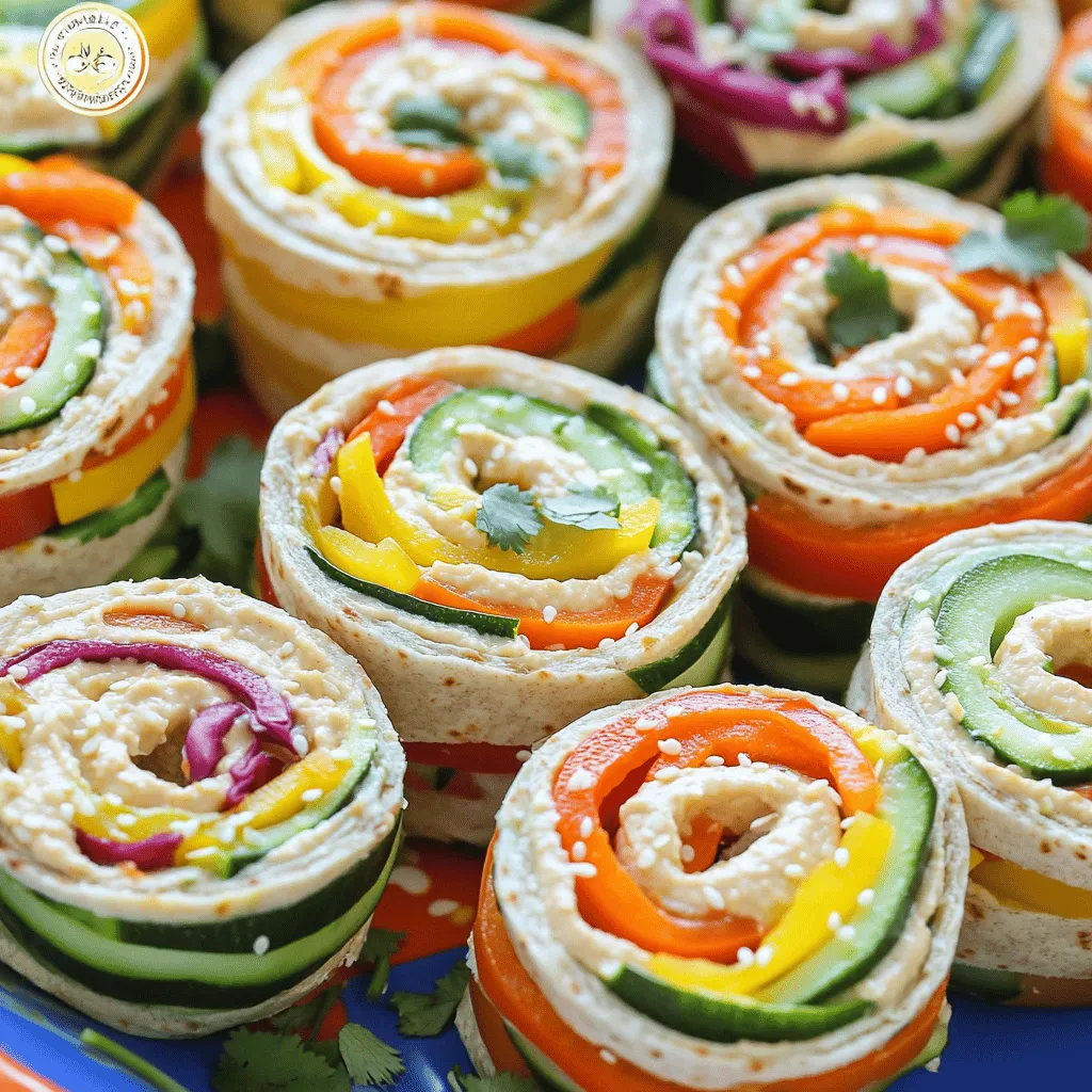 - 4 large spinach or whole wheat tortillas - 1/2 cup hummus (any flavor of your choice) - 1 bell pepper (choose from red, yellow, or orange), thinly sliced - 1 cucumber, cut into thin julienne strips - 1 medium carrot, grated - 1 small zucchini, sliced into julienne strips - 1/2 cup red cabbage, finely shredded - 1/4 cup fresh cilantro or parsley, chopped - Salt and pepper to taste Each ingredient adds color and flavor to your pinwheels. The tortillas serve as the base. I prefer spinach or whole wheat for extra nutrients. Hummus spreads smoothly and adds creaminess. Choose any flavor you love, like garlic or roasted red pepper. Bell peppers bring a sweet crunch. I love using a mix of red, yellow, and orange. They brighten the dish. Cucumbers add a refreshing crunch and keep everything cool. Grated carrot adds sweetness and a nice texture. Zucchini is mild but adds great nutrition. The red cabbage gives a nice crunch and vibrant color. Fresh cilantro or parsley adds a burst of flavor. Lastly, salt and pepper enhance the taste of all the veggies. To keep your pinwheels fresh, use crisp vegetables. Look for firm cucumbers and bright bell peppers. Wash all veggies before slicing. Store pinwheels tightly wrapped in plastic wrap or in an airtight container. They stay fresh in the fridge for up to two days. If you prep ahead, wait to add salt until right before serving. Salt draws out moisture and can make the veggies soggy. Enjoy your colorful and healthy snack! For the full recipe, check out Rainbow Veggie Pinwheels. To make Rainbow Veggie Pinwheels, gather all your ingredients first. This helps keep your kitchen tidy. You need tortillas, hummus, and fresh veggies. The colorful veggies make the dish lively. Prepare your workspace by clearing the area. 1. Place a tortilla flat on your cutting board. 2. Spread a layer of hummus on the tortilla. Make sure it covers all edges. 3. In the center, layer your bell pepper slices. Add cucumber, carrot, zucchini, and red cabbage next. 4. Sprinkle chopped herbs on top, like cilantro or parsley. 5. Season lightly with salt and pepper, but don't overdo it. 6. Start rolling from one end, making it tight. Roll it all the way to the other end. 7. Use a sharp knife to cut the rolled tortilla into 1-inch pieces. 8. Repeat this process with the other tortillas and fillings. Arrange your pinwheels on a bright platter. This makes them look more appealing. Drizzle extra hummus on top for flair. You can also sprinkle sesame seeds for added crunch. Garnish with fresh herbs for a pop of color. Serve with a small bowl of hummus for dipping. Enjoy your vibrant, tasty snack! To make a perfect roll, start with a fresh tortilla. A soft tortilla bends better. Spread the hummus evenly across the entire tortilla. This helps hold the veggies in place. Next, layer the veggies in the center. Don’t overfill it; less is more. Begin rolling from one end, keeping it tight. Use your fingers to tuck in the filling as you roll. Once you reach the end, seal it with a bit of hummus. This trick helps keep the roll together. Salt and pepper are great, but you can add more flavor. Try garlic powder or onion powder. A sprinkle of lemon juice brightens the veggies. You can also use chili flakes for a spicy kick. For a zesty twist, add some lime juice or a dash of vinegar. Always taste your veggies before rolling. Adjust seasonings as needed for the best flavor. Remember, you want the veggies to shine. Mix and match veggies for fun flavors. Add some avocado for creaminess or a slice of cheese for richness. Fresh herbs like basil or mint add a burst of freshness. Try using roasted bell peppers for a sweeter taste. You can even add a spread like pesto for an Italian twist. Get creative! The more you experiment, the more delicious your pinwheels will be. For the complete recipe, check out the Full Recipe section. {{image_4}} You can switch up the tortillas to change flavors and textures. Try using different types like whole grain or herb-infused wraps. Gluten-free options are available too. Consider using lettuce leaves for a low-carb choice. They add a fresh crunch. Feel free to mix and match your veggies. If you don’t like red cabbage, try green cabbage or spinach. Instead of zucchini, you can use bell peppers or radishes for a crisp bite. Carrots can be swapped for shredded beets or even sliced jicama. Each option brings unique tastes and colors. Add extra flavor with spreads. Cream cheese or guacamole works great in place of hummus. For a spicy kick, use a spicy hummus or add jalapeños. Sprinkle some feta cheese or olives for a Mediterranean twist. These small changes can turn your pinwheels into a fun gourmet snack. Check out the Full Recipe for more ideas! To keep your Rainbow Veggie Pinwheels fresh, wrap them tightly in plastic wrap. This keeps air out and prevents them from drying out. You can also use a container with a lid for easy storage. If you stack them, place parchment paper between layers to prevent sticking. You can store pinwheels in the fridge for up to three days. After that, they may lose their crispness and taste. If you have leftovers, make sure to eat them within this time frame for the best flavor. If you want to freeze pinwheels, wrap each one in plastic wrap. Place them in a freezer bag or container to avoid freezer burn. They can last in the freezer for up to three months. To enjoy, thaw them in the fridge overnight before serving. For a quick snack, you can also eat them straight from the freezer, but they may be firmer. You can pair Rainbow Veggie Pinwheels with many tasty options. They go well with fresh fruit, like grapes or apple slices. A side of yogurt or ranch dip adds creaminess and flavor. You might also try serving them with a light salad. A simple green salad with lemon dressing works great. These pinwheels also look nice on a platter with assorted cheeses or nuts. Yes, you can make Rainbow Veggie Pinwheels ahead of time. I often prepare them a few hours before serving. Just keep them in the fridge, wrapped tightly in plastic. This way, they stay fresh and crunchy. If you want to make them a day before, that works too! Just slice them right before serving for the best look. Absolutely! Rainbow Veggie Pinwheels are fun and colorful. Kids usually love the bright veggies and soft tortillas. They can help with the rolling, making it a fun activity. Plus, they can pick their favorite veggies. This way, kids enjoy eating healthy snacks. In this blog post, we explored the key ingredients and steps to make Rainbow Veggie Pinwheels. You learned about selecting fresh ingredients and detailed instructions for a great roll. We also shared tips for perfecting your seasoning and presentation. Variations and storage info help you customize and keep your pinwheels fresh. Lastly, we answered common questions to guide you. Enjoy making these fun, tasty pinwheels that delight everyone!