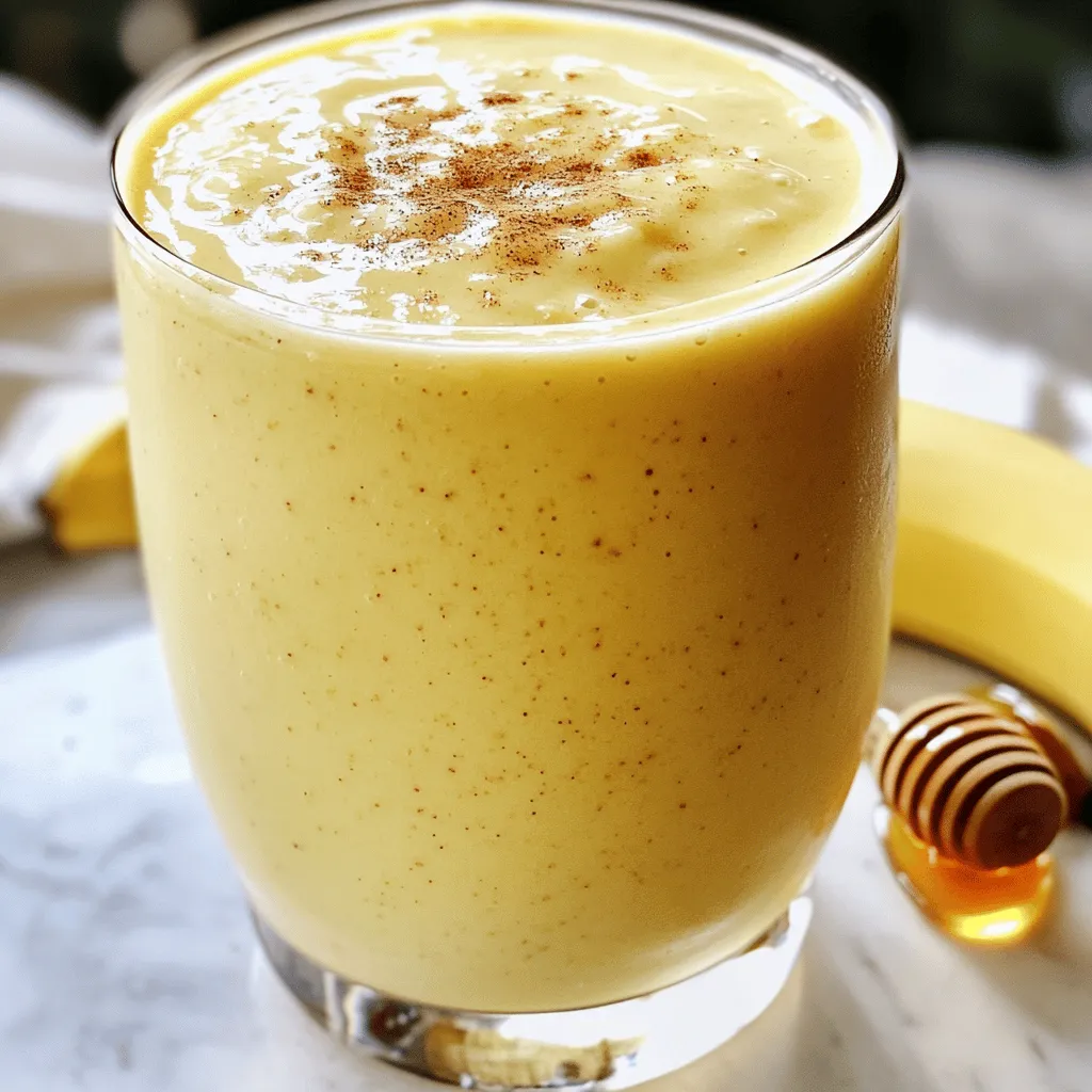 The Banana Nutmeg Smoothie is simple and delightful. Here’s what you need to make it: - 2 ripe bananas, peeled and sliced - 1 cup almond milk (or any milk of your choice) - 1 tablespoon Greek yogurt (or a dairy-free alternative) - 1 tablespoon honey or maple syrup - 1/2 teaspoon ground nutmeg - 1/2 teaspoon pure vanilla extract - 1/4 cup rolled oats - Ice cubes (optional) These ingredients create a rich, creamy base for your smoothie. The ripe bananas give natural sweetness. Almond milk adds creaminess without dairy. Greek yogurt boosts protein and texture. Honey or maple syrup lets you adjust sweetness. Ground nutmeg adds a warm spice, while vanilla brings out the flavors. Oats add fiber and make it filling. You can use ice cubes for a frosty treat. Using the Full Recipe ensures you’ll get a perfectly blended smoothie every time. - Begin by measuring and slicing the bananas. Use ripe bananas for the best taste. - Gather all ingredients for easy access. This makes the process quick and fun. - Combine bananas, almond milk, Greek yogurt, sweetener, nutmeg, and vanilla in the blender. This mix gives a rich flavor. - Blend until smooth and creamy, ensuring no chunks remain. A good blend makes the drink silky. - Taste the smoothie and adjust sweetness if necessary. You might want it sweeter or less sweet. - Pour into glasses and garnish with nutmeg. This adds a lovely aroma and look to your drink. For the complete recipe, check the [Full Recipe]. To get the right thickness for your smoothie, adjust the almond milk. If you want a thicker smoothie, use less almond milk. For a thinner texture, add more. Frozen bananas can also help. They make the smoothie frostier and give it a nice chill. You can change the sweetness level easily. If you want it sweeter, add more honey or maple syrup. You can also try other natural sweeteners like agave nectar or stevia. Just remember to mix well after each addition to taste. The right glassware can make your smoothie look great. Tall, clear glasses work best. Add a fun straw for style. You can garnish with a slice of banana or a sprinkle of nutmeg on top. For snacks, serve with a handful of nuts or granola. These pair well and add crunch to your meal. For the full recipe, check out the detailed instructions provided above. {{image_4}} If you want a dairy-free option, try using oat milk or coconut milk. Both add a unique flavor and creaminess. You can also swap Greek yogurt for silken tofu or coconut yogurt. These alternatives keep your smoothie rich without dairy. For a protein boost, consider adding a scoop of plant-based protein powder. Pea protein works well and blends smoothly. You can also use nut butter like almond or peanut. It adds flavor and makes your smoothie more filling. To make your smoothie even tastier, try adding cinnamon or ginger. These spices pair well with banana and nutmeg. If you want to switch up the fruit, include berries or mango for a fresh twist. Both enhance sweetness and flavor, creating a delightful mix. To store leftover smoothie in the fridge, pour it into an airtight container. This helps keep the smoothie fresh. It’s best to consume it within 24 hours. If you notice any separation, just shake it before drinking. You can freeze smoothie leftovers for later. Pour the smoothie into ice cube trays or a freezer-safe container. This way, you can use it later in other smoothies or drinks. To thaw, leave it in the fridge overnight or blend it while still frozen. You can safely store banana nutmeg smoothie for about 1-2 days in the fridge. If it smells sour or looks off, throw it away. Trust your senses! Always check for signs that the smoothie is no longer good to consume. This smoothie offers many health benefits. Bananas are rich in potassium, which helps to keep your heart healthy. They also provide fiber, which aids digestion. Nutmeg adds a warm flavor and has antioxidants that support your body. Almond milk is low in calories and dairy-free, making it a great choice for many diets. Greek yogurt adds protein, which is key for muscle health. Together, these ingredients make a tasty and nutritious drink. Yes, you can make this smoothie ahead of time. Just follow these steps for the best results: - Make the smoothie and pour it into a jar. - Seal the jar tightly and store it in the fridge. - Consume it within 24 hours for the best taste and texture. If you want it chilled, add ice cubes before blending. This keeps it fresh and cool. Making this smoothie vegan is easy! Just swap a few ingredients: - Use any plant-based milk, like oat or soy milk. - Replace Greek yogurt with coconut yogurt or another dairy-free option. - Choose maple syrup instead of honey for sweetness. These simple changes let you enjoy a creamy and rich banana nutmeg smoothie without any animal products. In this blog post, we explored a simple banana nutmeg smoothie. You learned about the key ingredients, step-by-step blending instructions, and tips for an ideal texture. We also discussed delicious variations and storage tips to keep your smoothie fresh. Remember, a great smoothie is easy to make and fun to customize. Enjoy experimenting with flavors and ingredients. Your smoothie journey starts now, and I hope it brings you joy and health!