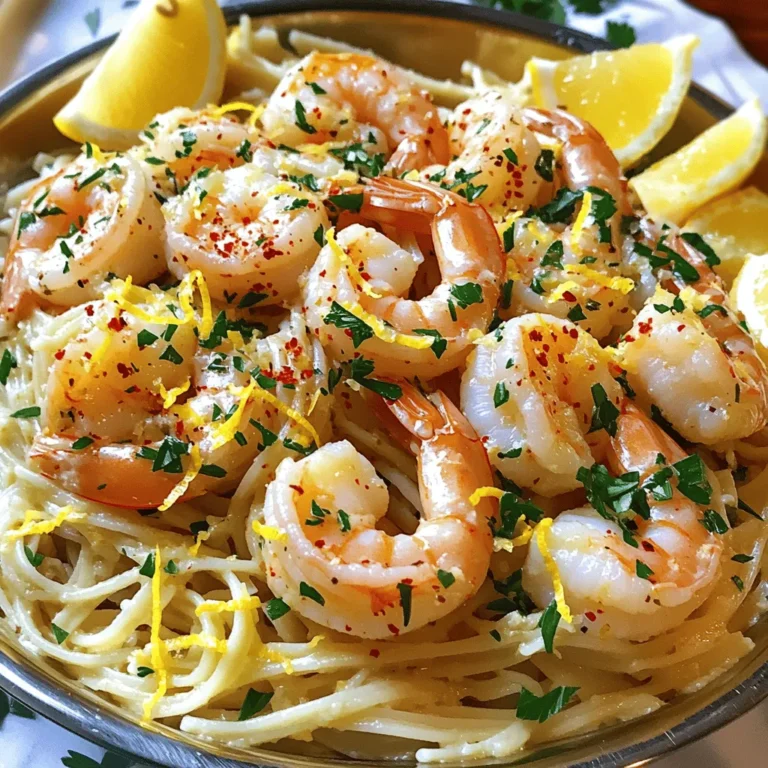 - 1 pound large shrimp, peeled and deveined - 4 tablespoons unsalted butter, divided - 4 cloves garlic, minced - 1 teaspoon red pepper flakes - Zest and juice of 1 lemon - ½ cup chicken broth or seafood stock - 8 ounces linguine or spaghetti - Salt and freshly ground black pepper - 2 tablespoons fresh parsley, finely chopped - Lemon wedges, for serving When I cook Garlic Butter Shrimp Scampi, I focus on fresh and quality ingredients. Start with large shrimp. They should be peeled and deveined for the best taste. I use unsalted butter, which lets me control the salt. Minced garlic is a must. It adds that rich flavor we all love. Optional ingredients can change the dish. If you enjoy a kick, add red pepper flakes. They bring a nice heat. Fresh lemon zest and juice brighten the flavors beautifully. You can use chicken broth or seafood stock to add depth to the sauce. Choosing the right pasta is key. I prefer linguine or spaghetti. They hold the sauce well. Don't forget to season with salt and pepper. Fresh parsley adds color and freshness. Lastly, lemon wedges are perfect for serving. They give a zesty finish when squeezed over the dish. You can find the full recipe in our article. Enjoy cooking this simple delight! 1. Bring a large pot of salted water to a boil. 2. Cook the linguine according to the package instructions until al dente. 1. Melt 2 tablespoons of butter in a skillet over medium heat. 2. Add minced garlic and red pepper flakes. Cook until fragrant, about 1-2 minutes. 1. Increase heat to medium-high. 2. Add shrimp in a single layer. Season with salt and black pepper. Cook until pink and opaque, about 2-3 minutes per side. 1. Pour in chicken broth and lemon juice. Scrape any browned bits from the pan. 2. Let it simmer to reduce slightly, around 2-3 minutes. 1. Stir in the remaining 2 tablespoons of butter until melted. 2. Toss pasta with the sauce, then add shrimp back to the skillet. Garnish with lemon zest and parsley. 1. Adjust seasoning with salt and pepper to taste. 2. Serve immediately with lemon wedges on the side for added flavor. When picking shrimp, you have two main options: fresh or frozen. Fresh shrimp should smell like the sea, not fishy. Look for firm, translucent flesh. Frozen shrimp is often just as good. It’s frozen right after catching, keeping its flavor. If you choose frozen, thaw them slowly in the fridge overnight. To peel shrimp, hold the body and twist off the shell. Pinch the tail to remove it easily. You should devein shrimp too. Use a knife to make a shallow cut along the back. Then, lift out the dark vein with your fingers. This makes your dish cleaner and more pleasant. Adjusting the red pepper flakes can make a big difference in your dish. If you like heat, add more flakes. If you prefer mild, use less. Start with a teaspoon, then taste and adjust. This helps you find the perfect spice level. Fresh lemon juice is key for bright flavor. It wakes up the dish and balances the butter's richness. Squeeze the juice right before adding it to keep it fresh. Zesting the lemon first adds a nice hint of citrus too. To make the sauce creamy, use reserved pasta water. This starchy water helps bind the sauce to the pasta. Start by adding a few tablespoons. Stir and see if you want more. It’s easy to control the sauce's thickness this way. Timing is vital when adding ingredients. Cook the shrimp until they are just pink. Remove them before they overcook. Add them back at the end to keep them tender. This gives you perfect shrimp in your Garlic Butter Shrimp Scampi. For the full recipe, check out the complete guide. {{image_4}} You can easily make Garlic Butter Shrimp Scampi more colorful and nutritious by adding vegetables. Spinach, tomatoes, or bell peppers work well. These veggies add flavor and texture. - Spinach wilts nicely in the sauce, adding a rich green color. - Chopped tomatoes bring sweetness and freshness. - Bell peppers add crunch and a pop of color. You can also think about seasonal vegetables. For example, zucchini in summer or butternut squash in fall. This way, you can enjoy fresh flavors year-round. If you want to switch things up, try using olive oil or ghee instead of butter. - Olive oil gives a fruity flavor and is a heart-healthy option. - Ghee has a nutty taste and is great for those with lactose issues. Both options change the dish’s flavor while keeping it tasty. Plus, they might suit different diets better. The type of pasta you choose can change the dish. You can explore gluten-free options like rice or quinoa pasta. These options cater to gluten-free diets while keeping the dish delicious. If you want a lighter meal, consider zoodles. Zoodles are spiralized zucchini noodles that add freshness. They taste great with the shrimp and sauce, making a fun alternative. Try these variations to make Garlic Butter Shrimp Scampi your own! For the full recipe, check out the details above. To store Garlic Butter Shrimp Scampi, let it cool first. Place it in an airtight container. This keeps the shrimp fresh and tasty. You can store it in the fridge for up to two days. Make sure to eat it within this time for the best flavor. If you want to freeze this dish, it is easy! First, let the shrimp scampi cool completely. Then, transfer it to a freezer-safe container. Remember to leave some room for expansion. You can freeze it for up to three months without losing flavor. When you are ready to eat, thaw it in the fridge overnight. To reheat, place it in a pan over low heat until warm. To reheat your shrimp scampi, avoid overcooking. Use a skillet on low heat. Add a splash of broth or water to keep it moist. Stir gently until heated through. This will help keep the shrimp tender and tasty. Enjoy your meal just like it was fresh! Garlic Butter Shrimp Scampi is quick to prepare. It takes about 10 minutes to get ready and 15 minutes to cook. In total, you need about 25 minutes. This makes it perfect for a weeknight dinner. Yes, you can use frozen shrimp! Just remember to thaw them first. To thaw, place the shrimp in a bowl of cold water for about 15-20 minutes. After they are thawed, pat them dry before cooking. This helps the shrimp cook evenly. This dish pairs well with many sides. You can serve it with garlic bread, a fresh salad, or steamed vegetables. For wine lovers, a crisp white wine like Pinot Grigio is a great choice. It enhances the flavors of the shrimp and butter. To spice things up, add more red pepper flakes. You can also toss in sliced jalapeños or chopped fresh chilies. These additions will give your dish a nice kick without overpowering the other flavors. Yes, this dish works well for meal prep. You can cook a large batch and store it in the fridge for up to three days. Make sure to keep the shrimp and pasta separate until you are ready to eat. This helps maintain their textures. Absolutely! If you want a low-carb option, skip the pasta. You can serve the shrimp over zoodles, cauliflower rice, or even a bed of sautéed spinach. These alternatives keep the dish light and healthy. For the complete recipe, you can refer to the Full Recipe. Enjoy your cooking! In this post, we explored making Garlic Butter Shrimp Scampi. You learned about the main ingredients, cooking methods, and variations for customization. Remember to choose fresh shrimp and adjust flavors to your liking. You can also make this dish gluten-free or even add veggies. Whether you store leftovers or share with friends, this recipe is sure to please. Enjoy creating this delightful meal at home, and don’t hesitate to experiment with flavors!