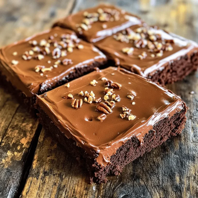 - Dry Ingredients: - 2 cups all-purpose flour - 2 cups granulated sugar - 1 teaspoon baking soda - 1 teaspoon salt - Wet Ingredients: - 1 cup unsalted butter (2 sticks) - 1 cup water - 1/2 cup unsweetened cocoa powder - 2 large eggs - 1 cup buttermilk (or substitute with milk and vinegar) - 1 teaspoon vanilla extract - 1/2 teaspoon almond extract - Frosting Ingredients: - 1/2 cup unsalted butter (1 stick) - 1/4 cup unsweetened cocoa powder - 1/3 cup milk - 4 cups powdered sugar - 1 teaspoon vanilla extract - 1 cup chopped pecans (optional) Texas Sheet Cake is simple and fun to make. You need to gather all the ingredients first. The dry ingredients are key to a fluffy cake. Use good flour and fresh baking soda. The wet ingredients add richness and flavor. Butter and buttermilk make this cake moist. Eggs are essential for binding everything together. The frosting is where the magic happens. It adds a sweet layer on top. Cocoa powder in the frosting gives a deep chocolate flavor. If you like nuts, chopped pecans add a nice crunch. You can find the Full Recipe in the section below for more details. This cake is great for gatherings. Enjoy making it with your family or friends! First, preheat your oven to 350°F (175°C). This is key for an evenly baked cake. In a big bowl, sift together: - 2 cups all-purpose flour - 2 cups granulated sugar - 1 teaspoon baking soda - 1 teaspoon salt Whisk these dry ingredients well to mix and aerate them. In a medium saucepan, combine: - 1 cup unsalted butter - 1 cup water - 1/2 cup unsweetened cocoa powder Heat this mixture over medium heat, stirring constantly. Wait until the butter melts and it gets smooth. Bring it to a boil, then take it off the heat. Carefully pour the hot cocoa mixture into your bowl of dry ingredients. Stir well until there are no dry spots left. In a separate bowl, whisk together: - 2 large eggs - 1 cup buttermilk - 1 teaspoon vanilla extract - 1/2 teaspoon almond extract Pour this egg mixture into the batter. Mix gently until it's just combined. Don’t overmix! Transfer the batter into your greased sheet pan. Spread it evenly with a spatula. Bake for about 20-25 minutes. Check with a toothpick; it should come out clean. While the cake bakes, start the frosting. In a medium saucepan, melt: - 1/2 cup unsalted butter Add: - 1/4 cup unsweetened cocoa powder - 1/3 cup milk Bring this mixture to a gentle boil while stirring. After boiling, take it off the heat. Gradually whisk in: - 4 cups powdered sugar - 1 teaspoon vanilla extract Mix until smooth and glossy. Once baked, let the cake cool in the pan for about 10 minutes. This helps it set while still warm. Pour the warm frosting over the warm cake. Use a spatula to spread it evenly. If you want, sprinkle chopped pecans on top while the frosting is warm. Let the cake cool completely in the pan. Slice into squares for serving. Enjoy this tasty treat! For the complete recipe, check the Full Recipe section. To keep your Texas sheet cake moist, use fresh ingredients. Check that your baking powder is active. Always measure flour correctly; too much can dry out your cake. Mix your wet and dry ingredients just until combined. Overmixing can make it tough. Adding buttermilk helps, too. It adds moisture and rich flavor. You can even substitute with a mix of milk and vinegar for a similar effect. For the best frosting, use it while warm. This allows it to spread easily. Make sure the cake is still a bit warm when you frost it. This will help the frosting melt into the cake, creating a lovely glaze. When mixing the frosting, whisk until smooth. If you want to add nuts, sprinkle them on top while the frosting is still warm. This will help them stick. Cut the cake into neat squares for serving. Place them on a colorful platter to make it pop. You can garnish each square with extra pecans or a drizzle of chocolate. This adds a nice touch and makes it look fancy. For a fun twist, serve with a scoop of vanilla ice cream. The cold ice cream pairs well with the rich cake. Enjoy every bite! {{image_4}} Texas sheet cake is famous for its rich chocolate flavor. However, you can easily make a vanilla version. Just swap the cocoa powder with more flour. Use the same amount of sugar, butter, and eggs. You will get a light and fluffy cake with a sweet vanilla taste. Try both types for a fun dessert spread. Some people have nut allergies, so a nut-free version is great. You can skip the pecans in the frosting or add a nut-free topping. Try using shredded coconut or sprinkles instead. This keeps your cake tasty and safe for everyone. If you need a gluten-free cake, use gluten-free flour. Make sure it has a good mix of starches and proteins. Look for a blend that works well in baking. Replace the buttermilk with a dairy-free option if needed. This way, you can enjoy the same great taste without gluten. To keep your Texas Sheet Cake fresh, store it in an airtight container. This helps maintain moisture and flavor. If you don’t have a container, cover the pan tightly with plastic wrap or foil. Keep it at room temperature if you plan to eat it within a few days. If it’s longer, refrigerate it to extend its life. You can enjoy your Texas Sheet Cake for about 3 to 4 days at room temperature. In the fridge, it can last up to a week. Just remember, the cake may dry out after a few days, so try to eat it sooner rather than later. If you freeze it, it can last for up to 3 months. Just wrap it well to prevent freezer burn. When you are ready to enjoy leftovers, you can reheat your cake. Place a slice in the microwave for about 10 to 15 seconds. This warms it up without making it dry. If you want to serve it warm, consider warming the whole cake in the oven. Set the oven to 350°F (175°C) and heat for about 10 minutes. Just be careful not to overheat it. Enjoy this simple and delicious treat! For the full recipe, check out the Texas Sheet Cake Delight section. Texas Sheet Cake stands out due to its unique texture and size. It is baked in a large sheet pan, which gives it a thin, moist layer. The cake is also rich with cocoa and has a delicious, warm frosting poured on top. This creates a delightful chocolate experience that is both sweet and satisfying. Yes, you can use different types of flour. If you want a gluten-free option, try a gluten-free all-purpose flour blend. Just ensure it has a binding agent like xanthan gum. If you use whole wheat flour, the cake will be denser but still tasty. To check if your cake is done, insert a toothpick in the center. If it comes out clean or with a few crumbs, the cake is ready. It usually takes about 20-25 minutes at 350°F (175°C). Keep an eye on it near the end to avoid overbaking. Texas Sheet Cake has roots in Texas, of course! It became popular in the 1960s. It is thought to be inspired by traditional chocolate cakes but made easier for gatherings. The cake’s size allows it to feed a crowd, making it a favorite at potlucks and family events. Yes, you can freeze Texas Sheet Cake. Make sure it is completely cool before wrapping it tightly in plastic wrap. You can also use aluminum foil. It will keep well for up to three months. When you’re ready to eat it, let it thaw in the fridge overnight. While the classic frosting is chocolate, you can get creative! Try a cream cheese frosting for a tangy twist. A vanilla buttercream also works well. For a lighter option, consider a whipped cream topping. Just remember to frost the cake when it’s still a bit warm for the best flavor! Creating Texas Sheet Cake is easy and fun. You will love the rich chocolate flavor and soft texture. This cake is perfect for parties or family gatherings. Here’s what you need: - 2 cups all-purpose flour - 2 cups granulated sugar - 1 teaspoon baking soda - 1 teaspoon salt - 1 cup unsalted butter (2 sticks) - 1 cup water - 1/2 cup unsweetened cocoa powder - 2 large eggs - 1 cup buttermilk (or substitute with milk and vinegar) - 1 teaspoon vanilla extract - 1/2 teaspoon almond extract Frosting Ingredients: - 1/2 cup unsalted butter (1 stick) - 1/4 cup unsweetened cocoa powder - 1/3 cup milk - 4 cups powdered sugar - 1 teaspoon vanilla extract - 1 cup chopped pecans (optional) 1. Preheat your oven to 350°F (175°C). Grease a large 18x13 inch sheet pan. 2. In a bowl, combine flour, sugar, baking soda, and salt. 3. In a saucepan, mix butter, water, and cocoa powder over medium heat until melted. 4. Pour this cocoa mix into the dry ingredients and stir well. 5. Whisk eggs, buttermilk, vanilla, and almond extract in another bowl. Add to the batter and mix gently. 6. Spread the batter evenly in the pan, then bake for 20-25 minutes. 7. For frosting, melt butter, cocoa powder, and milk in a saucepan. Whisk in powdered sugar and vanilla until smooth. 8. Cool the cake for 10 minutes. Pour the warm frosting over it and add nuts if you want. 9. Let it cool completely before slicing. Buttermilk adds a nice tang and moisture. If you do not have buttermilk, mix milk and vinegar. Let it sit for a few minutes to thicken. Almond extract boosts the cake's flavor but can be skipped if you prefer. Chopped pecans add a nice crunch, but they are optional. You can also try other nuts if you like! Enjoy making this Texas Sheet Cake. It is truly a delight! In this post, we explored how to make a delicious Texas Sheet Cake. We broke down the ingredients, showed easy step-by-step instructions, and shared helpful tips. You learned about variations and how to store your cake correctly. Texas Sheet Cake is fun to bake and share with others. You can adjust the recipe to fit your taste. Enjoy your baking journey and the sweet results that follow!