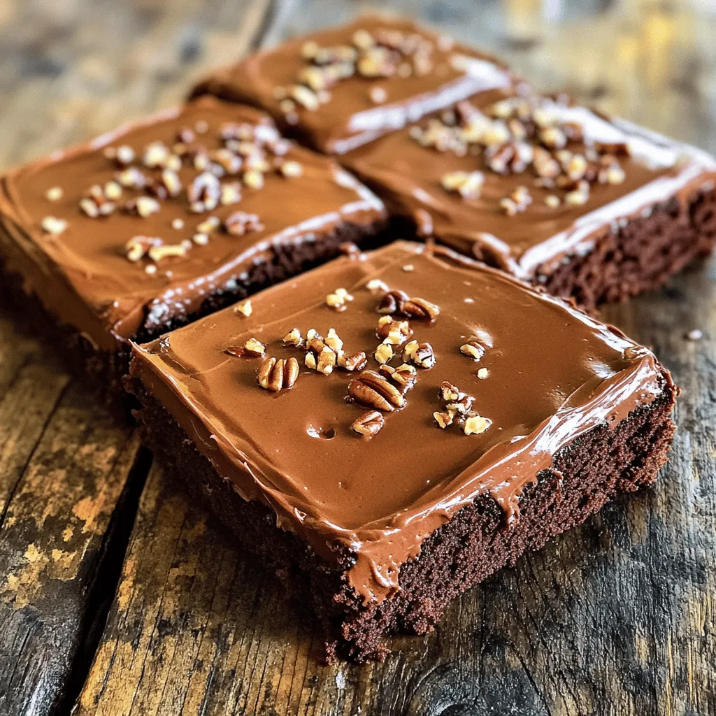 - Dry Ingredients: - 2 cups all-purpose flour - 2 cups granulated sugar - 1 teaspoon baking soda - 1 teaspoon salt - Wet Ingredients: - 1 cup unsalted butter (2 sticks) - 1 cup water - 1/2 cup unsweetened cocoa powder - 2 large eggs - 1 cup buttermilk (or substitute with milk and vinegar) - 1 teaspoon vanilla extract - 1/2 teaspoon almond extract - Frosting Ingredients: - 1/2 cup unsalted butter (1 stick) - 1/4 cup unsweetened cocoa powder - 1/3 cup milk - 4 cups powdered sugar - 1 teaspoon vanilla extract - 1 cup chopped pecans (optional) Texas Sheet Cake is simple and fun to make. You need to gather all the ingredients first. The dry ingredients are key to a fluffy cake. Use good flour and fresh baking soda. The wet ingredients add richness and flavor. Butter and buttermilk make this cake moist. Eggs are essential for binding everything together. The frosting is where the magic happens. It adds a sweet layer on top. Cocoa powder in the frosting gives a deep chocolate flavor. If you like nuts, chopped pecans add a nice crunch. You can find the Full Recipe in the section below for more details. This cake is great for gatherings. Enjoy making it with your family or friends! First, preheat your oven to 350°F (175°C). This is key for an evenly baked cake. In a big bowl, sift together: - 2 cups all-purpose flour - 2 cups granulated sugar - 1 teaspoon baking soda - 1 teaspoon salt Whisk these dry ingredients well to mix and aerate them. In a medium saucepan, combine: - 1 cup unsalted butter - 1 cup water - 1/2 cup unsweetened cocoa powder Heat this mixture over medium heat, stirring constantly. Wait until the butter melts and it gets smooth. Bring it to a boil, then take it off the heat. Carefully pour the hot cocoa mixture into your bowl of dry ingredients. Stir well until there are no dry spots left. In a separate bowl, whisk together: - 2 large eggs - 1 cup buttermilk - 1 teaspoon vanilla extract - 1/2 teaspoon almond extract Pour this egg mixture into the batter. Mix gently until it's just combined. Don’t overmix! Transfer the batter into your greased sheet pan. Spread it evenly with a spatula. Bake for about 20-25 minutes. Check with a toothpick; it should come out clean. While the cake bakes, start the frosting. In a medium saucepan, melt: - 1/2 cup unsalted butter Add: - 1/4 cup unsweetened cocoa powder - 1/3 cup milk Bring this mixture to a gentle boil while stirring. After boiling, take it off the heat. Gradually whisk in: - 4 cups powdered sugar - 1 teaspoon vanilla extract Mix until smooth and glossy. Once baked, let the cake cool in the pan for about 10 minutes. This helps it set while still warm. Pour the warm frosting over the warm cake. Use a spatula to spread it evenly. If you want, sprinkle chopped pecans on top while the frosting is warm. Let the cake cool completely in the pan. Slice into squares for serving. Enjoy this tasty treat! For the complete recipe, check the Full Recipe section. To keep your Texas sheet cake moist, use fresh ingredients. Check that your baking powder is active. Always measure flour correctly; too much can dry out your cake. Mix your wet and dry ingredients just until combined. Overmixing can make it tough. Adding buttermilk helps, too. It adds moisture and rich flavor. You can even substitute with a mix of milk and vinegar for a similar effect. For the best frosting, use it while warm. This allows it to spread easily. Make sure the cake is still a bit warm when you frost it. This will help the frosting melt into the cake, creating a lovely glaze. When mixing the frosting, whisk until smooth. If you want to add nuts, sprinkle them on top while the frosting is still warm. This will help them stick. Cut the cake into neat squares for serving. Place them on a colorful platter to make it pop. You can garnish each square with extra pecans or a drizzle of chocolate. This adds a nice touch and makes it look fancy. For a fun twist, serve with a scoop of vanilla ice cream. The cold ice cream pairs well with the rich cake. Enjoy every bite! {{image_4}} Texas sheet cake is famous for its rich chocolate flavor. However, you can easily make a vanilla version. Just swap the cocoa powder with more flour. Use the same amount of sugar, butter, and eggs. You will get a light and fluffy cake with a sweet vanilla taste. Try both types for a fun dessert spread. Some people have nut allergies, so a nut-free version is great. You can skip the pecans in the frosting or add a nut-free topping. Try using shredded coconut or sprinkles instead. This keeps your cake tasty and safe for everyone. If you need a gluten-free cake, use gluten-free flour. Make sure it has a good mix of starches and proteins. Look for a blend that works well in baking. Replace the buttermilk with a dairy-free option if needed. This way, you can enjoy the same great taste without gluten. To keep your Texas Sheet Cake fresh, store it in an airtight container. This helps maintain moisture and flavor. If you don’t have a container, cover the pan tightly with plastic wrap or foil. Keep it at room temperature if you plan to eat it within a few days. If it’s longer, refrigerate it to extend its life. You can enjoy your Texas Sheet Cake for about 3 to 4 days at room temperature. In the fridge, it can last up to a week. Just remember, the cake may dry out after a few days, so try to eat it sooner rather than later. If you freeze it, it can last for up to 3 months. Just wrap it well to prevent freezer burn. When you are ready to enjoy leftovers, you can reheat your cake. Place a slice in the microwave for about 10 to 15 seconds. This warms it up without making it dry. If you want to serve it warm, consider warming the whole cake in the oven. Set the oven to 350°F (175°C) and heat for about 10 minutes. Just be careful not to overheat it. Enjoy this simple and delicious treat! For the full recipe, check out the Texas Sheet Cake Delight section. Texas Sheet Cake stands out due to its unique texture and size. It is baked in a large sheet pan, which gives it a thin, moist layer. The cake is also rich with cocoa and has a delicious, warm frosting poured on top. This creates a delightful chocolate experience that is both sweet and satisfying. Yes, you can use different types of flour. If you want a gluten-free option, try a gluten-free all-purpose flour blend. Just ensure it has a binding agent like xanthan gum. If you use whole wheat flour, the cake will be denser but still tasty. To check if your cake is done, insert a toothpick in the center. If it comes out clean or with a few crumbs, the cake is ready. It usually takes about 20-25 minutes at 350°F (175°C). Keep an eye on it near the end to avoid overbaking. Texas Sheet Cake has roots in Texas, of course! It became popular in the 1960s. It is thought to be inspired by traditional chocolate cakes but made easier for gatherings. The cake’s size allows it to feed a crowd, making it a favorite at potlucks and family events. Yes, you can freeze Texas Sheet Cake. Make sure it is completely cool before wrapping it tightly in plastic wrap. You can also use aluminum foil. It will keep well for up to three months. When you’re ready to eat it, let it thaw in the fridge overnight. While the classic frosting is chocolate, you can get creative! Try a cream cheese frosting for a tangy twist. A vanilla buttercream also works well. For a lighter option, consider a whipped cream topping. Just remember to frost the cake when it’s still a bit warm for the best flavor! Creating Texas Sheet Cake is easy and fun. You will love the rich chocolate flavor and soft texture. This cake is perfect for parties or family gatherings. Here’s what you need: - 2 cups all-purpose flour - 2 cups granulated sugar - 1 teaspoon baking soda - 1 teaspoon salt - 1 cup unsalted butter (2 sticks) - 1 cup water - 1/2 cup unsweetened cocoa powder - 2 large eggs - 1 cup buttermilk (or substitute with milk and vinegar) - 1 teaspoon vanilla extract - 1/2 teaspoon almond extract Frosting Ingredients: - 1/2 cup unsalted butter (1 stick) - 1/4 cup unsweetened cocoa powder - 1/3 cup milk - 4 cups powdered sugar - 1 teaspoon vanilla extract - 1 cup chopped pecans (optional) 1. Preheat your oven to 350°F (175°C). Grease a large 18x13 inch sheet pan. 2. In a bowl, combine flour, sugar, baking soda, and salt. 3. In a saucepan, mix butter, water, and cocoa powder over medium heat until melted. 4. Pour this cocoa mix into the dry ingredients and stir well. 5. Whisk eggs, buttermilk, vanilla, and almond extract in another bowl. Add to the batter and mix gently. 6. Spread the batter evenly in the pan, then bake for 20-25 minutes. 7. For frosting, melt butter, cocoa powder, and milk in a saucepan. Whisk in powdered sugar and vanilla until smooth. 8. Cool the cake for 10 minutes. Pour the warm frosting over it and add nuts if you want. 9. Let it cool completely before slicing. Buttermilk adds a nice tang and moisture. If you do not have buttermilk, mix milk and vinegar. Let it sit for a few minutes to thicken. Almond extract boosts the cake's flavor but can be skipped if you prefer. Chopped pecans add a nice crunch, but they are optional. You can also try other nuts if you like! Enjoy making this Texas Sheet Cake. It is truly a delight! In this post, we explored how to make a delicious Texas Sheet Cake. We broke down the ingredients, showed easy step-by-step instructions, and shared helpful tips. You learned about variations and how to store your cake correctly. Texas Sheet Cake is fun to bake and share with others. You can adjust the recipe to fit your taste. Enjoy your baking journey and the sweet results that follow!