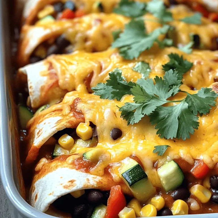 - 8 corn tortillas - 1 cup black beans, drained and rinsed - 1 cup corn kernels (fresh or frozen) - 1 red bell pepper, diced - 1 small zucchini, diced - 1 cup fresh spinach, chopped - 1 teaspoon ground cumin - 1 teaspoon chili powder - 1/2 teaspoon garlic powder - 1 1/2 cups enchilada sauce - 1 cup shredded cheese - 1 tablespoon olive oil - Salt and pepper to taste - Fresh cilantro for garnish You can swap black beans for pinto or kidney beans. You might also try non-dairy cheese if you want a vegan option. If you need gluten-free, use gluten-free tortillas. These swaps keep the recipe flexible and fun! Each serving has about 300 calories. You get protein from beans and fiber from veggies. Black beans boost heart health, while spinach adds iron. Corn gives you energy, making these enchiladas not just tasty but also good for you. - Preheat the oven to 375°F (190°C). - In a large skillet, heat 1 tablespoon of olive oil over medium heat. - Add 1 diced red bell pepper and 1 small diced zucchini. - Sauté for about 5 minutes until they soften. Stir often to avoid sticking. - Next, stir in 1 cup of drained black beans, 1 cup of corn, and 1 cup of chopped spinach. - Cook for 3-4 minutes until the spinach wilts. - Season the mix with 1 teaspoon of ground cumin, 1 teaspoon of chili powder, and 1/2 teaspoon of garlic powder. - Add salt and pepper to taste. Mix well and cook for another 2 minutes. - Pour 1/2 cup of enchilada sauce into a baking dish. Spread it evenly across the bottom. - Warm 8 corn tortillas in the microwave for 20 seconds, or heat them in a skillet. - Take one tortilla and spoon a portion of the filling into the center. - Sprinkle some shredded cheese on top, then roll it up tightly. Place the rolled tortilla seam-side down in the baking dish. - Repeat this for all the tortillas until the filling is used up. - Pour the remaining enchilada sauce over the assembled enchiladas. - Sprinkle the remaining shredded cheese on top of the sauce. - Place the dish in the oven and bake for 20-25 minutes. Look for melted and bubbly cheese. - Allow the enchiladas to cool for a few minutes before serving. Enjoy with fresh cilantro if you like! For the full recipe, check the details above. - Add smokiness with chipotle peppers: Chipotle peppers add a rich, smoky taste. You can use them in the filling or mix them into the sauce. Just chop a few and add them to your veggies while cooking. This will elevate the flavor profile. - Use fresh herbs for garnish: Fresh herbs brighten up your dish. I love adding cilantro or parsley on top before serving. It adds color and freshness, making the enchiladas look even more appealing. - Importance of softening tortillas: Softening the tortillas is key. If they are too hard, they will crack when you roll them. Heat them in the microwave for 20 seconds or warm them on a skillet. This makes them easy to roll and fill without breaking. - Tips for perfectly melted cheese: To get that perfect melt, use a cheese blend with good melting properties. Cheddar and Monterey Jack work great. Add a little extra cheese on top when baking for a delicious, bubbly finish. - Pair with side dishes: Serve your enchiladas with rice or beans on the side. These help balance the meal and add more protein. You can also serve them with a simple salad for extra crunch. - Ideas for toppings: Top your enchiladas with sour cream or guacamole. These creamy toppings add richness and flavor. You can also sprinkle some diced onions or jalapeños for extra spice. These tips will help you make your vegetarian enchiladas even more delicious. For the full recipe, check out the [Full Recipe]. {{image_4}} You can make your enchiladas even better by changing the filling. - Adding roasted vegetables: Roasting veggies like carrots, eggplant, or butternut squash adds depth. The sweet, caramelized flavor makes the filling more exciting. - Using different kinds of cheese: Try mixing cheeses like queso fresco or pepper jack. Each cheese brings its unique taste. This change can keep your enchiladas fresh and fun. The sauce can change the whole dish. - Homemade enchilada sauce recipe: Making your own sauce is simple and rewarding. Blend tomatoes, chili powder, and spices for a rich flavor. This way, you control the heat and taste. - Alternatives like verde sauce: If you like a fresh twist, try verde sauce made with tomatillos. It adds a nice tangy kick that contrasts well with the cheese and veggies. You can adjust the recipe to fit various diets. - Vegan version of enchiladas: Swap cheese for a nut-based cheese or leave it out. Use more beans and veggies to fill the tortillas. You still get a hearty meal without animal products. - Low-carb or keto adaptations: Use lettuce wraps instead of tortillas. This swap keeps the taste while reducing carbs. You can still enjoy the flavors of enchiladas without the extra carbs. For a complete guide on making these delicious meals, check out the Full Recipe. To store leftovers, first, let the enchiladas cool down. Place them in an airtight container. This keeps them fresh and tasty. Glass or plastic containers work well. I prefer glass for easy reheating. If you want to freeze enchiladas, wrap them tightly in plastic wrap. Then, place them in a freezer-safe bag or container. Label the bag with the date. To reheat frozen enchiladas, remove them from the freezer. Let them thaw in the fridge overnight. Bake in a preheated oven at 350°F (175°C) until hot. In the fridge, these enchiladas last about 3 to 5 days. Always check for signs of spoilage. Look for off smells, mold, or changes in color. If you see any of these, it’s best to throw them out. Enjoy your tasty vegetarian enchiladas with confidence! For the full recipe, check the earlier sections. To prevent soggy enchiladas, apply the sauce wisely. Use a thin layer on the bottom of your dish. Do not drown the rolled enchiladas in sauce. Pour the rest of the sauce on top after filling them. Bake them just right. Overcooking can cause sogginess. Bake at 375°F for 20-25 minutes. This keeps them firm and tasty. Yes, you can use flour tortillas. They are softer and easier to roll. However, corn tortillas add a nice flavor. They are also gluten-free. Flour tortillas can get too soft and break. Each type has its charm. Choose based on your taste and needs. Many sides pair well with vegetarian enchiladas. Try Mexican rice for a classic touch. Beans add protein and fiber. A fresh salad can balance the meal. Guacamole or sour cream makes a great dip. You can also serve with a refreshing drink. Consider agua fresca or a light beer. These sides enhance the flavor of your enchiladas. Enjoy exploring different pairings! This blog post covered all you need for delicious vegetarian enchiladas. We discussed key ingredients, from black beans to fresh spinach. I shared tips on prepping and cooking, plus variations for your taste. You learned how to store leftovers and reheat them. These enchiladas are tasty, healthy, and easy to make. Enjoy trying different flavors and ingredients. Whether for a quick dinner or a party, these enchiladas will impress everyone. Now, get in the kitchen and start cooking!