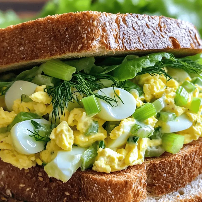 - 4 large eggs - 2 tablespoons mayonnaise - 1 tablespoon Greek yogurt - 1 teaspoon Dijon mustard - 2 green onions, finely chopped - 1 celery stalk, diced - Salt and pepper to taste - 1 teaspoon fresh dill (or ½ teaspoon dried dill) - 4 slices of whole grain bread - Crisp lettuce leaves for serving The first step in making an easy egg salad sandwich is gathering your ingredients. You need four large eggs, which provide protein and flavor. Mayonnaise adds creaminess, while Greek yogurt gives a healthy twist. Dijon mustard brings a bit of tang that makes the salad pop. Green onions and celery add crunch and freshness. Adding fresh dill gives an aromatic touch. You can also use dried dill if you don’t have fresh. Whole grain bread is a hearty choice, perfect for holding the filling. Crisp lettuce leaves offer a nice crunch in every bite. - Calories per serving: About 300 calories - Protein: 14 grams - Fat: 20 grams - Carbohydrates: 24 grams This sandwich is a good source of protein, thanks to the eggs. It contains healthy fats from mayonnaise and yogurt. The whole grain bread adds fiber and carbs for energy. For dietary considerations, this recipe is vegetarian but not gluten-free. You can use gluten-free bread if needed. This sandwich is simple and satisfying, great for lunch or a snack. To boil eggs, place them in a pot. Cover the eggs with cold water. Heat the pot on medium-high until the water boils. Once boiling, cover the pot and turn off the heat. Let the eggs sit for 12 minutes for perfect hard-boiled eggs. Overcooking can lead to a green ring around the yolk. After 12 minutes, move the eggs to a bowl with ice water. This ice bath cools the eggs quickly. Let them chill for about 5 minutes. This step makes peeling easier. To peel, tap each egg on a hard surface to crack the shell. Peel the eggs under running water for less mess. In a large bowl, combine the chopped eggs with the following: - 2 tablespoons mayonnaise - 1 tablespoon Greek yogurt - 1 teaspoon Dijon mustard - 2 green onions, finely chopped - 1 celery stalk, diced - 1 teaspoon fresh dill (or ½ teaspoon dried dill) - Salt and pepper to taste Mix gently so the eggs stay chunky. You can adjust flavors to your liking. Add more salt, pepper, or even a splash of lemon juice for brightness. For the best toast, use whole grain bread. You can toast it in a toaster or on a griddle. Aim for a golden-brown color. Crisp bread adds great texture to your sandwich. A good crunch makes the bite even better. Spread the egg salad on two slices of toasted bread. Be generous! Top with crisp lettuce leaves for crunch. Place the other slices of bread on top. Press down gently for a nice fit. Cut the sandwiches in half diagonally for a beautiful look. Serve with potato chips or pickles for a classic touch. For the full recipe, check the detailed instructions above. Enjoy your tasty egg salad sandwiches! To make the perfect egg salad, you must avoid overmixing. Overmixing can turn your salad into a mushy mess. Mix gently until all the ingredients blend well. This keeps the eggs chunky and enjoyable. Adding herbs and spices can elevate your egg salad. Fresh dill adds a nice taste. You can also try chives, parsley, or even a little paprika. These flavors make your salad pop and keep it exciting. Choosing the right bread is key to a great sandwich. Whole grain bread is a classic choice. It adds a nutty flavor and is healthy. You can also use sourdough for a tangy twist. For those needing gluten-free options, many choices exist. Look for gluten-free bread at your local store. Lettuce leaves can also be a fun wrap alternative. They keep the sandwich light and fresh. A well-presented sandwich makes any meal special. Serve your egg salad sandwich on a colorful plate. You can add a side of chips or pickles for texture and taste. For garnishing, sprinkle some extra dill or paprika on top. This adds color and makes your dish inviting. You could also add a slice of tomato or cucumber for a fresh look. {{image_4}} Egg salad sandwiches are great as they are, but you can jazz them up! Let’s explore some fun and tasty variations to enjoy this classic dish. - Adding crispy bacon or ham: Crumbled bacon or diced ham adds a salty crunch. Just mix it into your egg salad. The extra flavor makes every bite exciting. - Incorporating avocado or other spreads: Mash up avocado and mix it in. It gives your egg salad a creamy texture. You can also try hummus or pesto for a twist. - Using different mustards or dressings: Swap regular Dijon for spicy brown or honey mustard. Each adds its own zing. You could also try ranch dressing for a creamy touch. - Herbal variations: Fresh herbs like dill or chives can really brighten up your egg salad. Chop them finely and mix them in. They add a fresh taste that pairs well with eggs. - Low-fat substitutes: Use Greek yogurt instead of mayonnaise. It cuts fat but keeps creaminess. You can also try low-fat mayo for a lighter option. - Vegan alternatives for egg salad: Replace eggs with mashed chickpeas. Add vegan mayo, mustard, and fresh herbs. This way, you enjoy a tasty salad without eggs. For the full recipe, see the section above! To keep your egg salad fresh, store it in a sealed container. Glass or plastic containers work well. Make sure the lid fits tightly. This helps prevent air from getting in and keeps the salad tasty. If you have a lot left, divide it into smaller portions. It makes it easy to grab for lunches or snacks. Egg salad stays good in the fridge for about 3 to 5 days. Always check for signs of spoilage. If the color changes or if it smells off, toss it out. Another sign is if the texture becomes watery or slimy. It’s best to eat it fresh, but these tips will help keep it safe! To make hard-boiled eggs, start with cold water. Place eggs in a pot. Cover them with water. Heat on medium-high until boiling. Cover the pot and turn off the heat. Let them sit for 12 minutes. This method helps avoid greenish yolks. Cooling them quickly is key. Use an ice bath to stop cooking. This makes peeling easier. Watch out for overcooked eggs; they become rubbery. Yes, you can make egg salad ahead of time. It tastes even better after sitting. Store it in the fridge for up to three days. Use an airtight container to keep it fresh. When ready to serve, stir it well. Add a little more mayo if it looks dry. This tip helps keep flavors bright and fresh. Egg salad sandwiches pair well with many sides. Try potato chips for crunch. A simple green salad balances the meal. You can also serve pickles or carrot sticks. These sides add color and texture. For a fun twist, try serving with fruit salad. The sweetness of fruit complements the savory eggs. Egg salad can be a healthy choice. Eggs provide protein and healthy fats. They also contain vitamins like B12 and D. The addition of Greek yogurt cuts fat and adds creaminess. Using whole grain bread boosts fiber content. Just watch the mayo; too much can add extra calories. Overall, it's a balanced meal with good nutrients. Freezing egg salad is not recommended. The texture changes after thawing. If you must freeze, do so without mayo. Thaw it in the fridge overnight when ready to eat. Then mix in fresh mayo before serving. This keeps the salad creamy and tasty. Avoid overcooking the eggs; they can become tough. Use a gentle hand when mixing. Overmixing can make the salad mushy. Make sure to season well; taste as you go. Don’t skip the crunch; celery adds texture. Finally, choose good bread; stale bread ruins the sandwich. Following these tips ensures a perfect egg salad sandwich. For a complete recipe, check the Full Recipe section. In this post, we explored how to create a tasty egg salad sandwich. We covered the key ingredients, cooking methods, and tips for best results. You learned how to boil eggs perfectly and make a flavorful mix. Remember, the right bread and presentation can elevate your meal. Adjust flavors to fit your taste, and don’t forget about variations. With proper storage, your leftovers stay fresh. Enjoy making this simple and healthy dish, and share it with others for a delightful treat. Happy cooking!