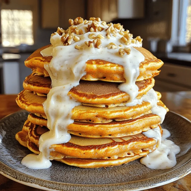 To make carrot cake pancakes, you need: - 1 cup all-purpose flour - 1 teaspoon baking powder - 1/2 teaspoon baking soda - 1/2 teaspoon ground cinnamon - 1/4 teaspoon ground nutmeg - 1/4 teaspoon salt - 1 cup finely grated carrots (about 2 medium carrots) - 1/4 cup packed brown sugar - 1/4 cup granulated sugar - 1 large egg, lightly beaten - 1 cup buttermilk, at room temperature - 1/4 cup unsweetened applesauce - 2 tablespoons unsalted butter, melted (plus extra for cooking) - 1/2 cup chopped walnuts or pecans (optional) - Cream cheese frosting for topping (optional) If you need to swap some ingredients, here are helpful options: - Flour: Use whole wheat flour for a healthier twist. - Buttermilk: Make a quick substitute by mixing milk with vinegar or lemon juice. - Egg: Replace with a flaxseed meal for a vegan option. - Brown Sugar: Coconut sugar works well if you want a lower glycemic index. - Nuts: You can skip the nuts or use sunflower seeds for crunch. Carrot cake pancakes can be a nutritious breakfast. Here’s a quick look at what’s inside: - Calories: About 200 per pancake (without frosting) - Protein: 6 grams - Carbohydrates: 30 grams - Fat: 7 grams - Fiber: 2 grams - Sugars: 8 grams This dish is a great way to start your day with some veggies and whole grains. You can find the full recipe to make these tasty pancakes easily. Start by gathering your dry ingredients. In a large mixing bowl, add 1 cup of all-purpose flour, 1 teaspoon of baking powder, and 1/2 teaspoon of baking soda. Next, sprinkle in 1/2 teaspoon of ground cinnamon, 1/4 teaspoon of ground nutmeg, and 1/4 teaspoon of salt. Whisk all these ingredients together until they are well mixed. This step helps to ensure that your pancakes rise properly. Set this bowl aside while you work on the wet mixture. Now, move on to your wet ingredients. In another bowl, combine 1 cup of finely grated carrots, which is about 2 medium carrots. Add 1/4 cup of packed brown sugar and 1/4 cup of granulated sugar. Crack in 1 large egg and pour in 1 cup of room temperature buttermilk. Add 1/4 cup of unsweetened applesauce and 2 tablespoons of melted unsalted butter. Stir this mixture until it is smooth and well combined. The carrots will add moisture and sweetness to your pancakes. It’s time to cook! Heat a non-stick skillet or griddle over medium heat. Add a small pat of butter, allowing it to melt and coat the skillet. For each pancake, pour about 1/4 cup of batter onto the hot surface. Cook until bubbles form on the surface, about 2-3 minutes. Carefully flip the pancake and cook for another 2-3 minutes, until both sides are golden brown. Repeat this until you cook all the batter. Serve your pancakes warm, topped with cream cheese frosting if you like. You can even sprinkle some extra nuts on top for a great crunch. Enjoy your delicious Carrot Cake Pancakes! For the complete recipe, check out the Full Recipe section. To make your carrot cake pancakes fluffy, mix gently. Overmixing can create tough pancakes. It’s okay to leave some lumps in your batter. This helps keep them light and airy. Also, make sure your baking powder and baking soda are fresh. Old leavening agents can lead to flat pancakes. If you have extra pancakes, let them cool first. Place them in a single layer on a plate. Use parchment paper between layers to avoid sticking. Cover with plastic wrap or foil. You can store them in the fridge for up to 3 days. For longer storage, freeze them. Wrap each pancake in plastic wrap and place them in a freezer bag. They last up to 2 months in the freezer. These pancakes shine with cream cheese frosting on top. You can also sprinkle chopped nuts for crunch. Try adding fresh fruit like berries or banana slices. A drizzle of maple syrup can enhance the sweetness. For a fun twist, serve with a dollop of yogurt. Enjoy exploring different toppings to find your favorite! {{image_4}} You can easily make carrot cake pancakes gluten-free. Simply swap the all-purpose flour for a gluten-free blend. Look for a blend that contains xanthan gum, which helps the pancakes rise. This will give you a fluffy texture. Many blends work well, like almond or coconut flour. Just remember, each flour absorbs different amounts of liquid. You might need to adjust the buttermilk or applesauce accordingly. If you want a vegan version, replace the egg with a flaxseed meal. Mix one tablespoon of flaxseed with three tablespoons of water. Let it sit for a few minutes until it thickens. Use plant-based milk instead of buttermilk. Almond milk or oat milk works great here. Swap the melted butter with coconut oil or a vegan butter alternative. You won’t miss the dairy at all! To jazz up your carrot cake pancakes, add spices or fruits. Extra cinnamon or a dash of ginger can boost flavor. You could also mix in some raisins or pineapple for added sweetness and moisture. If you love nuts, consider pecans or walnuts. They add a nice crunch. You can even top the pancakes with fresh fruit like berries or bananas for a fresh twist. Want a sweet finish? Drizzle with maple syrup or honey for extra goodness. For the complete recipe, check out the Full Recipe. You can keep your carrot cake pancakes fresh in the fridge. Place them in an airtight container. They will stay good for about three days. If you want to store them longer, consider freezing. To reheat your pancakes, use a microwave or a skillet. In the microwave, heat them for about 20-30 seconds. For the skillet, warm them over medium heat for a minute on each side. This keeps them soft and tasty. Freezing pancakes is easy. First, let them cool completely. Then, stack them with parchment paper in between. Place the stack in a freezer bag or container. You can freeze them for up to three months. When you want them, just reheat as described above. Enjoy your delicious breakfast treat any time! For the full recipe, check out the details above. Yes, you can make Carrot Cake Pancakes ahead of time. Cook the pancakes and let them cool. Then, stack them with parchment paper in between. Place the stack in an airtight container. You can store them in the fridge for three days. For longer storage, freeze them for up to three months. To enjoy later, simply reheat them in the microwave or toaster. To make your Carrot Cake Pancakes less sweet, reduce the sugar. You can cut both the brown sugar and granulated sugar by half. Another option is to use unsweetened applesauce. This keeps moisture but lowers sweetness. You can also add more spices, like cinnamon and nutmeg, for flavor without sugar. The best toppings for Carrot Cake Pancakes include: - Cream cheese frosting - Chopped walnuts or pecans - A sprinkle of cinnamon - Fresh fruit, like banana or pineapple - Maple syrup for added sweetness Feel free to mix and match these toppings. They add texture and flavor, making your breakfast even more delightful. For the full recipe, check out the earlier sections. We explored how to make tasty carrot cake pancakes. You learned about ingredients, substitutions, and nutrition. I shared step-by-step instructions for perfect pancakes. We went over tips for fluffiness and how to store leftovers. I also suggested gluten-free and vegan options. Finally, I answered common questions about meal prep and toppings. Try these pancakes for breakfast. You won’t be disappointed! Enjoy the flavors and fun!