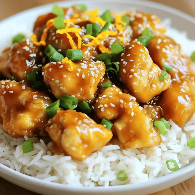 To make sticky orange chicken, you'll need a few simple yet flavorful items. Here is a complete list of ingredients you'll need for this recipe: - 1.5 lbs boneless, skinless chicken thighs - 1/2 cup cornstarch - 2 tablespoons vegetable oil - 3 cloves garlic, finely minced - 1-inch piece of fresh ginger, grated - 1/4 cup low sodium soy sauce - 1/2 cup freshly squeezed orange juice - Zest of 1 medium orange - 1/4 cup honey - 2 tablespoons rice vinegar - 1/2 teaspoon red pepper flakes (optional) - 2 green onions, finely chopped, for garnish - Sesame seeds, for garnish Using high-quality chicken is key for this dish. Chicken thighs stay juicy and tender. Cornstarch is essential for a crispy texture. Vegetable oil helps with frying and flavor. Fresh garlic and ginger bring bold taste to the sauce. Orange juice and zest create a bright, zesty flavor. Honey adds sweetness that balances the dish. Rice vinegar gives a touch of tang. If you like spice, add red pepper flakes for heat. Don’t forget the green onions and sesame seeds for garnish. They add color and crunch. This recipe is simple yet packed with flavor. You can find the full recipe in earlier sections. Coating with Cornstarch Start by placing the chicken pieces in a big bowl. Pour in the cornstarch. Mix it well with your hands or a spoon. Make sure all chicken pieces are covered. This step is key for a crispy finish. Sautéing the Chicken Pieces Next, heat the vegetable oil in a large skillet or wok on medium-high heat. Once hot, add the chicken in batches. Avoid crowding the pan. Cook for about 5-7 minutes. Stir it often until the chicken turns golden brown. Check that each piece reaches 165°F inside. Remove the chicken and place it on a plate with paper towels to soak up extra oil. Sautéing Garlic and Ginger Lower the heat to medium. In the same skillet, add the minced garlic and grated ginger. Sauté for about 30 seconds. You want to smell the rich aroma of garlic and ginger. This signals it’s time to mix the sauce. Mixing the Sauce Ingredients Pour in the soy sauce, orange juice, orange zest, honey, and rice vinegar. If you like some heat, add the red pepper flakes. Stir it all together. Increase the heat slightly and let it bubble. Allow the sauce to simmer for 3-5 minutes. You want it to thicken and develop a rich flavor. Glazing the Chicken Now, return the cooked chicken to the skillet. Use a spatula to toss the chicken in the sauce. Ensure every piece gets coated. Let it cook for another 2-3 minutes. This will heat the chicken through and make it sticky and flavorful. Garnishing for Serving Take the skillet off the heat. Sprinkle the chopped green onions and sesame seeds over the chicken. These add color and crunch. Serve this dish hot and enjoy the zesty flavors of your sticky orange chicken. Check the Full Recipe for more details! Importance of Cornstarch Coating Coating the chicken in cornstarch is key for a crispy bite. It helps create a crunchy layer when you fry it. The cornstarch seals in moisture, keeping the chicken juicy. You want to ensure every piece is coated well. This simple step makes a big difference in texture and taste. Avoiding Overcrowding the Pan Do not overcrowd the pan when cooking the chicken. If you add too much at once, the chicken will steam instead of fry. This means less crispiness. Cook in batches and give each piece space. This way, you get that golden-brown color you want. Using Fresh Ingredients Using fresh ingredients makes your dish taste better. Fresh garlic and ginger give a bright flavor. Squeeze your own orange juice for the best taste. Fresh zest adds a lovely aroma. These small details make your sticky orange chicken shine. Adjusting Spice Levels If you like heat, add red pepper flakes. Start with a small amount and taste as you go. You can always add more if you want a kick. If you prefer a milder dish, skip the spice. Tailor the recipe to your taste buds. Pairing with Sides This sticky orange chicken goes well with many sides. Serve it over fluffy jasmine rice for a complete meal. Steamed broccoli or green beans also work nicely. These sides balance the sweetness of the chicken. Presentation Ideas Make your dish look as good as it tastes. Use a white plate to make the orange color pop. Drizzle some extra sauce on top. Sprinkle sesame seeds and green onions for a final touch. A pretty plate makes every meal special. For the full recipe, check out the Sticky Orange Chicken Delight. {{image_4}} You can easily switch up the protein in this dish. - Using Chicken Breasts: You can replace chicken thighs with chicken breasts. They are leaner and will still taste great. Just be sure to cook them until they are juicy. - Substituting with Tofu or Tempeh: For a plant-based option, try tofu or tempeh. Cut them into bite-sized pieces and follow the same steps as the chicken. They soak up the sauce well and give a nice texture. Feel free to play with flavors to make this dish your own. - Adding More Citrus: Want more zing? Add lime or lemon juice. A splash at the end brightens the dish and gives it a fresh twist. - Experimenting with Herbs and Spices: You can also try adding fresh herbs like cilantro or basil. A sprinkle of these can add depth and freshness. This recipe can fit many dietary needs. - Gluten-Free Modifications: If you're gluten-free, use tamari instead of soy sauce. This keeps the flavor while making it safe for your diet. - Low-Sugar Alternatives: For a low-sugar version, substitute honey with a sugar-free sweetener. This still gives sweetness without the extra calories. These variations help you enjoy Sticky Orange Chicken in your own way. Check the Full Recipe for more details! After you enjoy your sticky orange chicken, you may have some leftovers. To keep them fresh, store the chicken in an airtight container. Place it in the fridge. It will last for about 3 to 4 days. When reheating, use the microwave or a skillet. Heat it gently to avoid drying it out. A splash of water can help keep it moist. If you want to keep your sticky orange chicken longer, consider freezing it. Allow the chicken to cool completely before freezing. Place it in a freezer-safe bag or container. Remove as much air as possible to prevent freezer burn. It can stay in the freezer for up to 3 months. When you're ready to use it, thaw the chicken overnight in the fridge. For a quicker method, you can use the defrost setting on your microwave. Just be careful not to start cooking it. To maintain the best flavor, always serve your sticky orange chicken fresh. If you prepare it ahead of time, store the sauce separately. This will help keep the chicken crispy. When you are ready to serve, reheat both the chicken and sauce. Toss them together just before serving for that sticky goodness. For more details on how to make this dish, check out the Full Recipe. You can enjoy Sticky Orange Chicken with a few tasty sides. Here are some great options: - Fluffy jasmine rice - Steamed broccoli - Fried rice - Sautéed snap peas - Crisp green salad For drinks, pair it with: - Iced tea - Sparkling water with lemon - A light white wine These sides and drinks will balance the sweet and sticky flavors of the chicken. To kick up the heat in your Sticky Orange Chicken, try these tips: - Adding Heat with Pepper Flakes: Sprinkle red pepper flakes into the sauce. Start with a little and add more if needed. This gives a nice kick without overpowering the dish. - Experimenting with Hot Sauces: Mix in your favorite hot sauce. A few drops can add flavor and heat. Choose a sauce that complements the orange taste. You can adjust the heat to match your taste! Yes, you can prep Sticky Orange Chicken in advance. Here’s how: - Prep Tips for Making in Advance: Marinate the chicken in the sauce for a few hours or overnight. This adds great flavor. You can also chop the garlic and ginger ahead of time. - Adjusting Cooking Times: When cooking, make sure the chicken is heated through. If you make it ahead, just warm it on low heat in the skillet. This keeps it from drying out. These tips help you enjoy a delicious meal even on busy days. For the full recipe, check out the [Full Recipe]. This blog post guided you through making Sticky Orange Chicken, from ingredients to storage tips. Remember to coat the chicken in cornstarch for that perfect crunch. Use fresh ingredients to enhance flavor and feel free to experiment with proteins and spices. With these straightforward steps and variations, you can enjoy a tasty meal that suits your needs. Keep these tips in mind for a delicious outcome every time. Now, it’s time to bring this vibrant dish to your table!