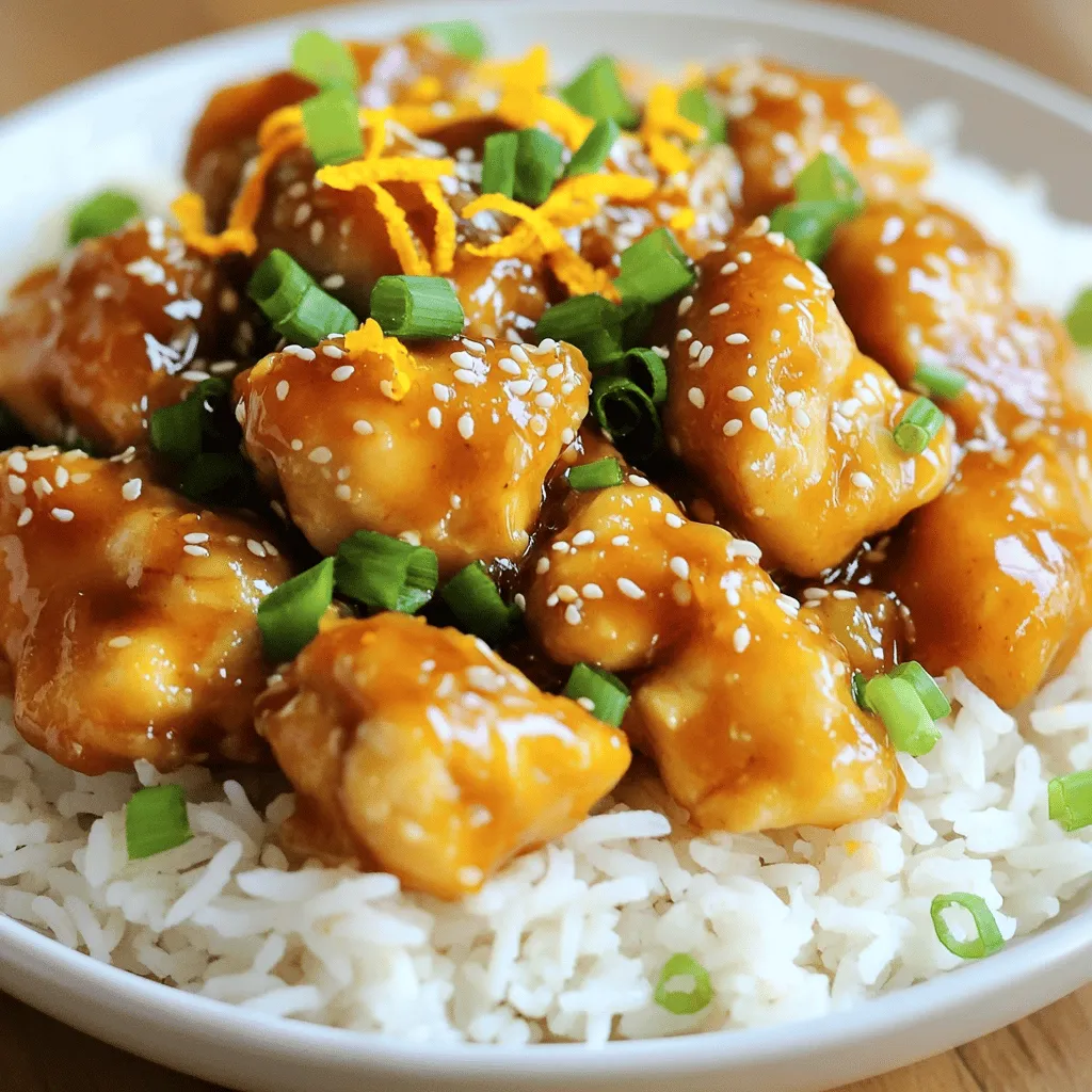 To make sticky orange chicken, you'll need a few simple yet flavorful items. Here is a complete list of ingredients you'll need for this recipe: - 1.5 lbs boneless, skinless chicken thighs - 1/2 cup cornstarch - 2 tablespoons vegetable oil - 3 cloves garlic, finely minced - 1-inch piece of fresh ginger, grated - 1/4 cup low sodium soy sauce - 1/2 cup freshly squeezed orange juice - Zest of 1 medium orange - 1/4 cup honey - 2 tablespoons rice vinegar - 1/2 teaspoon red pepper flakes (optional) - 2 green onions, finely chopped, for garnish - Sesame seeds, for garnish Using high-quality chicken is key for this dish. Chicken thighs stay juicy and tender. Cornstarch is essential for a crispy texture. Vegetable oil helps with frying and flavor. Fresh garlic and ginger bring bold taste to the sauce. Orange juice and zest create a bright, zesty flavor. Honey adds sweetness that balances the dish. Rice vinegar gives a touch of tang. If you like spice, add red pepper flakes for heat. Don’t forget the green onions and sesame seeds for garnish. They add color and crunch. This recipe is simple yet packed with flavor. You can find the full recipe in earlier sections. Coating with Cornstarch Start by placing the chicken pieces in a big bowl. Pour in the cornstarch. Mix it well with your hands or a spoon. Make sure all chicken pieces are covered. This step is key for a crispy finish. Sautéing the Chicken Pieces Next, heat the vegetable oil in a large skillet or wok on medium-high heat. Once hot, add the chicken in batches. Avoid crowding the pan. Cook for about 5-7 minutes. Stir it often until the chicken turns golden brown. Check that each piece reaches 165°F inside. Remove the chicken and place it on a plate with paper towels to soak up extra oil. Sautéing Garlic and Ginger Lower the heat to medium. In the same skillet, add the minced garlic and grated ginger. Sauté for about 30 seconds. You want to smell the rich aroma of garlic and ginger. This signals it’s time to mix the sauce. Mixing the Sauce Ingredients Pour in the soy sauce, orange juice, orange zest, honey, and rice vinegar. If you like some heat, add the red pepper flakes. Stir it all together. Increase the heat slightly and let it bubble. Allow the sauce to simmer for 3-5 minutes. You want it to thicken and develop a rich flavor. Glazing the Chicken Now, return the cooked chicken to the skillet. Use a spatula to toss the chicken in the sauce. Ensure every piece gets coated. Let it cook for another 2-3 minutes. This will heat the chicken through and make it sticky and flavorful. Garnishing for Serving Take the skillet off the heat. Sprinkle the chopped green onions and sesame seeds over the chicken. These add color and crunch. Serve this dish hot and enjoy the zesty flavors of your sticky orange chicken. Check the Full Recipe for more details! Importance of Cornstarch Coating Coating the chicken in cornstarch is key for a crispy bite. It helps create a crunchy layer when you fry it. The cornstarch seals in moisture, keeping the chicken juicy. You want to ensure every piece is coated well. This simple step makes a big difference in texture and taste. Avoiding Overcrowding the Pan Do not overcrowd the pan when cooking the chicken. If you add too much at once, the chicken will steam instead of fry. This means less crispiness. Cook in batches and give each piece space. This way, you get that golden-brown color you want. Using Fresh Ingredients Using fresh ingredients makes your dish taste better. Fresh garlic and ginger give a bright flavor. Squeeze your own orange juice for the best taste. Fresh zest adds a lovely aroma. These small details make your sticky orange chicken shine. Adjusting Spice Levels If you like heat, add red pepper flakes. Start with a small amount and taste as you go. You can always add more if you want a kick. If you prefer a milder dish, skip the spice. Tailor the recipe to your taste buds. Pairing with Sides This sticky orange chicken goes well with many sides. Serve it over fluffy jasmine rice for a complete meal. Steamed broccoli or green beans also work nicely. These sides balance the sweetness of the chicken. Presentation Ideas Make your dish look as good as it tastes. Use a white plate to make the orange color pop. Drizzle some extra sauce on top. Sprinkle sesame seeds and green onions for a final touch. A pretty plate makes every meal special. For the full recipe, check out the Sticky Orange Chicken Delight. {{image_4}} You can easily switch up the protein in this dish. - Using Chicken Breasts: You can replace chicken thighs with chicken breasts. They are leaner and will still taste great. Just be sure to cook them until they are juicy. - Substituting with Tofu or Tempeh: For a plant-based option, try tofu or tempeh. Cut them into bite-sized pieces and follow the same steps as the chicken. They soak up the sauce well and give a nice texture. Feel free to play with flavors to make this dish your own. - Adding More Citrus: Want more zing? Add lime or lemon juice. A splash at the end brightens the dish and gives it a fresh twist. - Experimenting with Herbs and Spices: You can also try adding fresh herbs like cilantro or basil. A sprinkle of these can add depth and freshness. This recipe can fit many dietary needs. - Gluten-Free Modifications: If you're gluten-free, use tamari instead of soy sauce. This keeps the flavor while making it safe for your diet. - Low-Sugar Alternatives: For a low-sugar version, substitute honey with a sugar-free sweetener. This still gives sweetness without the extra calories. These variations help you enjoy Sticky Orange Chicken in your own way. Check the Full Recipe for more details! After you enjoy your sticky orange chicken, you may have some leftovers. To keep them fresh, store the chicken in an airtight container. Place it in the fridge. It will last for about 3 to 4 days. When reheating, use the microwave or a skillet. Heat it gently to avoid drying it out. A splash of water can help keep it moist. If you want to keep your sticky orange chicken longer, consider freezing it. Allow the chicken to cool completely before freezing. Place it in a freezer-safe bag or container. Remove as much air as possible to prevent freezer burn. It can stay in the freezer for up to 3 months. When you're ready to use it, thaw the chicken overnight in the fridge. For a quicker method, you can use the defrost setting on your microwave. Just be careful not to start cooking it. To maintain the best flavor, always serve your sticky orange chicken fresh. If you prepare it ahead of time, store the sauce separately. This will help keep the chicken crispy. When you are ready to serve, reheat both the chicken and sauce. Toss them together just before serving for that sticky goodness. For more details on how to make this dish, check out the Full Recipe. You can enjoy Sticky Orange Chicken with a few tasty sides. Here are some great options: - Fluffy jasmine rice - Steamed broccoli - Fried rice - Sautéed snap peas - Crisp green salad For drinks, pair it with: - Iced tea - Sparkling water with lemon - A light white wine These sides and drinks will balance the sweet and sticky flavors of the chicken. To kick up the heat in your Sticky Orange Chicken, try these tips: - Adding Heat with Pepper Flakes: Sprinkle red pepper flakes into the sauce. Start with a little and add more if needed. This gives a nice kick without overpowering the dish. - Experimenting with Hot Sauces: Mix in your favorite hot sauce. A few drops can add flavor and heat. Choose a sauce that complements the orange taste. You can adjust the heat to match your taste! Yes, you can prep Sticky Orange Chicken in advance. Here’s how: - Prep Tips for Making in Advance: Marinate the chicken in the sauce for a few hours or overnight. This adds great flavor. You can also chop the garlic and ginger ahead of time. - Adjusting Cooking Times: When cooking, make sure the chicken is heated through. If you make it ahead, just warm it on low heat in the skillet. This keeps it from drying out. These tips help you enjoy a delicious meal even on busy days. For the full recipe, check out the [Full Recipe]. This blog post guided you through making Sticky Orange Chicken, from ingredients to storage tips. Remember to coat the chicken in cornstarch for that perfect crunch. Use fresh ingredients to enhance flavor and feel free to experiment with proteins and spices. With these straightforward steps and variations, you can enjoy a tasty meal that suits your needs. Keep these tips in mind for a delicious outcome every time. Now, it’s time to bring this vibrant dish to your table!