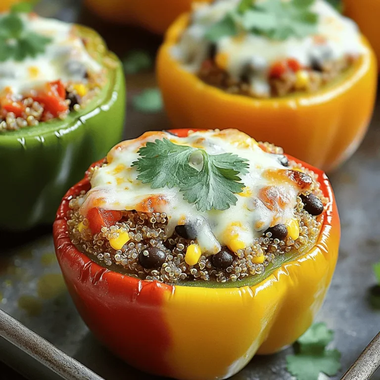 - 4 large bell peppers (any color of your choice) - 1 cup quinoa, thoroughly rinsed - 2 cups vegetable broth - 1 can (15 oz) black beans, drained and rinsed - 1 cup corn kernels - 1 small red onion, finely chopped - 2 cloves garlic, minced - 1 teaspoon ground cumin - 1 teaspoon smoked paprika - 1 teaspoon chili powder - Salt and freshly cracked black pepper, to taste - 1 cup diced tomatoes - 1 cup shredded cheese - Fresh cilantro or parsley for garnish This recipe is full of vibrant colors and flavors. The bell peppers add sweetness and crunch. Quinoa provides protein, making it a healthy meal choice. I love using black beans for their creaminess and fiber. Corn adds a nice sweetness and texture too. You can choose any color of bell pepper you like. Each color brings a unique taste. Red, yellow, and green all work well. The quinoa must be rinsed to remove saponin, a bitter coating. This step makes the quinoa taste better. Using vegetable broth instead of water boosts flavor. The spices, like cumin and smoked paprika, add warmth and depth. Garlic and onion give a great base flavor. Don't forget to adjust salt and pepper to your taste. I recommend adding cheese on top for a nice finish. It melts beautifully and adds richness. You can use cheddar or a Mexican blend, based on your preference. For a pop of color, garnish with fresh cilantro or parsley. For the complete recipe, check out the [Full Recipe]. - Preheat your oven to 375°F (190°C). - Slice the tops off four large bell peppers. Remove the seeds and membranes. - Stand the peppers upright in a baking dish. This keeps them stable while cooking. - In a saucepan, add one cup of rinsed quinoa and two cups of vegetable broth. - Bring the mixture to a boil over medium heat. - Once boiling, lower the heat and cover the pot. Simmer for about 15 minutes. - Fluff the quinoa with a fork when it’s done. - In a large bowl, combine the cooked quinoa with one can of black beans, one cup of corn, and one small chopped red onion. - Add two minced garlic cloves, one teaspoon of cumin, smoked paprika, and chili powder. - Season with salt and pepper to taste. - Fold in one cup of diced tomatoes before stuffing the peppers. - Carefully spoon the quinoa mixture into each pepper. Pack it down gently. - Top each stuffed pepper with one cup of shredded cheese. - Cover the dish with aluminum foil to keep the moisture in. - Place the covered dish in the preheated oven. Bake for 25 to 30 minutes. - Remove the foil and bake for another 10-15 minutes until the cheese is golden. This recipe brings together flavors and nutrition in a fun way. You’ll enjoy the vibrant colors and tastes! For the complete recipe, check out the Full Recipe. To get the best quinoa, start by rinsing it well. This removes any bitter coating. Use a fine mesh strainer for this step. Next, combine one part quinoa with two parts vegetable broth. This adds flavor. Cook on medium heat until it boils, then lower the heat and cover. Let it simmer for about 15 minutes. The quinoa should be fluffy and all the liquid gone. Spices make a big difference. I love adding ground cumin, smoked paprika, and chili powder for warmth. You can also mix in fresh herbs like cilantro or parsley for freshness. If you want more kick, add chopped jalapeños. Olives give a nice briny taste too. Feel free to get creative with your flavors! Make your dish pop! Serve the stuffed peppers on a bed of fresh greens. This adds color and crunch. You can sprinkle extra cheese on top before serving. A squeeze of lime over the peppers brightens the dish. Consider drizzling with a creamy sauce, like ranch or yogurt, for added richness. For the full recipe, check the details above. {{image_4}} You can make quinoa stuffed peppers vegan by swapping out cheese and broth. Use a plant-based cheese or skip it entirely. For broth, substitute with water or vegetable stock. Add more flavor by mixing in nutritional yeast. For protein, try lentils or chickpeas. Add veggies like spinach, kale, or mushrooms for extra nutrients. Quinoa isn't your only option. You can use rice or couscous. Both grains offer a nice texture. If you want to add meat, chicken, turkey, or even crumbled tofu work great. Just cook the proteins before mixing them into the filling. You can also add diced olives or sun-dried tomatoes for a flavor boost. Feel free to experiment with various pepper types. Bell peppers are common, but try poblano or jalapeño for a kick. Sweet peppers make the dish mild, while spicy peppers add heat. Using different sizes can change your serving style. Smaller peppers can be appetizers, while larger ones can be main dishes. To store your quinoa stuffed peppers after cooking, let them cool first. Place them in an airtight container. This keeps them fresh and tasty. You can store them in the fridge for up to four days. If you want to enjoy them later, be sure to keep the peppers whole. This helps them stay moist. If you want to freeze your stuffed peppers, wrap each one in plastic wrap. Then, place them in a freezer-safe bag or container. This method helps prevent freezer burn. You can freeze them for up to three months. When you are ready to eat, take them out and thaw them overnight in the fridge. Reheat them in the oven at 350°F (175°C) for about 20-25 minutes. This keeps the peppers nice and warm. You can also microwave them for faster results but be careful not to overcook. Enjoy your meal with a burst of flavor! For the full recipe, check out the earlier sections. Yes, you can prepare quinoa stuffed peppers ahead. Cook the quinoa and mix it with the other ingredients. You can stuff the peppers and store them in the fridge for up to 24 hours. If you want, you can bake them later. This saves time on busy days. Look for a few signs. The peppers should be tender but still firm. The filling inside should be hot and bubbly. The cheese on top should melt and turn golden brown. These are good signs your stuffed peppers are ready to enjoy. Yes, you can use other grains. Brown rice, couscous, or farro work well. Each grain has its own cooking time. For brown rice, cook it for about 40-45 minutes. Couscous cooks quickly in about 5 minutes. Adjust cooking times based on the grain you choose. I suggest a few side dishes. A simple salad with mixed greens adds freshness. You can also serve rice or a grain like quinoa on the side. If you want a warm side, consider roasted veggies. These pair well with the stuffed peppers and add color to your plate. Absolutely! This recipe uses quinoa, which is gluten-free. The other ingredients, like beans and veggies, are also gluten-free. Just make sure to check labels on canned goods. This helps ensure no gluten sneaks in. Enjoy this healthy meal worry-free! Quinoa stuffed peppers offer a balanced meal using simple, fresh ingredients. We explored the preparation, cooking tips, and variations. Remember to rinse your quinoa for the best flavor and texture. You can easily adjust the recipe for different diets or flavor profiles. Feel free to experiment with other grains or proteins. Enjoy these tasty peppers now or save some for later. Your kitchen adventures can lead to satisfying meals that everyone loves.