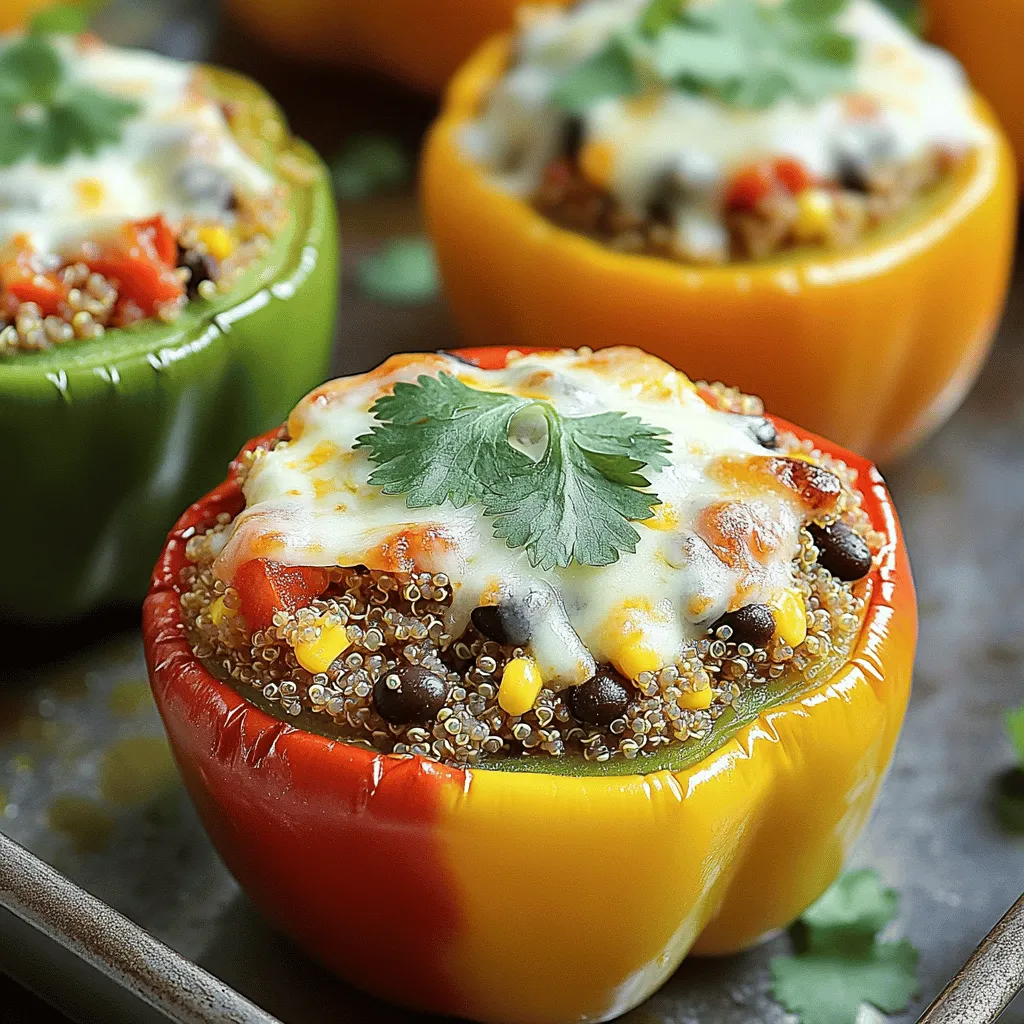 - 4 large bell peppers (any color of your choice) - 1 cup quinoa, thoroughly rinsed - 2 cups vegetable broth - 1 can (15 oz) black beans, drained and rinsed - 1 cup corn kernels - 1 small red onion, finely chopped - 2 cloves garlic, minced - 1 teaspoon ground cumin - 1 teaspoon smoked paprika - 1 teaspoon chili powder - Salt and freshly cracked black pepper, to taste - 1 cup diced tomatoes - 1 cup shredded cheese - Fresh cilantro or parsley for garnish This recipe is full of vibrant colors and flavors. The bell peppers add sweetness and crunch. Quinoa provides protein, making it a healthy meal choice. I love using black beans for their creaminess and fiber. Corn adds a nice sweetness and texture too. You can choose any color of bell pepper you like. Each color brings a unique taste. Red, yellow, and green all work well. The quinoa must be rinsed to remove saponin, a bitter coating. This step makes the quinoa taste better. Using vegetable broth instead of water boosts flavor. The spices, like cumin and smoked paprika, add warmth and depth. Garlic and onion give a great base flavor. Don't forget to adjust salt and pepper to your taste. I recommend adding cheese on top for a nice finish. It melts beautifully and adds richness. You can use cheddar or a Mexican blend, based on your preference. For a pop of color, garnish with fresh cilantro or parsley. For the complete recipe, check out the [Full Recipe]. - Preheat your oven to 375°F (190°C). - Slice the tops off four large bell peppers. Remove the seeds and membranes. - Stand the peppers upright in a baking dish. This keeps them stable while cooking. - In a saucepan, add one cup of rinsed quinoa and two cups of vegetable broth. - Bring the mixture to a boil over medium heat. - Once boiling, lower the heat and cover the pot. Simmer for about 15 minutes. - Fluff the quinoa with a fork when it’s done. - In a large bowl, combine the cooked quinoa with one can of black beans, one cup of corn, and one small chopped red onion. - Add two minced garlic cloves, one teaspoon of cumin, smoked paprika, and chili powder. - Season with salt and pepper to taste. - Fold in one cup of diced tomatoes before stuffing the peppers. - Carefully spoon the quinoa mixture into each pepper. Pack it down gently. - Top each stuffed pepper with one cup of shredded cheese. - Cover the dish with aluminum foil to keep the moisture in. - Place the covered dish in the preheated oven. Bake for 25 to 30 minutes. - Remove the foil and bake for another 10-15 minutes until the cheese is golden. This recipe brings together flavors and nutrition in a fun way. You’ll enjoy the vibrant colors and tastes! For the complete recipe, check out the Full Recipe. To get the best quinoa, start by rinsing it well. This removes any bitter coating. Use a fine mesh strainer for this step. Next, combine one part quinoa with two parts vegetable broth. This adds flavor. Cook on medium heat until it boils, then lower the heat and cover. Let it simmer for about 15 minutes. The quinoa should be fluffy and all the liquid gone. Spices make a big difference. I love adding ground cumin, smoked paprika, and chili powder for warmth. You can also mix in fresh herbs like cilantro or parsley for freshness. If you want more kick, add chopped jalapeños. Olives give a nice briny taste too. Feel free to get creative with your flavors! Make your dish pop! Serve the stuffed peppers on a bed of fresh greens. This adds color and crunch. You can sprinkle extra cheese on top before serving. A squeeze of lime over the peppers brightens the dish. Consider drizzling with a creamy sauce, like ranch or yogurt, for added richness. For the full recipe, check the details above. {{image_4}} You can make quinoa stuffed peppers vegan by swapping out cheese and broth. Use a plant-based cheese or skip it entirely. For broth, substitute with water or vegetable stock. Add more flavor by mixing in nutritional yeast. For protein, try lentils or chickpeas. Add veggies like spinach, kale, or mushrooms for extra nutrients. Quinoa isn't your only option. You can use rice or couscous. Both grains offer a nice texture. If you want to add meat, chicken, turkey, or even crumbled tofu work great. Just cook the proteins before mixing them into the filling. You can also add diced olives or sun-dried tomatoes for a flavor boost. Feel free to experiment with various pepper types. Bell peppers are common, but try poblano or jalapeño for a kick. Sweet peppers make the dish mild, while spicy peppers add heat. Using different sizes can change your serving style. Smaller peppers can be appetizers, while larger ones can be main dishes. To store your quinoa stuffed peppers after cooking, let them cool first. Place them in an airtight container. This keeps them fresh and tasty. You can store them in the fridge for up to four days. If you want to enjoy them later, be sure to keep the peppers whole. This helps them stay moist. If you want to freeze your stuffed peppers, wrap each one in plastic wrap. Then, place them in a freezer-safe bag or container. This method helps prevent freezer burn. You can freeze them for up to three months. When you are ready to eat, take them out and thaw them overnight in the fridge. Reheat them in the oven at 350°F (175°C) for about 20-25 minutes. This keeps the peppers nice and warm. You can also microwave them for faster results but be careful not to overcook. Enjoy your meal with a burst of flavor! For the full recipe, check out the earlier sections. Yes, you can prepare quinoa stuffed peppers ahead. Cook the quinoa and mix it with the other ingredients. You can stuff the peppers and store them in the fridge for up to 24 hours. If you want, you can bake them later. This saves time on busy days. Look for a few signs. The peppers should be tender but still firm. The filling inside should be hot and bubbly. The cheese on top should melt and turn golden brown. These are good signs your stuffed peppers are ready to enjoy. Yes, you can use other grains. Brown rice, couscous, or farro work well. Each grain has its own cooking time. For brown rice, cook it for about 40-45 minutes. Couscous cooks quickly in about 5 minutes. Adjust cooking times based on the grain you choose. I suggest a few side dishes. A simple salad with mixed greens adds freshness. You can also serve rice or a grain like quinoa on the side. If you want a warm side, consider roasted veggies. These pair well with the stuffed peppers and add color to your plate. Absolutely! This recipe uses quinoa, which is gluten-free. The other ingredients, like beans and veggies, are also gluten-free. Just make sure to check labels on canned goods. This helps ensure no gluten sneaks in. Enjoy this healthy meal worry-free! Quinoa stuffed peppers offer a balanced meal using simple, fresh ingredients. We explored the preparation, cooking tips, and variations. Remember to rinse your quinoa for the best flavor and texture. You can easily adjust the recipe for different diets or flavor profiles. Feel free to experiment with other grains or proteins. Enjoy these tasty peppers now or save some for later. Your kitchen adventures can lead to satisfying meals that everyone loves.