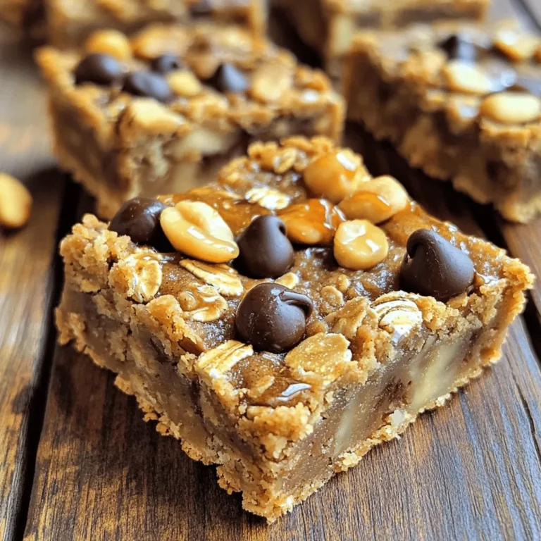 To make Peanut Butter Banana Oat Bars, you need simple, wholesome ingredients. Here’s what you’ll need: - 2 ripe bananas, thoroughly mashed - 1 cup rolled oats - 1/2 cup natural peanut butter (smooth or crunchy) - 1/4 cup honey or maple syrup (your choice) - 1/4 cup almond milk (or any milk of your preference) - 1/2 teaspoon vanilla extract - 1/2 teaspoon ground cinnamon - 1/4 teaspoon salt These ingredients work together to create a chewy, tasty bar full of flavor. You can also add a fun twist to your bars with these optional ingredients: - 1/3 cup chocolate chips (optional, semi-sweet or dark) - 1/4 cup chopped nuts (walnuts or almonds, optional) Adding chocolate chips makes the bars sweeter. Nuts add a nice crunch and healthy fats. Each bar is not only delicious but also packed with nutrients. Here’s the nutritional breakdown for one serving (one bar): - Calories: Approximately 150 - Protein: 4g - Carbohydrates: 21g - Fat: 6g - Fiber: 2g - Sugar: 5g These bars give you energy and satisfy your sweet tooth without guilt. For the complete recipe, check out the Full Recipe. First, set your oven to 350°F (175°C). This step warms the oven for even baking. Next, grab a 9x9-inch baking pan. Line it with parchment paper, leaving some extra on the sides. This overhang helps when you take the bars out later. In a large mixing bowl, take the two ripe bananas and mash them well. Add in the 1/2 cup of peanut butter, 1/4 cup of honey or maple syrup, 1/4 cup of almond milk, and 1/2 teaspoon of vanilla extract. Use a fork or a whisk to mix everything until it’s nice and smooth. You want all the wet ingredients to blend together perfectly. In another bowl, mix together 1 cup of rolled oats, 1/2 teaspoon of ground cinnamon, and 1/4 teaspoon of salt. Make sure the dry ingredients are mixed well to avoid clumps. Now, slowly add this dry mix into the wet banana mix. Stir gently until just combined. If you like, fold in 1/3 cup of chocolate chips and 1/4 cup of chopped nuts. This gives extra flavor and crunch. Now, pour the mixture into your prepared pan. Spread it evenly with a spatula. Bake for 20-25 minutes until the edges are golden brown. To check if it’s done, insert a toothpick into the center. It should come out clean. Let the bars cool for about 10 minutes in the pan. Use the parchment paper to lift them out and cool completely on a wire rack. Then, slice them into 12 equal bars. Enjoy your Peanut Butter Banana Oat Bars! For the full recipe, refer back to the earlier section. To make the best peanut butter banana oat bars, focus on the texture. Use ripe bananas; they add natural sweetness and moisture. The oats should be rolled, not instant. Rolled oats give a nice chew. You can add more oats if you want a firmer bar. Mixing the wet and dry ingredients gently is key. Overmixing can lead to tough bars. Storing your bars right keeps them fresh longer. Once cooled, wrap each bar in plastic wrap. Place them in an airtight container. They can stay at room temperature for up to four days. For longer storage, put them in the fridge. They last about a week in the fridge. If you want to keep them even longer, freeze them. Wrap them tightly and store them in a freezer bag. They can last up to three months in the freezer. Serving these bars is easy and fun. You can enjoy them plain or add toppings. A drizzle of honey or a spread of extra peanut butter works great. For a tasty touch, serve with fresh fruit like sliced bananas or berries. You can also pair these bars with yogurt or a smoothie for a complete snack. If you like chocolate, sprinkle some mini chocolate chips on top for a treat. For the full recipe, check out the recipe section. {{image_4}} You can change the nut butter in this recipe. Almond butter works great if you want a different taste. Cashew butter is also creamy and rich. Sunflower seed butter is a good option for nut-free diets. Each swap gives a unique flavor, so try what you like best. Want to make your bars special? Add mix-ins! Dried fruits like cranberries or raisins give a sweet touch. Seeds like chia or flax add crunch and nutrients. You can also add spices like nutmeg or ginger for a warm flavor. Experiment with different combinations to find your favorite. Not all of us like the same sweetness level. If you want less sugar, cut down on honey or syrup. You can also use mashed dates or applesauce for natural sweetness. Taste the batter before baking to adjust. This way, you can make the bars just how you like them. Enjoy these variations, and remember to check the Full Recipe for detailed steps! To keep your Peanut Butter Banana Oat Bars fresh, store them in an airtight container. Use parchment paper between layers to prevent sticking. This method helps maintain their soft texture and flavor. If you don't have an airtight container, wrap the bars tightly in plastic wrap or aluminum foil. These bars last about five days at room temperature. If you want to extend their life, you can store them in the fridge. In the fridge, they can last up to a week. Always check for signs of spoilage, like an off smell or mold. Freezing your bars is a great way to save them for later. To freeze, wrap each bar in plastic wrap and place them in a freezer bag. They can last up to three months in the freezer. When you want to enjoy a bar, just take it out and let it thaw at room temperature. You can also warm it slightly in the microwave for a few seconds. This way, you always have a tasty snack on hand! For the full recipe, check back to the earlier section. Yes, you can make these bars without honey or maple syrup. You can use mashed dates or applesauce as a sweetener. They add moisture and sweetness without added sugar. Just blend them well with the other wet ingredients. To make these bars vegan, simply replace the honey or maple syrup with agave syrup. Use almond milk or any plant-based milk. Make sure your peanut butter has no added milk or honey. This way, you keep the bars tasty and vegan-friendly. The best way to reheat these bars is in the oven. Preheat your oven to 350°F (175°C). Place the bars on a baking sheet for about 5-10 minutes. You can also use a microwave. Heat them for about 15-20 seconds. This warms them up without making them dry. Enjoy your tasty snack! For the Full Recipe, check out the detailed instructions above. Peanut butter banana oat bars are simple and fun to make. We covered the key ingredients and discussed storage tips. You can customize these bars to fit your tastes with different nut butters or mix-ins. With the right steps, you can get the perfect texture. Remember, store them well for lasting flavor. Try these bars for a healthy snack anytime. Enjoy the sweet, nutty goodness in every bite!