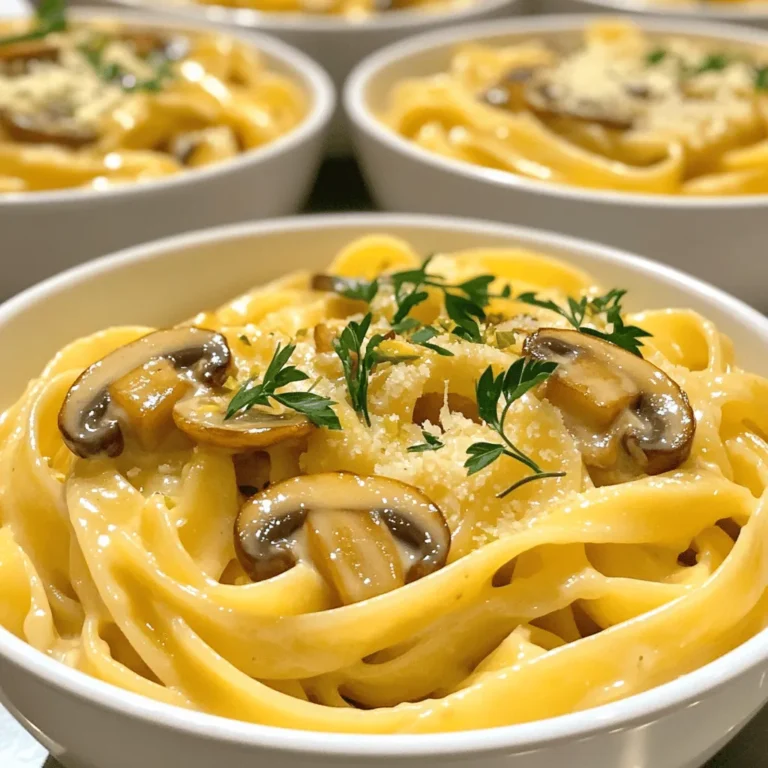 - 300g fettuccine or tagliatelle - 300g mushrooms (button or cremini), thinly sliced - 1 cup heavy cream - 1 cup vegetable broth - 4 cloves garlic, finely minced - 2 tablespoons extra virgin olive oil - 1 tablespoon unsalted butter - 1 teaspoon dried thyme - Salt and black pepper to taste - Grated Parmesan cheese (optional, for serving) - Fresh parsley, finely chopped (for garnish) When I make creamy garlic mushroom pasta, I always start with fresh ingredients. The fettuccine or tagliatelle gives a nice bite. I like using button or cremini mushrooms for their rich flavor. Heavy cream adds that luscious texture, while vegetable broth keeps it light and tasty. For seasonings, I finely mince garlic. I use just the right amount of extra virgin olive oil and unsalted butter for a rich base. Dried thyme adds a nice herbal note, and salt and black pepper bring the dish to life. If you want to elevate your meal, consider garnishing with grated Parmesan cheese. Fresh parsley not only adds a pop of color but also freshness. This combination makes the dish not only easy but also full of flavor. For the full recipe, check out Creamy Garlic Mushroom Pasta Delight. To start, bring a large pot of salted water to a rolling boil. Salt adds flavor, so don't skip it! Add 300g of fettuccine or tagliatelle. Cook according to package instructions until al dente. This usually takes about 8-10 minutes. You want the pasta firm but not hard. Once it's ready, drain the pasta. Make sure to reserve 1 cup of the cooking water. This water is full of starch, which helps thicken your sauce later. Next, we move to the mushrooms. In a large skillet, heat 2 tablespoons of extra virgin olive oil and 1 tablespoon of unsalted butter over medium heat. Wait until the oil shimmers and the butter melts. Then, add 300g of thinly sliced mushrooms. You can use button or cremini mushrooms for this dish. Sauté them for about 5-7 minutes. Stir occasionally, so they cook evenly. You want them to be golden brown and tender. Now comes the magic! Add 4 finely minced garlic cloves and 1 teaspoon of dried thyme to the skillet. Sprinkle in some salt and black pepper for taste. Sauté for another 1-2 minutes, but be careful not to burn the garlic. Next, pour in 1 cup of vegetable broth. Bring this mixture to a gentle simmer. Slowly stir in 1 cup of heavy cream. Mix well until all the ingredients blend together. Let this simmer for about 5 minutes. The sauce will thicken slightly, creating a rich flavor. Finally, add the drained pasta into the skillet. Use tongs or a spatula to toss the pasta in the creamy mushroom sauce. If you find the sauce is too thick, gradually add some of the reserved pasta water. This will help you reach the perfect consistency. Taste your dish and adjust with more salt and black pepper if needed. Now, your creamy garlic mushroom pasta is ready to serve! For the full recipe, check out the complete instructions. To keep your sauce from curdling, avoid boiling it. Use low heat when adding cream. Stir frequently to combine all the flavors without any lumps. For a smooth texture, whisk the cream before adding it to the pan. This will help it blend well with the broth. When choosing mushrooms, button and cremini are great options. They add depth and umami to the dish. Feel free to mix them for more flavor. For seasoning, add salt and pepper as you sauté. You can also try adding a pinch of nutmeg for warmth and richness. Serve the pasta in wide bowls. This makes the dish look fancy and inviting. Top with fresh parsley for color. Add a sprinkle of grated Parmesan for extra flavor. A drizzle of olive oil can enhance the look and taste, making your meal feel special. This will impress anyone who sees your dish! For the full recipe, check the [Full Recipe]. {{image_4}} You can easily enhance your creamy garlic mushroom pasta by adding proteins. If you like chicken, cook diced pieces in the skillet. They will add a nice flavor and texture. Just make sure to cook the chicken fully before adding the mushrooms. If you prefer seafood, shrimp works great too. Cook them until they turn pink, then mix them into the sauce. Both options give a hearty twist to the dish. If you want a vegetarian option, consider legumes like chickpeas or lentils. They add protein and fiber. Tofu is another great choice. Just sauté it until crispy, then toss it in with the pasta. While fettuccine or tagliatelle is classic, you can try other pasta shapes. Penne or fusilli offers fun textures. The sauce clings to the nooks and crannies, making every bite flavorful. For those who need gluten-free options, many brands offer great gluten-free pasta now. Corn or rice-based pasta works well. They may change the taste slightly, but the dish still shines. To elevate the flavor, think about adding white wine. Just pour a splash into the skillet after sautéing the mushrooms. Let it simmer down to enhance the sauce. Lemon juice also brightens the dish. A squeeze at the end adds a fresh zing. You can experiment with different herbs too. Basil or oregano can give a new twist. Don’t be afraid to play around with spices for a unique taste. For the full recipe, check out the Creamy Garlic Mushroom Pasta Delight . To keep your creamy garlic mushroom pasta fresh, store leftovers in the fridge. Use an airtight container to prevent drying out. For long-term storage, you can freeze it in a freezer-safe container. Make sure to label it with the date. This helps you track how long it has been stored. When reheating, avoid the microwave as it can make the pasta soggy. Instead, use a skillet over low heat. Add a splash of vegetable broth or water to help rehydrate the sauce. Stir gently to warm it up. This method keeps the creamy texture intact. Be careful not to overcook; heat just until warm. In the fridge, your creamy garlic mushroom pasta lasts about 3 to 5 days. If frozen, it can stay good for up to 2 months. Always check for signs of spoilage. If you see mold or an off smell, it’s best to throw it away. Safe storage ensures you enjoy this dish at its best. Yes, you can make creamy garlic mushroom pasta vegan. For the cream, use coconut milk or cashew cream. These options give a rich texture. Instead of butter, try vegan margarine or olive oil. Both work well and keep the flavor. I love using button and cremini mushrooms. Button mushrooms are mild and soft. Cremini mushrooms have a deeper, earthier flavor. You can also try shiitake or portobello mushrooms for a bolder taste. Each type adds a different twist. To add heat, use red pepper flakes or crushed chili peppers. You can also add a dash of hot sauce. Mixing in some black pepper gives a nice kick too. Adjust the spice based on your taste. Creamy garlic mushroom pasta is simple yet delicious. You learned about the key ingredients, cooking steps, and useful tips. I shared variations and storage advice, so your meal lasts longer. Remember, you can customize this dish to fit your tastes and needs. Whether you want it vegan or spicier, the options are endless. Enjoy your cooking journey and serve a dish everyone will love!