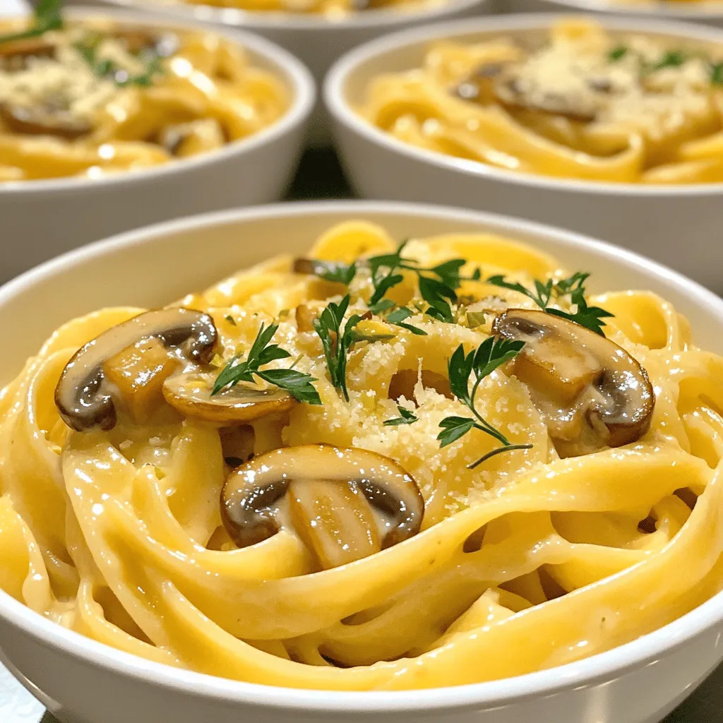- 300g fettuccine or tagliatelle - 300g mushrooms (button or cremini), thinly sliced - 1 cup heavy cream - 1 cup vegetable broth - 4 cloves garlic, finely minced - 2 tablespoons extra virgin olive oil - 1 tablespoon unsalted butter - 1 teaspoon dried thyme - Salt and black pepper to taste - Grated Parmesan cheese (optional, for serving) - Fresh parsley, finely chopped (for garnish) When I make creamy garlic mushroom pasta, I always start with fresh ingredients. The fettuccine or tagliatelle gives a nice bite. I like using button or cremini mushrooms for their rich flavor. Heavy cream adds that luscious texture, while vegetable broth keeps it light and tasty. For seasonings, I finely mince garlic. I use just the right amount of extra virgin olive oil and unsalted butter for a rich base. Dried thyme adds a nice herbal note, and salt and black pepper bring the dish to life. If you want to elevate your meal, consider garnishing with grated Parmesan cheese. Fresh parsley not only adds a pop of color but also freshness. This combination makes the dish not only easy but also full of flavor. For the full recipe, check out Creamy Garlic Mushroom Pasta Delight. To start, bring a large pot of salted water to a rolling boil. Salt adds flavor, so don't skip it! Add 300g of fettuccine or tagliatelle. Cook according to package instructions until al dente. This usually takes about 8-10 minutes. You want the pasta firm but not hard. Once it's ready, drain the pasta. Make sure to reserve 1 cup of the cooking water. This water is full of starch, which helps thicken your sauce later. Next, we move to the mushrooms. In a large skillet, heat 2 tablespoons of extra virgin olive oil and 1 tablespoon of unsalted butter over medium heat. Wait until the oil shimmers and the butter melts. Then, add 300g of thinly sliced mushrooms. You can use button or cremini mushrooms for this dish. Sauté them for about 5-7 minutes. Stir occasionally, so they cook evenly. You want them to be golden brown and tender. Now comes the magic! Add 4 finely minced garlic cloves and 1 teaspoon of dried thyme to the skillet. Sprinkle in some salt and black pepper for taste. Sauté for another 1-2 minutes, but be careful not to burn the garlic. Next, pour in 1 cup of vegetable broth. Bring this mixture to a gentle simmer. Slowly stir in 1 cup of heavy cream. Mix well until all the ingredients blend together. Let this simmer for about 5 minutes. The sauce will thicken slightly, creating a rich flavor. Finally, add the drained pasta into the skillet. Use tongs or a spatula to toss the pasta in the creamy mushroom sauce. If you find the sauce is too thick, gradually add some of the reserved pasta water. This will help you reach the perfect consistency. Taste your dish and adjust with more salt and black pepper if needed. Now, your creamy garlic mushroom pasta is ready to serve! For the full recipe, check out the complete instructions. To keep your sauce from curdling, avoid boiling it. Use low heat when adding cream. Stir frequently to combine all the flavors without any lumps. For a smooth texture, whisk the cream before adding it to the pan. This will help it blend well with the broth. When choosing mushrooms, button and cremini are great options. They add depth and umami to the dish. Feel free to mix them for more flavor. For seasoning, add salt and pepper as you sauté. You can also try adding a pinch of nutmeg for warmth and richness. Serve the pasta in wide bowls. This makes the dish look fancy and inviting. Top with fresh parsley for color. Add a sprinkle of grated Parmesan for extra flavor. A drizzle of olive oil can enhance the look and taste, making your meal feel special. This will impress anyone who sees your dish! For the full recipe, check the [Full Recipe]. {{image_4}} You can easily enhance your creamy garlic mushroom pasta by adding proteins. If you like chicken, cook diced pieces in the skillet. They will add a nice flavor and texture. Just make sure to cook the chicken fully before adding the mushrooms. If you prefer seafood, shrimp works great too. Cook them until they turn pink, then mix them into the sauce. Both options give a hearty twist to the dish. If you want a vegetarian option, consider legumes like chickpeas or lentils. They add protein and fiber. Tofu is another great choice. Just sauté it until crispy, then toss it in with the pasta. While fettuccine or tagliatelle is classic, you can try other pasta shapes. Penne or fusilli offers fun textures. The sauce clings to the nooks and crannies, making every bite flavorful. For those who need gluten-free options, many brands offer great gluten-free pasta now. Corn or rice-based pasta works well. They may change the taste slightly, but the dish still shines. To elevate the flavor, think about adding white wine. Just pour a splash into the skillet after sautéing the mushrooms. Let it simmer down to enhance the sauce. Lemon juice also brightens the dish. A squeeze at the end adds a fresh zing. You can experiment with different herbs too. Basil or oregano can give a new twist. Don’t be afraid to play around with spices for a unique taste. For the full recipe, check out the Creamy Garlic Mushroom Pasta Delight . To keep your creamy garlic mushroom pasta fresh, store leftovers in the fridge. Use an airtight container to prevent drying out. For long-term storage, you can freeze it in a freezer-safe container. Make sure to label it with the date. This helps you track how long it has been stored. When reheating, avoid the microwave as it can make the pasta soggy. Instead, use a skillet over low heat. Add a splash of vegetable broth or water to help rehydrate the sauce. Stir gently to warm it up. This method keeps the creamy texture intact. Be careful not to overcook; heat just until warm. In the fridge, your creamy garlic mushroom pasta lasts about 3 to 5 days. If frozen, it can stay good for up to 2 months. Always check for signs of spoilage. If you see mold or an off smell, it’s best to throw it away. Safe storage ensures you enjoy this dish at its best. Yes, you can make creamy garlic mushroom pasta vegan. For the cream, use coconut milk or cashew cream. These options give a rich texture. Instead of butter, try vegan margarine or olive oil. Both work well and keep the flavor. I love using button and cremini mushrooms. Button mushrooms are mild and soft. Cremini mushrooms have a deeper, earthier flavor. You can also try shiitake or portobello mushrooms for a bolder taste. Each type adds a different twist. To add heat, use red pepper flakes or crushed chili peppers. You can also add a dash of hot sauce. Mixing in some black pepper gives a nice kick too. Adjust the spice based on your taste. Creamy garlic mushroom pasta is simple yet delicious. You learned about the key ingredients, cooking steps, and useful tips. I shared variations and storage advice, so your meal lasts longer. Remember, you can customize this dish to fit your tastes and needs. Whether you want it vegan or spicier, the options are endless. Enjoy your cooking journey and serve a dish everyone will love!