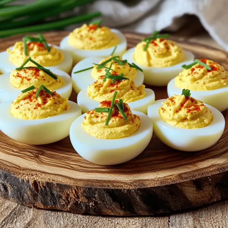 To make classic deviled eggs, you need the following items: - 6 large eggs - 3 tablespoons creamy mayonnaise - 1 teaspoon smooth Dijon mustard - 1 teaspoon tangy apple cider vinegar - Salt and freshly cracked black pepper to taste - 1 teaspoon sweet paprika (plus additional for garnish) You can enhance your deviled eggs with these tasty options: - 1 tablespoon fresh chives, finely chopped - A sprinkle of cayenne pepper for heat - Crumbled bacon for crunch - Sweet pickle relish for a tangy twist Here’s what you’ll need to prepare your deviled eggs: - Medium-sized pot - Large bowl for ice water - Spoon or piping bag for filling - Fork for mixing - Serving platter for presentation To cook the eggs, start with six large eggs. Place them in a medium pot. Fill the pot with cold water, covering the eggs by one inch. Heat the pot over medium-high heat. Wait for the water to boil. Once it boils, cover the pot and take it off the heat. Let it sit for exactly twelve minutes. This method ensures perfect hard-boiled eggs. After twelve minutes, transfer the eggs to a bowl filled with ice water. Let them chill for five minutes to make peeling easier. Once the eggs are cool, tap each one on a hard surface. Peel them gently under warm running water. This helps remove any stubborn shell pieces. Slice each egg in half lengthwise. Scoop the yolks into a medium bowl. Place the egg whites on a serving platter. In the bowl with yolks, add three tablespoons of creamy mayonnaise, one teaspoon of Dijon mustard, and one teaspoon of apple cider vinegar. Season with salt and freshly cracked black pepper. Add one teaspoon of sweet paprika. Use a fork to mash and mix until smooth and creamy. Taste the filling and adjust the seasoning if needed. Now it’s time to fill the egg whites. You can use a spoon, but a piping bag works great for a fancy look. Carefully fill each hollowed egg white with the yolk mixture. After filling, sprinkle each egg with extra paprika. If you like, add some finely chopped chives on top for garnish. Chill the filled deviled eggs in the fridge for at least fifteen minutes. This lets the flavors blend nicely. Enjoy your delightful deviled eggs! For the full recipe, check out Delightful Deviled Eggs. To make the best deviled eggs, start with fresh eggs. Fresh eggs peel better than older ones. When boiling, use a pot that fits all eggs without crowding. Cover the pot to keep heat in. This helps cook the eggs evenly. After cooking, cool them in ice water. This stops cooking and makes peeling easier. One mistake is overcooking the eggs. This causes a green ring around the yolk. Keep an eye on your timer. Another mistake is not seasoning enough. Taste your yolk mixture before filling. You can always add more salt and pepper. Lastly, avoid skipping the chill time. Chilling helps flavors develop and makes them taste better. To boost flavor, try adding different herbs. Fresh dill or parsley can give a nice twist. You can also mix in a bit of hot sauce for heat. For a fun look, use a piping bag for filling. This gives a nice swirl on top. Garnish with paprika or chives for color. These small touches make a big difference. Check out the Full Recipe for more details on making these delightful deviled eggs! {{image_4}} To make spicy deviled eggs, add some heat. You can mix in hot sauce or cayenne pepper. Start with a small amount and taste. You can always add more if you want it spicier. A dash of sriracha in the yolk mix gives a nice kick. For a smoky flavor, try chipotle powder. It adds depth and warmth. For a vegetarian twist, swap out mayonnaise for avocado. It gives a creamy texture and adds healthy fats. You can also use hummus for a different flavor. Mix it with the yolks for a unique taste. You can add herbs like dill or cilantro for freshness. These alternatives keep the dish light and tasty. Get creative with your flavors! Try adding bacon bits for crunch and a smoky taste. A bit of relish gives a sweet and tangy touch. You can also mix in curry powder for a global flair. Use different herbs like basil or tarragon for fresh notes. The options are endless, so feel free to experiment! Looking for the basic deviled egg recipe? Check out the Full Recipe for a classic version that you can customize. Store any leftover deviled eggs in an airtight container. Place a layer of wax paper between the eggs and the lid. This helps prevent them from sticking. Keep the container in the fridge. Consume the eggs within 2 to 3 days for the best taste. To keep your deviled eggs fresh, avoid adding garnishes until you serve them. If you use chives or paprika, add these just before serving. This ensures they look and taste their best. If you have leftover filling, store it in a separate container. Use it within a day for optimal freshness. Reheating deviled eggs is not common, but if you want to warm them, do so gently. Place them in a microwave-safe dish and cover with a damp paper towel. Heat in short bursts of 10 seconds. Check often to prevent overheating. However, serving them cold is the best way to enjoy their creamy texture and flavors. To peel hard-boiled eggs easily, start with fresh eggs. After cooking, cool them in ice water for five minutes. This helps separate the shell from the egg. Then, gently crack the egg on a hard surface. Roll it lightly to loosen the shell. Peel under running warm water. The water helps get rid of stubborn bits of shell. Yes, you can make deviled eggs ahead of time. Prepare and fill the eggs, then cover them with plastic wrap. Store them in the fridge for up to two days. This makes them perfect for parties or gatherings. Just remember to add garnishes, like paprika or chives, right before serving. If you want to skip mayonnaise, there are great alternatives. Greek yogurt adds creaminess and a tangy flavor. You can also try avocado for a smooth texture. Another option is sour cream, which gives a rich taste. Each of these options can create a delicious twist on the classic recipe. For the full recipe, check out the delightful deviled eggs section. Deviled eggs are simple yet tasty. We covered key ingredients, tools, and step-by-step instructions. I shared tips for perfecting your eggs and avoiding common mistakes. You can also explore fun variations, including spicy and vegetarian options. I highlighted how to store leftovers and answered common questions. Remember, deviled eggs are versatile and can fit any occasion. Enjoy making them your own!