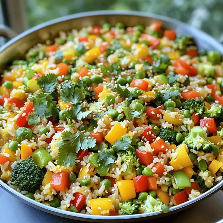 To make a tasty vegetable fried rice, gather the following items: - 2 cups cooked jasmine rice (best if from the day before) - 1 cup mixed bell peppers (diced red, yellow, and green) - 1 cup broccoli florets - 1 cup sugar snap peas, trimmed - 1 medium carrot, julienned - 3 green onions, sliced - 3 garlic cloves, minced - 2 tablespoons soy sauce - 1 tablespoon sesame oil - 1 tablespoon vegetable oil - 1 teaspoon fresh ginger, grated - Salt and pepper to taste - Sesame seeds for garnish - Fresh cilantro leaves for garnish Jasmine rice works well for this dish. It has a lovely aroma and a soft texture. You can use other types like basmati or long-grain rice. Just make sure the rice is cold before cooking. This helps keep the grains separate and fluffy. Want to make your fried rice even better? Try adding these optional ingredients: - Peas for extra sweetness - Corn for a pop of color - Cashews or peanuts for a crunchy bite - Chili flakes for a spicy kick - Egg for added protein and richness Feel free to mix and match these ingredients. You can find the full recipe [here](#). Enjoy your cooking! Start by washing your vegetables well. Fresh veggies make the dish pop! Dice the mixed peppers into small cubes. Cut the carrot into thin strips, or julienne it. Trim the sugar snap peas and separate the broccoli into small florets. The key is to keep all the pieces similar in size, so they cook evenly. For this recipe, use cooked jasmine rice. Day-old rice works best because it's less sticky. If you need to cook rice, rinse it under cold water until the water runs clear. This step helps remove excess starch. Then, cook it according to package instructions. Once done, let it cool before using. Heat two tablespoons of vegetable oil in a large pan or wok over medium-high heat. Add three minced garlic cloves and one teaspoon of grated ginger. Stir for about 30 seconds until fragrant. Next, toss in the broccoli and stir-fry for two minutes. Now, add the julienned carrots, sugar snap peas, and diced peppers. Stir-fry these for another three to four minutes until they're tender but still crisp. Push the veggies to one side of the pan. Add the cooked rice to the other side. Drizzle two tablespoons of soy sauce and one tablespoon of sesame oil over the rice. Use a spatula to break up any clumps and mix everything well. Finally, add sliced green onions and season with salt and pepper to taste. Cook for two more minutes to let the flavors blend. Serve hot, garnished with sesame seeds and fresh cilantro leaves. For the full recipe, check out the detailed instructions! To make fluffy rice, start with cold, day-old rice. Freshly cooked rice is too moist. Spread it out on a plate to cool and dry. This helps separate the grains. When cooking, use a bit less water than usual. This prevents soggy rice. For the best results, choose jasmine or basmati rice. They have a nice texture and flavor. Avoid sticky rice types for this dish. When you pick vegetables, look for bright colors and firm textures. Fresh veggies taste better and add crunch. Avoid any that look wilted or have brown spots. Store your vegetables in the fridge, but keep them dry. Use airtight bags to prevent moisture. This helps keep them fresh longer. Use them within a week for the best flavor. To get great flavor in your fried rice, use high heat. A hot pan sears the veggies and rice, adding depth. Start with garlic and ginger for aroma. Use soy sauce for a salty kick, but don’t overdo it. You can also add sesame oil for a nutty taste. Mix in the veggies at the right time. This keeps them crisp and colorful. For more ideas, try adding some chili flakes for heat or a splash of lime for brightness. For the full recipe, check out the Rainbow Veggie Fried Rice. {{image_4}} You can easily add protein to your vegetable fried rice. Tofu is a great choice for a plant-based meal. Use firm tofu for the best texture. Just cube the tofu and sauté it until it's golden. If you prefer meat, chicken is also a fantastic option. Use diced chicken breast and cook it until it’s no longer pink. Both options boost the meal’s nutrition and flavor. To keep your dish vegan, skip the chicken and use soy sauce that is gluten-free. Coconut aminos can also be a tasty substitute. For a gluten-free fried rice, make sure to check all sauce labels. You can enjoy this meal without compromising on taste or dietary needs. You can change the flavor of your fried rice easily. To make it spicy, add chili paste or red pepper flakes. For a sweeter taste, try adding a bit of pineapple or a drizzle of sweet soy sauce. Experiment with different herbs like basil or cilantro. Each variant can turn this simple dish into something new and exciting. Feel free to explore these variations to make your vegetable fried rice unique. For the full recipe, check out the Rainbow Veggie Fried Rice. Storing leftover vegetable fried rice is simple. First, let it cool. Place it in an airtight container. You can keep it in the fridge for up to three days. Make sure it’s sealed well to keep out moisture and odors. If you have a lot, divide it into smaller portions. This makes it easy to reheat later. To reheat your fried rice, use a skillet or a microwave. If you use a skillet, add a splash of water. This helps steam the rice and keeps it from drying out. Heat over medium heat for about five minutes. Stir often to warm it evenly. In the microwave, cover the rice with a damp paper towel. Heat for one to two minutes, checking every 30 seconds. You can freeze vegetable fried rice too. Place it in a freezer-safe container. Make sure to leave some space at the top. Rice expands when frozen. It can last up to three months in the freezer. To thaw, move it to the fridge overnight. You can also reheat it straight from the freezer. Just add a few extra minutes to your cooking time. This way, you’ll enjoy that great taste again! The best rice for fried rice is jasmine rice. It has a nice texture and flavor. Day-old rice works best because it dries out a bit. This helps keep the rice fluffy. You can also use long-grain rice if you prefer. Just make sure it's cooked and cooled before frying. Yes, you can use frozen vegetables. They are a quick and easy option. Just make sure to thaw and drain them first. This helps prevent excess water from making your fried rice soggy. Frozen mixes often have a nice variety, too. To make it healthier, add more veggies like spinach or peas. You can also reduce the oil used in cooking. Using low-sodium soy sauce cuts down on salt. Another option is to swap some rice for cauliflower rice. This adds fiber and lowers carbs. Vegetable fried rice has roots in China. It started as a way to use leftover rice and vegetables. Different cultures adapted the dish over time. You can find many versions worldwide, each with unique flavors and ingredients. Yes, you can prepare vegetable fried rice in advance. Cook the rice and veggies, then store them separately. You can mix them just before serving. This keeps everything fresh. It also makes it easy to reheat later. Check out the Full Recipe for more details! Vegetable fried rice offers a tasty, simple meal. We covered essential ingredients, types of rice, and optional flavors. You learned how to prepare veggies, cook rice, and mix everything for the best taste. Remember to store leftovers well and try different proteins or flavors for variety. Whether you prefer tofu, chicken, or vegan options, there’s a fried rice for you. Try these tips to elevate your dish and enjoy!