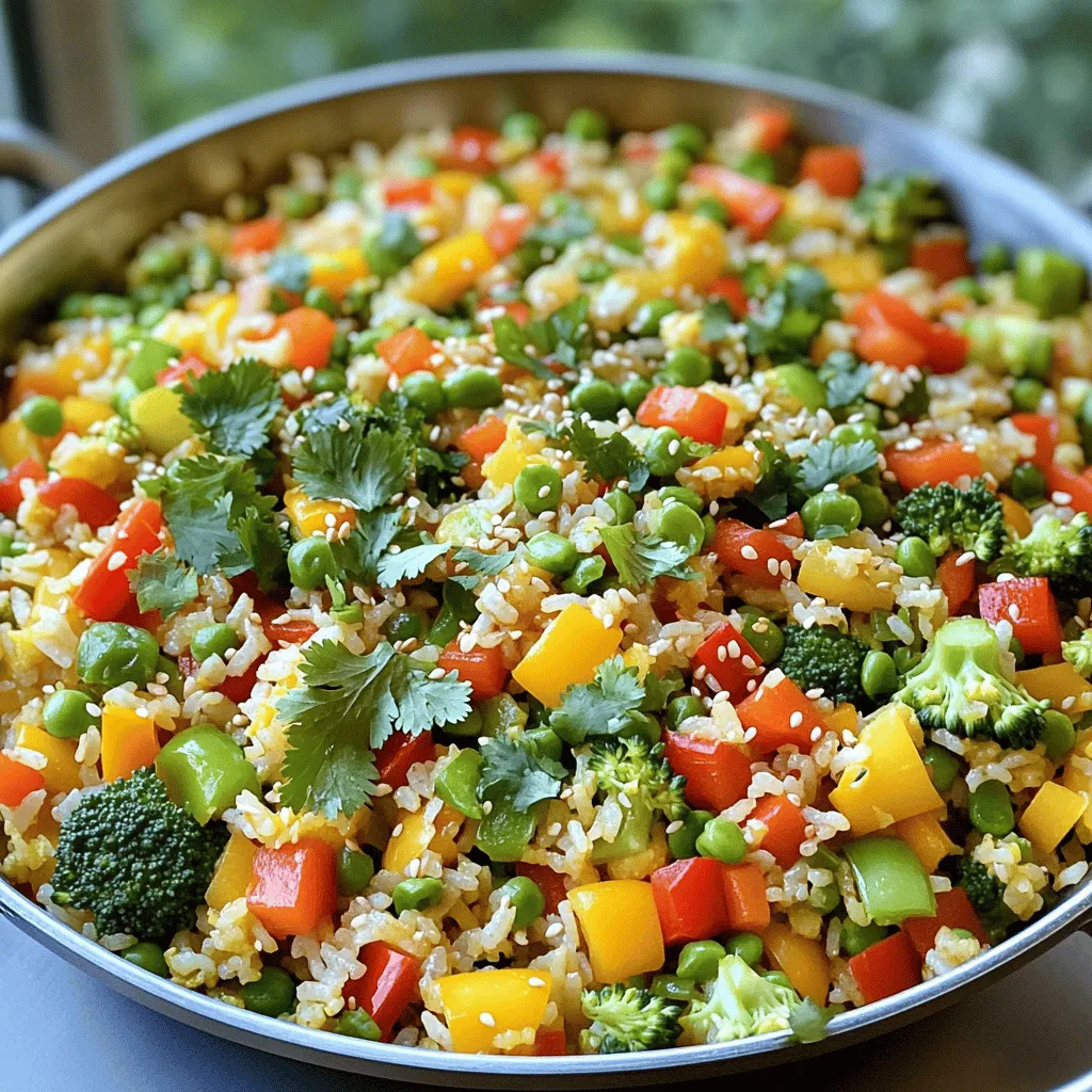 To make a tasty vegetable fried rice, gather the following items: - 2 cups cooked jasmine rice (best if from the day before) - 1 cup mixed bell peppers (diced red, yellow, and green) - 1 cup broccoli florets - 1 cup sugar snap peas, trimmed - 1 medium carrot, julienned - 3 green onions, sliced - 3 garlic cloves, minced - 2 tablespoons soy sauce - 1 tablespoon sesame oil - 1 tablespoon vegetable oil - 1 teaspoon fresh ginger, grated - Salt and pepper to taste - Sesame seeds for garnish - Fresh cilantro leaves for garnish Jasmine rice works well for this dish. It has a lovely aroma and a soft texture. You can use other types like basmati or long-grain rice. Just make sure the rice is cold before cooking. This helps keep the grains separate and fluffy. Want to make your fried rice even better? Try adding these optional ingredients: - Peas for extra sweetness - Corn for a pop of color - Cashews or peanuts for a crunchy bite - Chili flakes for a spicy kick - Egg for added protein and richness Feel free to mix and match these ingredients. You can find the full recipe [here](#). Enjoy your cooking! Start by washing your vegetables well. Fresh veggies make the dish pop! Dice the mixed peppers into small cubes. Cut the carrot into thin strips, or julienne it. Trim the sugar snap peas and separate the broccoli into small florets. The key is to keep all the pieces similar in size, so they cook evenly. For this recipe, use cooked jasmine rice. Day-old rice works best because it's less sticky. If you need to cook rice, rinse it under cold water until the water runs clear. This step helps remove excess starch. Then, cook it according to package instructions. Once done, let it cool before using. Heat two tablespoons of vegetable oil in a large pan or wok over medium-high heat. Add three minced garlic cloves and one teaspoon of grated ginger. Stir for about 30 seconds until fragrant. Next, toss in the broccoli and stir-fry for two minutes. Now, add the julienned carrots, sugar snap peas, and diced peppers. Stir-fry these for another three to four minutes until they're tender but still crisp. Push the veggies to one side of the pan. Add the cooked rice to the other side. Drizzle two tablespoons of soy sauce and one tablespoon of sesame oil over the rice. Use a spatula to break up any clumps and mix everything well. Finally, add sliced green onions and season with salt and pepper to taste. Cook for two more minutes to let the flavors blend. Serve hot, garnished with sesame seeds and fresh cilantro leaves. For the full recipe, check out the detailed instructions! To make fluffy rice, start with cold, day-old rice. Freshly cooked rice is too moist. Spread it out on a plate to cool and dry. This helps separate the grains. When cooking, use a bit less water than usual. This prevents soggy rice. For the best results, choose jasmine or basmati rice. They have a nice texture and flavor. Avoid sticky rice types for this dish. When you pick vegetables, look for bright colors and firm textures. Fresh veggies taste better and add crunch. Avoid any that look wilted or have brown spots. Store your vegetables in the fridge, but keep them dry. Use airtight bags to prevent moisture. This helps keep them fresh longer. Use them within a week for the best flavor. To get great flavor in your fried rice, use high heat. A hot pan sears the veggies and rice, adding depth. Start with garlic and ginger for aroma. Use soy sauce for a salty kick, but don’t overdo it. You can also add sesame oil for a nutty taste. Mix in the veggies at the right time. This keeps them crisp and colorful. For more ideas, try adding some chili flakes for heat or a splash of lime for brightness. For the full recipe, check out the Rainbow Veggie Fried Rice. {{image_4}} You can easily add protein to your vegetable fried rice. Tofu is a great choice for a plant-based meal. Use firm tofu for the best texture. Just cube the tofu and sauté it until it's golden. If you prefer meat, chicken is also a fantastic option. Use diced chicken breast and cook it until it’s no longer pink. Both options boost the meal’s nutrition and flavor. To keep your dish vegan, skip the chicken and use soy sauce that is gluten-free. Coconut aminos can also be a tasty substitute. For a gluten-free fried rice, make sure to check all sauce labels. You can enjoy this meal without compromising on taste or dietary needs. You can change the flavor of your fried rice easily. To make it spicy, add chili paste or red pepper flakes. For a sweeter taste, try adding a bit of pineapple or a drizzle of sweet soy sauce. Experiment with different herbs like basil or cilantro. Each variant can turn this simple dish into something new and exciting. Feel free to explore these variations to make your vegetable fried rice unique. For the full recipe, check out the Rainbow Veggie Fried Rice. Storing leftover vegetable fried rice is simple. First, let it cool. Place it in an airtight container. You can keep it in the fridge for up to three days. Make sure it’s sealed well to keep out moisture and odors. If you have a lot, divide it into smaller portions. This makes it easy to reheat later. To reheat your fried rice, use a skillet or a microwave. If you use a skillet, add a splash of water. This helps steam the rice and keeps it from drying out. Heat over medium heat for about five minutes. Stir often to warm it evenly. In the microwave, cover the rice with a damp paper towel. Heat for one to two minutes, checking every 30 seconds. You can freeze vegetable fried rice too. Place it in a freezer-safe container. Make sure to leave some space at the top. Rice expands when frozen. It can last up to three months in the freezer. To thaw, move it to the fridge overnight. You can also reheat it straight from the freezer. Just add a few extra minutes to your cooking time. This way, you’ll enjoy that great taste again! The best rice for fried rice is jasmine rice. It has a nice texture and flavor. Day-old rice works best because it dries out a bit. This helps keep the rice fluffy. You can also use long-grain rice if you prefer. Just make sure it's cooked and cooled before frying. Yes, you can use frozen vegetables. They are a quick and easy option. Just make sure to thaw and drain them first. This helps prevent excess water from making your fried rice soggy. Frozen mixes often have a nice variety, too. To make it healthier, add more veggies like spinach or peas. You can also reduce the oil used in cooking. Using low-sodium soy sauce cuts down on salt. Another option is to swap some rice for cauliflower rice. This adds fiber and lowers carbs. Vegetable fried rice has roots in China. It started as a way to use leftover rice and vegetables. Different cultures adapted the dish over time. You can find many versions worldwide, each with unique flavors and ingredients. Yes, you can prepare vegetable fried rice in advance. Cook the rice and veggies, then store them separately. You can mix them just before serving. This keeps everything fresh. It also makes it easy to reheat later. Check out the Full Recipe for more details! Vegetable fried rice offers a tasty, simple meal. We covered essential ingredients, types of rice, and optional flavors. You learned how to prepare veggies, cook rice, and mix everything for the best taste. Remember to store leftovers well and try different proteins or flavors for variety. Whether you prefer tofu, chicken, or vegan options, there’s a fried rice for you. Try these tips to elevate your dish and enjoy!