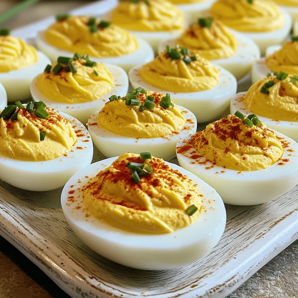 - 6 large eggs - 3 tablespoons high-quality mayonnaise - 1 teaspoon Dijon mustard - 1 teaspoon apple cider vinegar - 1/4 teaspoon smoked paprika (plus extra for garnish) - Salt and freshly cracked black pepper to taste For mayonnaise, choose a high-quality brand. A good mayonnaise makes a big difference. You want it creamy and rich, not too oily. - Fresh chives or parsley, finely chopped - Smoked paprika for a vibrant finish - Bacon bits for a smoky crunch - Capers for a briny burst Garnishes add color and flavor. Fresh herbs like chives or parsley give a nice pop. Smoked paprika enhances taste and looks great. Bacon bits add a salty, crispy touch. Capers can bring a fun tang. Use any combination to suit your taste! To make deviled eggs, start by boiling the eggs. Place six large eggs in a medium saucepan. Fill the pan with cold water, covering the eggs completely. Heat the pan over medium-high heat until the water boils. Once boiling, cover the pan with a lid and remove it from heat. Let the eggs sit for 10-12 minutes. This time is key for the perfect hard-boiled egg. Next, cool the eggs quickly. Transfer them to an ice bath for five minutes. This step helps stop the cooking process and makes peeling easier. After cooling, gently tap each egg on a hard surface. Peel them under running water to help remove stubborn shell bits. Now it's time to make the filling. Carefully slice each egg in half lengthwise. Scoop out the yolks into a mixing bowl, keeping the whites intact. Mash the yolks with a fork until crumbly. Add three tablespoons of high-quality mayonnaise, one teaspoon of Dijon mustard, one teaspoon of apple cider vinegar, and 1/4 teaspoon of smoked paprika to the bowl. Season with salt and pepper to taste. Mix until smooth and creamy. This smooth texture makes the filling rich and tasty. When filling the egg whites, you can use a spoon or a piping bag. A piping bag gives a nice, neat look. If you don't have one, a spoon works just fine. Fill each egg white generously with the yolk mixture. Make a nice mound on top for a great look. For presentation, arrange the deviled eggs on a beautiful serving platter. You can sprinkle extra smoked paprika for color. Chopped chives or parsley adds a fresh touch. For fun, place a slice of pickled jalapeño on top for extra flavor. Enjoy your delightful party snack! You can find the Full Recipe to follow these steps in detail. Overcooking eggs and its effects Overcooked eggs lead to a greenish yolk and a rubbery texture. You want a soft, creamy filling, not a tough one. To avoid this, follow the boiling time closely. Use the ice bath right after cooking to stop the heat. Unbalanced flavors in the filling If your filling lacks flavor, it will not impress your guests. Balance is key. Too much mayonnaise can make it bland. A dash of vinegar adds zest. Taste your mixture and adjust as needed. How to achieve a creamy texture For a smooth filling, use high-quality mayonnaise. Mash the yolks well before mixing. This helps blend the ingredients properly. If your filling feels dry, add a bit more mayonnaise or vinegar for creaminess. Ensuring easy peeling of eggs Fresh eggs can be hard to peel. For easier peeling, use older eggs. The shells come off more easily. Also, peel under running water. This helps loosen any stubborn bits stuck to the egg. How to store leftover deviled eggs Store any leftover deviled eggs in a covered container. Keep them in the fridge. This keeps them fresh for a longer time. Avoid stacking them, as this can cause the filling to smudge. Shelf life and best practices for freshness Deviled eggs last about 3 to 5 days in the fridge. Check for any signs of spoilage. If they smell off or look strange, it's best to toss them. Enjoy your deviled eggs while they are fresh for the best taste. For the full recipe, see the earlier sections. {{image_4}} Deviled eggs are a great canvas for flavors. You can stick to classic tastes or mix it up! One popular option is bacon. Just chop crispy bacon and fold it into the yolk mixture. It adds a salty crunch. If you like heat, add a dash of hot sauce or some diced jalapeños. You can also get creative with unique ingredients. Try adding avocado for a creamy twist. Mash it with the yolks for a smooth texture. Another fun option is curry powder. It gives a warm, spicy taste that surprises your guests. Don't forget to sprinkle some fresh herbs like dill or cilantro for extra flavor! Serving deviled eggs can be fun and easy. For casual gatherings, place them on a simple plate. You can also use a fancy platter to impress your guests. If you want to add a twist, serve them on toast. Just spread some cream cheese on the bread and top it with your deviled eggs. For a fresh option, toss them in salads. They can add protein and flavor to any leafy mix. You can even make a deviled egg salad sandwich. Just chop the eggs and mix them with mayo and a bit of mustard. Serve it on your favorite bread, and you have a tasty lunch! For the Full Recipe, try different combinations and see what you like best! To keep deviled eggs fresh, use airtight containers. Glass or plastic containers work well. Place a paper towel at the bottom to absorb excess moisture. This helps prevent the eggs from getting soggy. If you plan to take them to a party, use a sturdy container. Consider a travel egg carrier designed for this purpose. Make sure the eggs are secure to avoid any mess. Can you freeze deviled eggs? No, freezing deviled eggs is not a good idea. The texture of the egg whites will change, becoming rubbery. However, you can prepare the filling in advance. Store the yolk mixture in an airtight container in the fridge. It stays fresh for up to two days. When you're ready, simply fill the egg whites just before serving. For meal prep, consider making hard-boiled eggs. You can keep them in the fridge for about a week. When you want a quick snack, just slice and fill them. This way, you always have a tasty treat ready to go. Deviled eggs last about three to four days in the fridge. They should stay fresh if you keep them in an airtight container. Look for signs of spoilage like a bad smell or changes in color. If they seem off, it’s best to toss them. Yes, you can make deviled eggs a day early. I suggest keeping the filling and the egg whites separate until you serve. This helps keep the eggs from getting soggy. Just fill them right before the party for the best taste. For perfect hard-boiled eggs, I recommend two methods: stovetop and Instant Pot. On the stovetop, place eggs in a pot, cover with cold water, and bring to a boil. Once boiling, cover and let sit for 10-12 minutes. For the Instant Pot, place eggs on the rack, add a cup of water, and cook on high pressure for 5 minutes. Both methods yield great results. To lighten deviled eggs, swap out some mayonnaise for Greek yogurt. You can also use less mayonnaise overall. Adding a bit of mustard or vinegar can give flavor without added fat. Try incorporating mashed avocado for a creamy texture that’s healthier. Yes, you can use yogurt instead of mayonnaise. Greek yogurt adds creaminess with fewer calories. It also boosts protein content. Just keep in mind it will change the flavor slightly, but it can be a tasty twist. Deviled eggs are a delightful treat. We covered the necessary ingredients, preparation steps, and tips for success. You learned how to avoid common mistakes and explore creative variations. Remember, presentation matters, so get creative with garnishes. Storing these eggs correctly ensures their freshness. Whether you are hosting a party or just enjoying a snack, deviled eggs can shine in many ways. Use this guide to make your next batch tasty and memorable. Happy cooking!