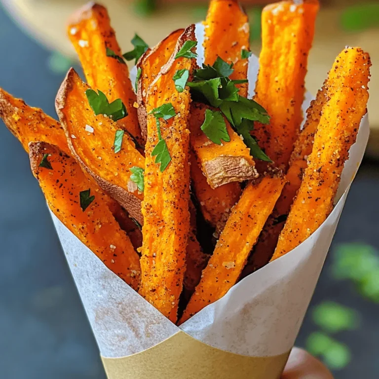 To make crispy baked sweet potato fries, you need just a few main ingredients: - 2 large sweet potatoes, peeled and cut into fry shapes - 2 tablespoons olive oil - 1 teaspoon cornstarch These ingredients form the base of your fries. Sweet potatoes bring a natural sweetness and vibrant color. Olive oil adds healthy fat, helping the fries crisp up nicely. Cornstarch is the secret ingredient that helps achieve that perfect crunch. Next, let’s add flavor with some key seasonings: - 1 teaspoon garlic powder - 1 teaspoon smoked paprika - ½ teaspoon cayenne pepper (adjust based on your spice level) - Salt and freshly ground black pepper to taste These seasonings elevate the fries. Garlic powder gives a savory kick, while smoked paprika adds a lovely depth. Cayenne pepper gives a bit of heat. Make sure to adjust the amount based on your taste. For a touch of freshness and color, consider these optional garnishes: - Fresh parsley, finely chopped Garnishing with parsley not only brightens the dish but also adds a fresh flavor. You can skip this step if you’re in a hurry, but it makes the fries look even more appealing. For the full recipe, check out the detailed steps to create these amazing crispy baked sweet potato fries! Start by peeling the sweet potatoes. Use a sharp peeler for easy work. Cut them into fry shapes, about a half-inch thick. This size helps them cook evenly. Once cut, place them in a bowl and set aside. Take a large mixing bowl and add the sweet potato fries. Drizzle in two tablespoons of olive oil. Toss the fries well so they are fully coated. This oil gives the fries great flavor and helps them crisp up. Next, sprinkle one teaspoon of cornstarch over the fries. Toss again. This step is key for crunchiness. Now, add the spices: one teaspoon of garlic powder, one teaspoon of smoked paprika, and half a teaspoon of cayenne pepper. Don't forget to add salt and black pepper to taste. Mix everything together until the fries are evenly coated with the spices. Preheat your oven to 425°F (220°C). While it warms up, line a large baking sheet with parchment paper. Spread the coated fries out in a single layer on the sheet. Make sure not to crowd them; this helps them get crispy. Bake the fries for 25-30 minutes. Flip them halfway through for even browning. They are ready when they turn golden brown and crispy. Once baked, let the fries cool for a few minutes. This helps them firm up. Garnish with finely chopped parsley for a colorful touch. Enjoy your crispy baked sweet potato fries as a tasty snack or side dish. For the full recipe, check out the details above. To get the crispiest baked sweet potato fries, follow a few key steps. First, cut the fries evenly. This helps them cook at the same rate. Next, soak the cut fries in water for at least 30 minutes. This removes some starch and makes them crispier. After soaking, dry them well with a towel. Don't skip this step! The drier the fries, the crunchier they will be. Finally, use cornstarch in the coating. It helps create that desired crispy layer. Many home cooks face common pitfalls when making sweet potato fries. One big mistake is overcrowding the baking sheet. When fries are too close, they steam instead of bake. This results in soggy fries. Always make sure there is space between each fry. Another mistake is not flipping the fries halfway through cooking. Flipping ensures even browning on both sides. Lastly, keep an eye on your oven temperature. If it's too low, the fries won’t crisp up. Stick to the preheat temperature for the best results. Using the right tools can make a difference in your sweet potato fry game. A large baking sheet is essential. Choose one with a rim to catch any oil or seasoning. Parchment paper is your best friend. It prevents sticking and helps with cleanup. A mixing bowl is also important for coating the fries evenly. If you have a silicone spatula, use it to flip the fries gently. This tool minimizes breakage. Keeping these tools handy will set you up for success with the full recipe! {{image_4}} You can change up the flavor of your sweet potato fries easily. A dash of cinnamon and a pinch of brown sugar create a sweet treat. For a savory twist, try adding Italian herbs like oregano and thyme. You can also mix in some curry powder for a bold flavor. The options are endless, so feel free to experiment! Adding cheese makes these fries even more delicious. Grated Parmesan or sharp cheddar melts beautifully on top. Fresh herbs like rosemary or thyme add a bright flavor. You can also sprinkle some crumbled feta for a Mediterranean vibe. Just add these toppings during the last few minutes of baking. Both methods can create crispy fries, but they do differ. The air fryer cooks faster and gives a crispier texture. It uses hot air circulation, which means less oil. Oven baking, however, is perfect for larger batches. You can make more fries at once, and they still turn out great! If you have both, try each method to see what you prefer. For the full recipe, check out the crispy baked sweet potato fries section! Store leftover sweet potato fries in an airtight container. Let them cool first. Keep them in the fridge for up to three days. This helps maintain some of their texture. Just remember, they might lose some crispiness over time. To reheat the fries, use your oven or air fryer. Preheat your oven to 400°F (200°C). Spread the fries on a baking sheet in a single layer. Heat them for about 10-15 minutes. This method helps bring back their crispiness. Avoid using the microwave, as it can make them soggy. You can freeze sweet potato fries for longer storage. First, bake them as per the Full Recipe but stop just before they turn golden. Let them cool completely, then place them in a freezer bag. Remove as much air as you can. They can stay frozen for up to three months. When ready to cook, bake them straight from the freezer. Adjust the cooking time for perfect crispiness. Yes, you can prepare sweet potato fries in advance. Slice the sweet potatoes and toss them with olive oil and seasonings. Store them in an airtight container in the fridge for up to 24 hours. When you're ready to bake, spread them on a baking sheet and cook as directed in the Full Recipe. This saves time and makes it easy to enjoy a tasty snack. For the best results, choose firm, medium-sized sweet potatoes. Look for smooth skin without bruises or soft spots. Varieties like Beauregard or Jewel work well. These types are sweet, creamy, and hold their shape during baking. Avoid using potatoes that are too small, as they may not cook evenly. Adjust the spice level by changing the cayenne pepper amount. For milder fries, use less or leave it out entirely. You can also add a pinch of paprika for a smoky flavor without heat. If you want a spicier kick, add more cayenne or try crushed red pepper flakes. Mix and match the spices to find your perfect balance! In this post, I covered how to make crispy baked sweet potato fries. We explored the essential ingredients, seasonings, and fun variations. You learned step-by-step instructions for preparation and baking. I shared tips to avoid common mistakes and how to keep fries crispy. Don't forget storage and reheating methods for leftovers. Enjoy experimenting with flavors and cooking methods. Crispy sweet potato fries can delight anyone, so go ahead and create your own version!