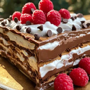 For this no-bake chocolate lasagna, you need these key ingredients: - 1 package (14.3 oz) chocolate graham crackers - 2 cups heavy whipping cream - 8 oz cream cheese, softened - 1 cup powdered sugar - 1 teaspoon vanilla extract - 1 cup semi-sweet chocolate chips, melted - 2 cups chocolate pudding (instant or homemade) - 1 cup mini chocolate chips (for topping) To make your dessert even more special, consider these garnishes: - Fresh raspberries - Fresh strawberries These add color and freshness to each slice. If you need to swap out some items, here are some ideas: - Instead of chocolate graham crackers, use regular graham crackers or Oreo cookies. - For a lighter option, try whipped topping instead of heavy cream. - You can use Greek yogurt in place of cream cheese for a tangy twist. These substitutions keep the dessert tasty while fitting your needs. Enjoy creating your no-bake chocolate lasagna! For the full recipe, check the earlier section. Start by gathering your ingredients. You will need heavy whipping cream, cream cheese, powdered sugar, and vanilla extract. In a large bowl, whip the heavy cream until it forms soft peaks. This takes about three to five minutes. In a separate bowl, beat the softened cream cheese until smooth. Then, add the powdered sugar and vanilla extract. Mix until fully combined. Gently fold the whipped cream into the cream cheese mixture with a spatula. This makes a fluffy cream layer. Now, let’s melt the chocolate. Take a microwave-safe bowl and add the semi-sweet chocolate chips. Heat them in the microwave for 20 seconds at a time. Stir between each heating until the chocolate is smooth. Be careful not to overheat it. Once smooth, let the melted chocolate cool for a few minutes before using it. This will help keep the layers from getting too warm. Grab a 9x13-inch baking dish to start layering. Place a single layer of chocolate graham crackers at the bottom. Make sure to cover the whole base. Pour half of the cooled melted chocolate over the graham crackers. Spread it evenly. Next, add half of the cream mixture on top. Smooth it out with a spatula. Pour half of the chocolate pudding over the cream layer. Repeat these steps for another layer. Finish by covering the dish tightly with plastic wrap. Chill it in the fridge for at least 4 hours. For best results, let it sit overnight. This allows the flavors to meld together beautifully. To make great whipped cream, start with cold cream. Use a large bowl and a hand mixer. Beat the cream until soft peaks form. This means the cream holds its shape but still looks fluffy. Be careful not to overbeat it. Overbeaten cream can turn into butter, and we don’t want that. Mixing it gently with the cream cheese adds a light texture. This balance makes the layers smooth and creamy. Layering is key to a great no bake chocolate lasagna. Begin with a solid base of chocolate graham crackers. This helps support all the layers above. Pour melted chocolate evenly on top, spreading it out well. When adding the cream mixture, use a spatula to smooth it down. Make sure each layer is flat before adding the next. This helps each bite taste the same. Remember, patience is important here! One common mistake is rushing the chilling time. Letting the dessert chill for at least four hours helps the layers set. This wait is worth it for the best flavor and texture. Another mistake is not measuring ingredients properly. Use measuring cups for accuracy. Lastly, don’t forget the toppings! Mini chocolate chips or fresh fruit add a fun finish. For the full recipe, check the earlier section. {{image_4}} You can add fun flavors to your no bake chocolate lasagna. Try peanut butter for a nutty twist. Just mix half a cup of creamy peanut butter into the cream layer. You get a rich taste that pairs well with chocolate. Mint is another great choice. Add a few drops of mint extract to the cream mix. This gives your dessert a refreshing zing. You can also use mint chocolate chips for extra flavor. Want to be extra creative? Mix in some coffee or espresso powder. This adds depth to the chocolate taste. You could even layer in fruit, like bananas or cherries, for a fruity kick. Making this dessert gluten-free is easy. Use gluten-free chocolate graham crackers instead of regular ones. Many brands offer tasty options that work well. Just check the label to ensure they are gluten-free. You can also make your own graham crackers using gluten-free flour. This way, you can control the ingredients. It’s a fun project if you have some time. Toppings can change the whole look and taste of your dessert. While mini chocolate chips are great, you can switch things up. Try crushed nuts for a nice crunch. Walnuts or almonds add a delightful texture. Fresh fruit is another option. Berries, like raspberries or strawberries, add color and flavor. You could also drizzle caramel or chocolate sauce on top for added sweetness. If you want a unique touch, use whipped cream or chocolate sauce. These can make each slice look even more tempting. For more ideas, check the full recipe for inspiration! Store any leftover No Bake Chocolate Lasagna in an airtight container. This will keep it fresh. You can also cover the dish tightly with plastic wrap. Make sure it seals well to keep out air. Refrigerate your lasagna for up to five days. Keep it in the fridge at a temperature below 40°F (4°C). This keeps the cream and pudding layers safe to eat. Before serving, check for any changes in texture or smell. If you want to save some for later, you can freeze it. Cut portions into squares for easy serving. Wrap each piece tightly in plastic wrap and then foil. Store it in the freezer for up to three months. When ready to eat, let it thaw in the fridge overnight. This will help keep the layers intact and tasty. For the best flavor, enjoy it soon after thawing. Yes, you can make No Bake Chocolate Lasagna ahead of time. It tastes better when it chills! I suggest making it the day before. This way, the layers set well and flavors blend perfectly. Just keep it covered in the fridge until you're ready to serve. You can use regular graham crackers if you want. If you're looking for something different, try Oreo cookies for a rich flavor. You can also use any chocolate cookie you love. Just crush them to make a tasty base for your dessert. You can store No Bake Chocolate Lasagna in the fridge for about 3 to 5 days. Just keep it tightly covered. If you want to keep it longer, you can freeze it. It will last for up to 2 months in the freezer. Just remember to thaw it in the fridge when you're ready to enjoy it again. For the complete recipe, check out the Full Recipe section above! This blog post covered how to make a delicious No Bake Chocolate Lasagna. You learned about the key ingredients and optional garnishes to enhance the dessert. We explored easy step-by-step instructions, tips for perfect layers, and variations to suit your taste. Remember, you can adjust ingredients and toppings to make it your own. No Bake Chocolate Lasagna is simple to make and fun to share. Enjoy creating this treat!
