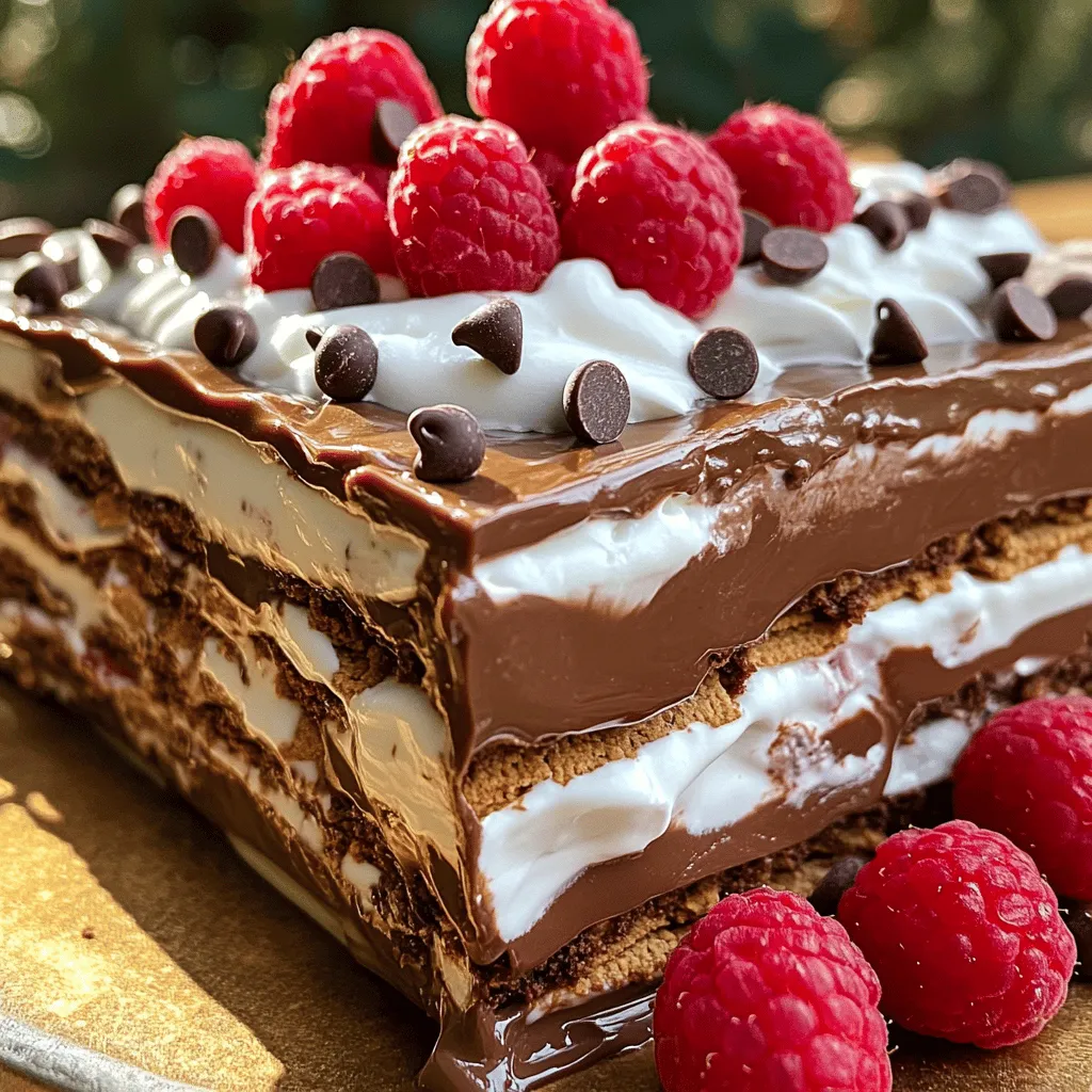 For this no-bake chocolate lasagna, you need these key ingredients: - 1 package (14.3 oz) chocolate graham crackers - 2 cups heavy whipping cream - 8 oz cream cheese, softened - 1 cup powdered sugar - 1 teaspoon vanilla extract - 1 cup semi-sweet chocolate chips, melted - 2 cups chocolate pudding (instant or homemade) - 1 cup mini chocolate chips (for topping) To make your dessert even more special, consider these garnishes: - Fresh raspberries - Fresh strawberries These add color and freshness to each slice. If you need to swap out some items, here are some ideas: - Instead of chocolate graham crackers, use regular graham crackers or Oreo cookies. - For a lighter option, try whipped topping instead of heavy cream. - You can use Greek yogurt in place of cream cheese for a tangy twist. These substitutions keep the dessert tasty while fitting your needs. Enjoy creating your no-bake chocolate lasagna! For the full recipe, check the earlier section. Start by gathering your ingredients. You will need heavy whipping cream, cream cheese, powdered sugar, and vanilla extract. In a large bowl, whip the heavy cream until it forms soft peaks. This takes about three to five minutes. In a separate bowl, beat the softened cream cheese until smooth. Then, add the powdered sugar and vanilla extract. Mix until fully combined. Gently fold the whipped cream into the cream cheese mixture with a spatula. This makes a fluffy cream layer. Now, let’s melt the chocolate. Take a microwave-safe bowl and add the semi-sweet chocolate chips. Heat them in the microwave for 20 seconds at a time. Stir between each heating until the chocolate is smooth. Be careful not to overheat it. Once smooth, let the melted chocolate cool for a few minutes before using it. This will help keep the layers from getting too warm. Grab a 9x13-inch baking dish to start layering. Place a single layer of chocolate graham crackers at the bottom. Make sure to cover the whole base. Pour half of the cooled melted chocolate over the graham crackers. Spread it evenly. Next, add half of the cream mixture on top. Smooth it out with a spatula. Pour half of the chocolate pudding over the cream layer. Repeat these steps for another layer. Finish by covering the dish tightly with plastic wrap. Chill it in the fridge for at least 4 hours. For best results, let it sit overnight. This allows the flavors to meld together beautifully. To make great whipped cream, start with cold cream. Use a large bowl and a hand mixer. Beat the cream until soft peaks form. This means the cream holds its shape but still looks fluffy. Be careful not to overbeat it. Overbeaten cream can turn into butter, and we don’t want that. Mixing it gently with the cream cheese adds a light texture. This balance makes the layers smooth and creamy. Layering is key to a great no bake chocolate lasagna. Begin with a solid base of chocolate graham crackers. This helps support all the layers above. Pour melted chocolate evenly on top, spreading it out well. When adding the cream mixture, use a spatula to smooth it down. Make sure each layer is flat before adding the next. This helps each bite taste the same. Remember, patience is important here! One common mistake is rushing the chilling time. Letting the dessert chill for at least four hours helps the layers set. This wait is worth it for the best flavor and texture. Another mistake is not measuring ingredients properly. Use measuring cups for accuracy. Lastly, don’t forget the toppings! Mini chocolate chips or fresh fruit add a fun finish. For the full recipe, check the earlier section. {{image_4}} You can add fun flavors to your no bake chocolate lasagna. Try peanut butter for a nutty twist. Just mix half a cup of creamy peanut butter into the cream layer. You get a rich taste that pairs well with chocolate. Mint is another great choice. Add a few drops of mint extract to the cream mix. This gives your dessert a refreshing zing. You can also use mint chocolate chips for extra flavor. Want to be extra creative? Mix in some coffee or espresso powder. This adds depth to the chocolate taste. You could even layer in fruit, like bananas or cherries, for a fruity kick. Making this dessert gluten-free is easy. Use gluten-free chocolate graham crackers instead of regular ones. Many brands offer tasty options that work well. Just check the label to ensure they are gluten-free. You can also make your own graham crackers using gluten-free flour. This way, you can control the ingredients. It’s a fun project if you have some time. Toppings can change the whole look and taste of your dessert. While mini chocolate chips are great, you can switch things up. Try crushed nuts for a nice crunch. Walnuts or almonds add a delightful texture. Fresh fruit is another option. Berries, like raspberries or strawberries, add color and flavor. You could also drizzle caramel or chocolate sauce on top for added sweetness. If you want a unique touch, use whipped cream or chocolate sauce. These can make each slice look even more tempting. For more ideas, check the full recipe for inspiration! Store any leftover No Bake Chocolate Lasagna in an airtight container. This will keep it fresh. You can also cover the dish tightly with plastic wrap. Make sure it seals well to keep out air. Refrigerate your lasagna for up to five days. Keep it in the fridge at a temperature below 40°F (4°C). This keeps the cream and pudding layers safe to eat. Before serving, check for any changes in texture or smell. If you want to save some for later, you can freeze it. Cut portions into squares for easy serving. Wrap each piece tightly in plastic wrap and then foil. Store it in the freezer for up to three months. When ready to eat, let it thaw in the fridge overnight. This will help keep the layers intact and tasty. For the best flavor, enjoy it soon after thawing. Yes, you can make No Bake Chocolate Lasagna ahead of time. It tastes better when it chills! I suggest making it the day before. This way, the layers set well and flavors blend perfectly. Just keep it covered in the fridge until you're ready to serve. You can use regular graham crackers if you want. If you're looking for something different, try Oreo cookies for a rich flavor. You can also use any chocolate cookie you love. Just crush them to make a tasty base for your dessert. You can store No Bake Chocolate Lasagna in the fridge for about 3 to 5 days. Just keep it tightly covered. If you want to keep it longer, you can freeze it. It will last for up to 2 months in the freezer. Just remember to thaw it in the fridge when you're ready to enjoy it again. For the complete recipe, check out the Full Recipe section above! This blog post covered how to make a delicious No Bake Chocolate Lasagna. You learned about the key ingredients and optional garnishes to enhance the dessert. We explored easy step-by-step instructions, tips for perfect layers, and variations to suit your taste. Remember, you can adjust ingredients and toppings to make it your own. No Bake Chocolate Lasagna is simple to make and fun to share. Enjoy creating this treat!