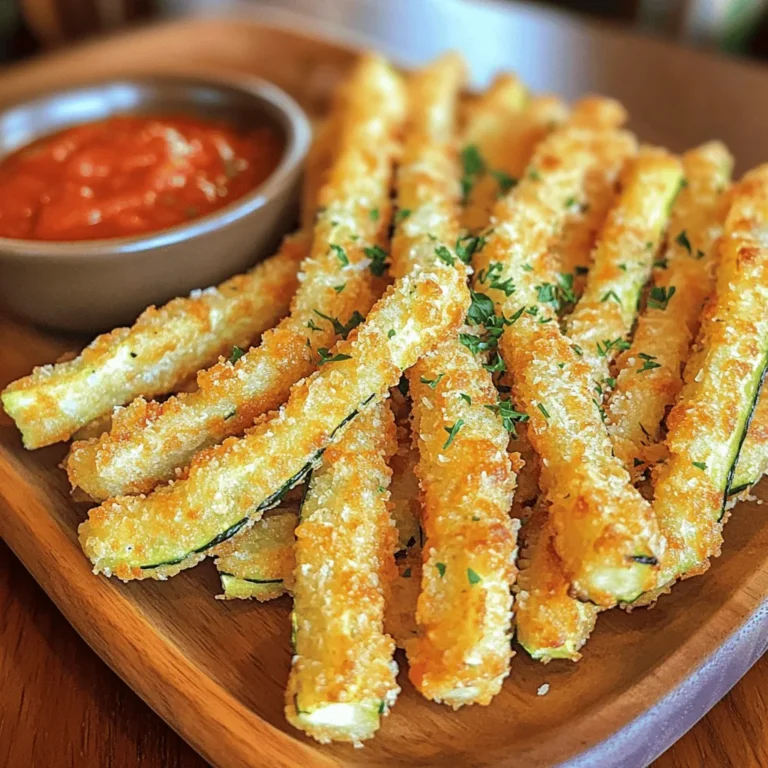 - 2 medium zucchinis - 1 cup panko breadcrumbs - 1/2 cup finely grated Parmesan cheese - 2 large eggs - 1 teaspoon garlic powder - 1 teaspoon onion powder - 1 teaspoon dried oregano - Salt and freshly ground black pepper - Olive oil spray or extra virgin olive oil When making crispy Parmesan zucchini fries, the right ingredients matter. Start with two fresh, medium zucchinis. Cut them into quarter-inch thick sticks. This thickness lets them cook evenly and stay crispy. Next, use one cup of panko breadcrumbs. Panko gives a nice crunch that regular breadcrumbs just can’t match. You also need half a cup of finely grated Parmesan cheese. This cheese adds a salty, rich flavor that pairs well with the zucchini. The two large eggs act as a binder, helping the breadcrumb mix stick to the zucchini. For seasoning, I recommend adding one teaspoon each of garlic powder, onion powder, and dried oregano. These spices enhance the flavor without overpowering the zucchini. Don't forget to sprinkle in some salt and freshly ground black pepper for that extra kick. Lastly, use either an olive oil spray or a drizzle of extra virgin olive oil. This helps the fries get that golden, crispy finish in the oven. For the full recipe, make sure to check out the detailed steps. Enjoy cooking this easy and delicious snack! - Preheat oven to 425°F (220°C). - Line a baking sheet with parchment paper. - In a shallow bowl, mix panko breadcrumbs, Parmesan, garlic powder, onion powder, oregano, salt, and pepper. - In another bowl, crack the large eggs and beat them until frothy. - Dip each zucchini stick into the egg, letting excess drip off. - Roll the zucchini in the breadcrumb mix, pressing lightly for a good coat. - Place the coated zucchini fries on the lined baking sheet. - If using olive oil, spray or drizzle it over the fries. - Bake for 20-25 minutes, flipping halfway for even crispiness. - Let the fries cool for a few minutes before serving. For the full recipe, check the earlier section. Enjoy your crispy Parmesan zucchini fries! To get that perfect crunch, use panko breadcrumbs. Panko is lighter and airier than regular breadcrumbs. This helps create a crisp outer layer when baked. Make sure to coat the zucchini sticks evenly. Dip each stick in the egg wash first. Then, roll it in the breadcrumb mix. Press down gently to ensure full coverage. This gives a nice, even texture during baking. Pair these fries with great dipping sauces. Marinara sauce adds a classic touch. For a twist, try garlic aioli or ranch dressing. These sauces enhance the flavors of the fries. For a pretty presentation, place the fries on a clean platter. Add a small bowl of sauce on the side. To make it pop, sprinkle fresh parsley over the top. This adds color and freshness. Serve warm for the best taste. For the full recipe, check the detailed instructions. {{image_4}} You can change the taste of your crispy Parmesan zucchini fries with different spices. Try adding smoked paprika for a bit of heat or cumin for a warm flavor. Fresh herbs like thyme or basil can also give a nice twist. If you want a cheesy kick, use a blend of mozzarella and Parmesan or even nutritional yeast for a vegan option. You can also swap panko for crushed nuts for a nutty crunch. If you want to switch things up, try making these fries in an air fryer. Set your air fryer to 400°F (200°C) and cook for about 10-15 minutes. Shake the basket halfway to ensure even cooking. If you prefer pan-frying, heat some olive oil in a skillet over medium heat. Fry the zucchini fries until they turn golden brown, about 5 minutes per side. This method gives them a rich flavor and crispy texture. These variations make the recipe fun and personal, so feel free to experiment! For the full recipe, check out the details above. To keep your crispy Parmesan zucchini fries fresh, store them in an airtight container. Place a paper towel inside to absorb moisture. This helps maintain their crispiness. Refrigerate the container for up to three days. To reheat, preheat your oven to 400°F (200°C). Spread the fries on a baking sheet in a single layer. Bake for 10-15 minutes until they are hot and crispy again. You can also use an air fryer for a quick reheat. If you want to save some fries for later, freezing is a great choice. First, let the fries cool completely. Then, lay them out on a baking sheet in a single layer. Freeze them for about an hour until solid. Once frozen, transfer the fries to a freezer-safe bag or container. They can last up to three months in the freezer. To cook from frozen, preheat your oven to 425°F (220°C). Bake for about 25-30 minutes, flipping halfway through, until they are golden and crispy. This way, you can enjoy them anytime! Don't forget to check the full recipe for the best results. To make zucchini fries extra crispy, use these key techniques: - Choose panko breadcrumbs: They provide a better crunch than regular breadcrumbs. - Coat evenly: Make sure each zucchini stick is covered well with the breadcrumb mix. - Don’t crowd the baking sheet: This allows hot air to circulate, ensuring crispness. - Flip halfway: Turn the fries midway through baking to get both sides crispy. - Use olive oil: A light spray or drizzle helps with browning and crunchiness. These tips will help you achieve that perfect crunch every time! Yes, you can substitute ingredients based on your needs: - Zucchini: Use eggplant or sweet potatoes for a different flavor. - Panko breadcrumbs: Try crushed cornflakes or gluten-free breadcrumbs for a change. - Parmesan cheese: Nutritional yeast or cheddar cheese can work well too. - Eggs: Use flaxseed or chia seed mix for an egg-free option. These substitutions keep the dish tasty and friendly for various diets. Crispy zucchini fries taste amazing with many dipping sauces: - Marinara sauce: A classic choice that adds a rich flavor. - Garlic aioli: Creamy and flavorful, it enhances the fries perfectly. - Ranch dressing: A cool and tangy option for those who love ranch. - Spicy ketchup: Adds a kick if you like some heat. Try different sauces to find your favorite pairing! In this post, we explored making delicious zucchini fries. We covered the main ingredients, including zucchini, breadcrumbs, and seasonings. I outlined the preparation steps, baking tips, and ways to achieve that perfect crispy texture. You also learned about variations, storage options, and answered common questions. These tasty zucchini fries can fit into many meals. Try different spices or cooking methods for fun twists. Enjoy making and sharing these crunchy treats!
