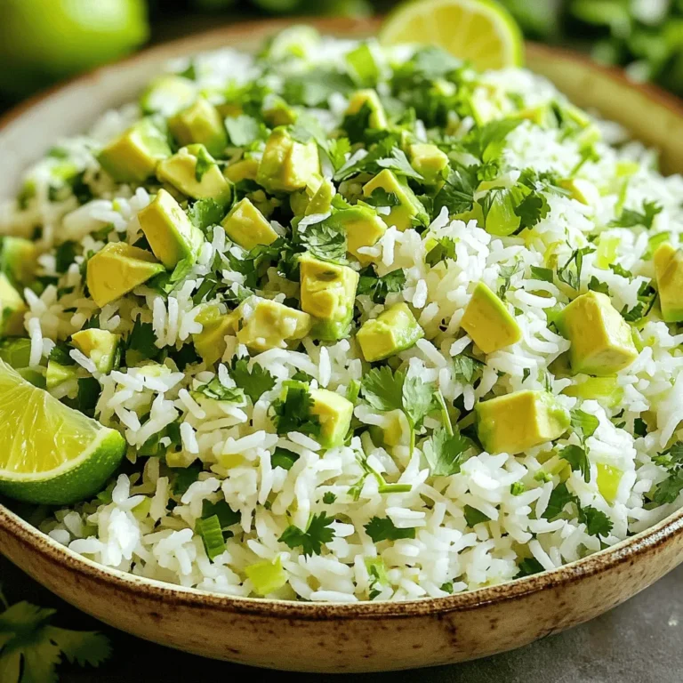 To make Avocado Cilantro Lime Rice, you need fresh and simple ingredients that bring flavor and nutrition. Here’s what you need: - 1 cup uncooked jasmine rice - 2 cups vegetable broth (or water) - 1 ripe avocado, diced - 1 cup fresh cilantro, finely chopped - 1 lime, juiced and zested - 2 tablespoons extra virgin olive oil - 1 teaspoon garlic powder - Salt and black pepper to taste - Optional: 1 small jalapeño, diced (for a spicy kick) These ingredients work together to create a refreshing and vibrant dish. The jasmine rice serves as a light base, while the avocado adds creaminess. Fresh cilantro brightens the flavor, and lime juice brings a zesty kick. I always recommend using ripe avocados. They should be slightly soft when gently squeezed. Fresh cilantro is key, as it adds an herbal note. If you like a bit of heat, diced jalapeño adds just the right amount of spice. For the best taste, use high-quality extra virgin olive oil. It enhances the overall flavor of the dish. Feel free to check the Full Recipe for more tips! First, rinse the uncooked jasmine rice under cold water. Keep rinsing until the water runs clear. This step is key. It removes extra starch, which keeps the rice fluffy when cooked. Next, pour 2 cups of vegetable broth or water into a medium saucepan. Bring it to a boil over high heat. Once boiling, add the rinsed rice and 1 teaspoon of garlic powder. Stir it briefly, then cover the saucepan. Reduce the heat to low and let it simmer for 15 to 18 minutes. The rice should be tender and all the liquid absorbed. After the rice is cooked, take the saucepan off the heat but leave it covered for 5 more minutes. This lets the rice steam, creating a better texture. Once done, fluff the rice gently with a fork to separate the grains. Now it’s time to mix in the fun flavors. In a large bowl, combine the fluffy rice with the diced avocado, chopped cilantro, lime juice, lime zest, and olive oil. Use a gentle folding motion to combine everything. Be careful not to mash the avocado too much. You want it to stay chunky and fresh. Taste the mix and add salt and black pepper as you like. If you enjoy a spicy kick, toss in some diced jalapeño. Adjust the flavors until it’s just right for you. Serve this dish warm or at room temperature. It works great as a colorful side or a base for a hearty grain bowl. For more details, check the Full Recipe. To get the best rice, rinsing is key. Rinsing removes extra starch, which keeps your rice fluffy. You want the water to run clear. This step makes a huge difference. After cooking, let the rice rest. Keep the lid on for five minutes. This resting period helps the rice steam and become even fluffier. Seasoning is your friend. Adding salt and pepper boosts the taste. Start with a little, then add more as needed. If you like heat, add a diced jalapeño. It gives a nice kick. Just remember, you can always add more, but you can’t take it out! {{image_4}} You can easily make this dish vegan and gluten-free. The main ingredients are already plant-based and do not contain gluten. To add more flavor, try using a different broth, like mushroom or coconut. If you want a nutty flavor, swap the avocado for diced roasted nuts. You can also add black beans for protein and texture. This will make the dish heartier and more filling. Avocado cilantro lime rice works great as a side dish. It pairs well with grilled chicken or shrimp. You can also use it as a base for a grain bowl. Top it with your favorite proteins, like beans, chicken, or tofu. Add fresh veggies for color and crunch. It’s a versatile dish that you can enjoy in many ways. To keep your avocado cilantro lime rice fresh, store it in an airtight container. This helps prevent moisture loss and keeps the flavors intact. You can enjoy it for up to three days in the fridge. Beyond this time, the avocado may brown and lose its taste. When you're ready to enjoy the rice again, use gentle methods to reheat it. You can warm it in a skillet over low heat. Add a splash of vegetable broth or water to keep it moist. Stir it often to maintain the flavor and texture. You can also microwave it. Place the rice in a bowl, cover it with a damp paper towel, and heat for 30 seconds at a time, stirring in between. This keeps the dish from drying out. For best taste, eat it fresh, but these tips help keep the dish enjoyable! Avocado Cilantro Lime Rice lasts about three days in the fridge. Store it in an airtight container. This keeps the rice fresh and safe to eat. After three days, the avocado may brown and affect the taste. Always check for any off smells before eating. Yes, you can use brown rice instead of jasmine rice. Brown rice adds a nutty flavor and chewy texture. However, it takes longer to cook. Use about 40 to 45 minutes for brown rice. Adjust the liquid ratio, too. Use 2 1/2 cups of vegetable broth for 1 cup of brown rice. You can serve Avocado Cilantro Lime Rice with many dishes. It pairs well with grilled chicken, shrimp, or fish. You can also use it as a base for burrito bowls. Add black beans, corn, and salsa for a tasty meal. For a vegetarian option, serve it with roasted veggies or tofu. For the full recipe, check out the Full Recipe section. In this post, I detailed how to make Avocado Cilantro Lime Rice. We covered the key ingredients, like jasmine rice and ripe avocados. I explained cooking steps and tips for perfect texture. You can also explore variations and storage tips. This dish is not only tasty but also flexible. Enjoy it as a side or a base for your meals. With simple adjustments, you can make it fit your diet. Now, it’s time to try this fresh and flavorful rice dish yourself!