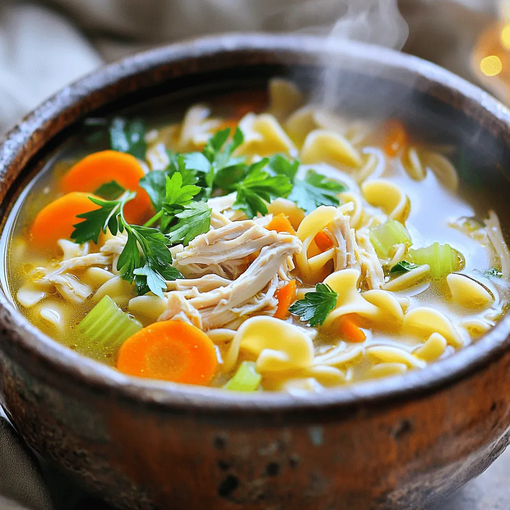 - 2 tablespoons extra virgin olive oil - 1 medium onion, finely diced - 2 medium carrots, peeled and sliced into rounds - 2 celery stalks, thoroughly chopped - 3 cloves garlic, minced - 8 cups low-sodium chicken broth - 1 pound boneless, skinless chicken breasts - 1 teaspoon dried thyme - 1 teaspoon dried oregano - Salt and freshly cracked black pepper - 2 cups egg noodles - 1 cup fresh spinach leaves - Fresh parsley, finely chopped (for garnish) When I make classic chicken noodle soup, I focus on fresh, quality ingredients. The fresh vegetables provide flavor and nutrition. The olive oil adds a nice richness. You can use any low-sodium broth you like. Chicken breasts are my go-to protein for this dish. The dried herbs, thyme and oregano, give warmth to the soup. Egg noodles are a fun addition. They soak up the broth well. Spinach adds color and nutrients, but it’s optional. Fresh parsley brightens the dish at the end. For the full recipe, check the details above. - Start by heating 2 tablespoons of extra virgin olive oil in a large pot over medium heat. - Add 1 medium onion, finely diced, 2 medium carrots, peeled and sliced into rounds, and 2 celery stalks, thoroughly chopped. Sauté these for about 5-7 minutes. Stir occasionally. You want the vegetables to be tender and the onion to look translucent. - Next, add 3 cloves of minced garlic. Cook for another minute. This will fill your kitchen with a wonderful aroma. - Carefully pour 8 cups of low-sodium chicken broth into the pot. Raise the heat to bring it to a gentle boil. - Once it boils, add 1 pound of boneless, skinless chicken breasts. Season with 1 teaspoon of dried thyme, 1 teaspoon of dried oregano, and salt and freshly cracked black pepper to taste. - Lower the heat and let the soup simmer uncovered for about 20 minutes. You want the chicken to be fully cooked and tender. - After the chicken is cooked, take it out of the pot and place it on a cutting board. Use two forks to shred it into bite-sized pieces. Then, return the shredded chicken back to the pot. - Add 2 cups of egg noodles into the soup. Cook them according to the package instructions, which usually takes about 6-8 minutes. Stir occasionally to prevent sticking. - If you like, gently stir in 1 cup of fresh spinach leaves during the last minute of cooking. This will help it wilt nicely. - Before serving, taste the soup. Adjust the seasoning if needed with salt, pepper, or herbs. - Serve the soup hot, ladled into bowls. For a lovely touch, garnish with freshly chopped parsley. This will add a burst of color and flavor to your cozy meal! To make your soup burst with flavor, consider adding these herbs and spices: - 1 teaspoon dried thyme - 1 teaspoon dried oregano These herbs add depth to your broth. Adjust salt and pepper levels to taste. Start with a pinch of each. You can always add more if needed. Sauté your vegetables correctly for the best flavor. Heat the olive oil over medium heat. Add the onion, carrots, and celery. Cook for 5-7 minutes until soft. Stir often to prevent burning. Shredding chicken can be a chore, but it doesn’t have to be! After cooking, let the chicken cool for a minute. Use two forks to pull it apart easily. This method gives you perfect bite-sized pieces. For a lovely presentation, serve the soup in rustic bowls. Pair it with warm, crusty bread. This combo makes for a cozy meal. To make your soup visually appealing, sprinkle fresh parsley on top. It adds a pop of green and freshness. Just chop it finely before adding. For the full recipe, refer to the previous sections. Enjoy your cooking! {{image_4}} You can change the protein in your chicken noodle soup to fit your needs. - Using rotisserie chicken: This is quick and easy. Just shred the chicken and add it to the soup. This saves time and adds great flavor. - Vegetarian or vegan adaptations: Instead of chicken, use chickpeas or tofu. They both offer protein and texture. Use vegetable broth for the base. This keeps the soup hearty and satisfying. Not everyone likes egg noodles. You can switch them out for other options. - Whole wheat or gluten-free options: Whole wheat noodles add fiber. Gluten-free noodles are great for those with allergies. Both work well in this soup. - Alternatives to egg noodles: Try rice noodles or even quinoa. They give a different twist and are just as tasty. Want to boost nutrition? Add more veggies! - Incorporating more vegetables for nutrition: You can add peas, bell peppers, or even zucchini. They add color and flavor. - Seasonal vegetable suggestions: Use root vegetables in winter, like parsnips or turnips. In summer, add fresh corn or green beans. Seasonal veggies make your soup fresh and vibrant. For the full recipe, check out Cozy Classic Chicken Noodle Soup 🥣. To store your leftover soup, let it cool first. Use an airtight container to keep it fresh. This soup lasts in the fridge for about 3 to 4 days. Always check for any signs of spoilage before eating. You can freeze this soup for longer storage. First, let it cool completely. Then, pour the soup into a freezer-safe container. Leave some space at the top for expansion. To thaw, place it in the fridge overnight. You can also use the microwave for quicker thawing. When reheating, you can use either the microwave or the stove. For the microwave, heat in short bursts and stir often. On the stove, warm it gently over medium heat. Add a splash of broth or water to keep it flavorful and prevent drying out. To make this soup healthier, you can change some ingredients. Here are a few ideas: - Use low-fat chicken: Choose skinless chicken breasts to cut calories. - Add more veggies: Toss in extra carrots, celery, or even leafy greens. - Use whole grain noodles: Whole grain noodles offer more fiber than regular noodles. - Reduce salt: Use low-sodium broth or skip added salt to lower sodium. For flavor, add fresh herbs like parsley or dill. They boost taste without added salt. Yes, you can use frozen chicken. Here are some tips: - Thaw first: Thaw chicken in the fridge overnight for best results. - Cook longer: If using frozen chicken, add extra time when cooking the soup. Ensure the chicken reaches 165°F inside. - Cut into smaller pieces: This helps it cook evenly and faster. Using frozen chicken saves time and still gives great flavor. Leftover soup is a treasure. Here’s how to use it: - Make a casserole: Mix soup with cooked rice or pasta, top with cheese, and bake. - Add to a stir-fry: Use soup as a base or sauce in a quick stir-fry. - Create a sauce: Blend the soup for a creamy sauce over chicken or veggies. You can also freeze leftovers for later. Just store in airtight containers. You learned how to make a tasty chicken noodle soup. We covered fresh and pantry ingredients, step-by-step cooking, and tips for great flavor. Remember to play with spices and add veggies to boost nutrition. You can even store or freeze leftovers for later. Making this soup is simple and rewarding. Enjoy your warm bowl of comfort any time!
