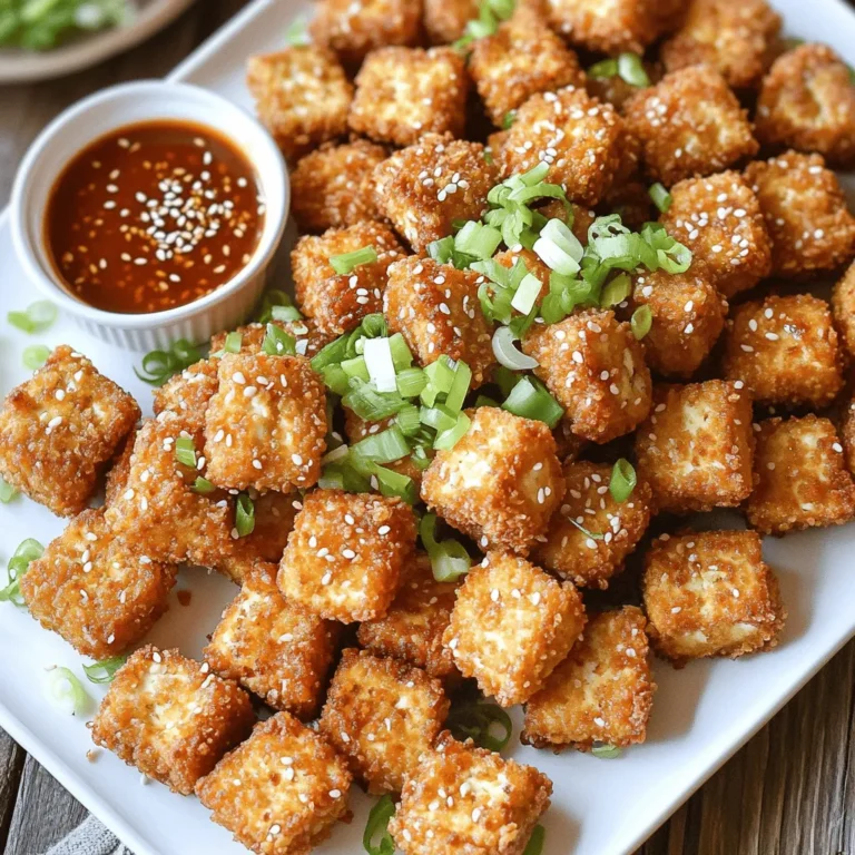 To make crispy air fryer tofu nuggets, you need a few key ingredients: - 1 block (14 oz) firm tofu, drained and pressed - 1/2 cup all-purpose flour - 1/2 cup cornstarch - 1 teaspoon garlic powder - 1 teaspoon onion powder - 1 teaspoon smoked paprika - 1/2 teaspoon salt - 1/4 teaspoon black pepper - 1/2 cup unsweetened plant-based milk (like almond or soy) - 1 cup panko breadcrumbs - Cooking spray or olive oil spray These ingredients work together to create a crispy and tasty nugget. If you need substitutes, here are some options: - Swap firm tofu for extra-firm tofu for more texture. - Use gluten-free flour instead of all-purpose flour for a gluten-free option. - Cornstarch can be replaced with potato starch for a similar crunch. - For a nut-free milk option, use oat milk instead of plant-based milk. - Try crushed crackers instead of panko for a different texture. These substitutes can help you adapt the recipe to your needs. When picking tofu, choose firm or extra-firm types. They hold their shape better during cooking. Check the expiration date on the package to ensure freshness. Look for tofu that feels dense and heavy for its size. If possible, buy organic tofu for better quality. Always press the tofu to remove excess moisture, which helps it become crispy in the air fryer. These tips will help you select the best tofu for your nuggets. For the full recipe, check out the detailed instructions provided above. To begin, you want to prepare the tofu. First, drain and press the block of firm tofu. This step is key to removing excess water. After that, cut the tofu into bite-sized cubes or nugget shapes. Make sure the pieces are even. This helps them cook uniformly. Next, gather your dry ingredients. In a shallow bowl, mix the all-purpose flour, cornstarch, garlic powder, onion powder, smoked paprika, salt, and black pepper. Whisk until everything looks well blended. This mix will give your nuggets a nice flavor. Now, pour the unsweetened plant-based milk into another bowl. This will serve as your dipping station. Set up a third bowl with panko breadcrumbs for coating the tofu. To bread the tofu, take a piece and coat it in the flour mix. Shake off any extra flour. Then, dip the tofu into the plant-based milk. Let any excess milk drip back into the bowl. Finally, roll the tofu in the panko breadcrumbs. Press lightly to ensure it sticks well. Repeat this process for each piece of tofu. Arrange the breaded nuggets in your air fryer basket. Keep them in a single layer and space them apart. This ensures they cook evenly and get nice and crispy. Preheat your air fryer to 375°F (190°C). This is essential for crispy results. Once ready, place the breaded tofu nuggets in the basket. Lightly spray them with cooking spray or olive oil spray. This step adds a golden brown color and crunch. Cook the nuggets for 12-15 minutes. Flip them halfway for even cooking. They should turn golden brown when done. Once cooked, remove them carefully. Let them cool slightly to keep that crispy texture. For more details, check out the Full Recipe. To get your tofu nuggets super crispy, follow these steps: - Press the Tofu Well: Remove as much moisture as possible. This keeps the nuggets from getting soggy. - Use Cornstarch: Adding cornstarch to the breading helps create a crunchy shell. - Don’t Overcrowd the Basket: Give the nuggets room to breathe. This allows hot air to circulate. - Spray with Oil: A light spray of cooking oil helps achieve that golden color and crisp texture. Boosting flavor in your tofu nuggets is easy. Here are some ideas: - Add More Spices: Mix in cayenne for heat or lemon zest for brightness. - Try Different Breadcrumbs: Use seasoned panko for extra flavor. - Garlic and Onion Powder: These add depth. You can adjust the amounts to your taste. - Marinate Tofu: A quick soak in soy sauce or teriyaki sauce before breading adds a savory kick. Sometimes, things don’t go as planned. Here’s how to fix common problems: - Nuggets Are Soggy: Ensure tofu is pressed and patted dry. Also, make sure to space them out in the air fryer. - Breading Falls Off: Ensure you coat the tofu well in flour, then milk, and finally breadcrumbs. - Not Brown Enough: If they aren’t browning, try increasing the temperature slightly. You can also spray more oil if needed. For a detailed recipe, check out the Full Recipe for Crispy Air Fryer Tofu Nuggets. {{image_4}} You can easily make these nuggets vegan and gluten-free. Use gluten-free flour and gluten-free panko. This swap keeps the texture crispy and delicious. Check labels to ensure they are certified gluten-free. You can also use chickpea flour instead of regular flour. This option adds extra protein and flavor. You can choose between spicy or savory flavors for your nuggets. For a spicy kick, add cayenne pepper or chili powder to the dry mix. This step will make your taste buds tingle. If you prefer savory, try adding herbs like thyme or oregano. Both options make the nuggets exciting and tasty. Serve these tofu nuggets with a variety of dips. Sweet chili sauce adds a lovely sweetness. You can also try barbecue sauce for a smoky flavor. For a fresh twist, serve them with a zesty lemon aioli. Pair the nuggets with a crisp salad or fresh veggies for a complete meal. These ideas make every bite special. For the full recipe, check the section above. To store your crispy tofu nuggets, place them in an airtight container. Line the container with paper towels to absorb moisture. This keeps them crispy longer. Make sure to let them cool completely before sealing. Store your nuggets in the fridge for up to three days. To reheat, use your air fryer again. Set it to 375°F (190°C). Heat the nuggets for about 5-7 minutes. This makes them crispy again. You can also use an oven. Preheat it to 400°F (200°C) and bake for 10 minutes. Avoid using the microwave, as it can make them soggy. You can freeze the tofu nuggets for later use. First, let them cool completely. Then, place them in a single layer on a baking sheet. Freeze for about an hour. Once frozen, transfer them to a freezer-safe bag or container. They will last for up to three months. When ready to eat, cook them straight from the freezer in the air fryer for best results. For the full recipe, check the recipe section above. You can bake tofu nuggets in a regular oven. First, preheat your oven to 400°F (200°C). Follow the same steps from the recipe to prepare your tofu. Once breaded, place them on a parchment-lined baking sheet. Make sure to leave space between the nuggets. Bake for about 25-30 minutes. Flip them halfway through to ensure even cooking. You want them to be golden and crispy. Tofu nuggets taste great with many sauces. Here are some favorites: - Sweet chili sauce - Soy sauce - BBQ sauce - Teriyaki sauce - Spicy mayo - Sriracha These sauces add flavor and make your meal fun. Try mixing and matching to find your favorite! Yes, you can easily make tofu nuggets in batches. Just follow the same steps from the recipe. If you have a lot of tofu, you might need to cook them in several rounds. Keep cooked nuggets warm in the oven on low heat while you finish the rest. This way, they all stay crispy and ready to serve! To boost the flavor of your crispy air fryer tofu nuggets, start with solid seasoning. Each spice adds a unique taste. Here’s how to enhance those nuggets: - Garlic Powder: This spice gives a nice kick. It adds depth to the tofu. You can use fresh garlic too. Just mince it finely. - Onion Powder: This spice adds sweetness. It balances the garlic powder well. Use it to enhance the savory notes. - Smoked Paprika: This adds a smoky flavor. It makes your tofu nuggets taste rich and warm. You can swap it for regular paprika if needed. - Salt and Pepper: These are key for flavor. Don’t skip them. Adjust the amounts to fit your taste. Flavor Tips: - Herbs: Try adding dried herbs like oregano or thyme. They add freshness. - Citrus Zest: A bit of lemon or lime zest brightens the dish. It’s a fun twist! - Hot Sauce: Mix in a few drops of your favorite hot sauce. It adds heat and excitement. Serving Ideas: - Pair your nuggets with a sweet chili sauce. The sweet and spicy contrast is delightful. - Try a tangy dipping sauce like ranch or tahini. These options bring a creamy texture. For the full recipe, follow the steps outlined above. Enjoy your crispy air fryer tofu nuggets! This blog post covered how to make crispy air fryer tofu nuggets from start to finish. We discussed selecting the right tofu, key ingredients, and the breading process. I provided tips for achieving maximum crispiness and flavor variations. You now know how to store leftovers and reheat them for that same great crunch. Tofu nuggets are versatile and fun to make. Try different flavors to find your favorite. Enjoy your cooking and snack time!