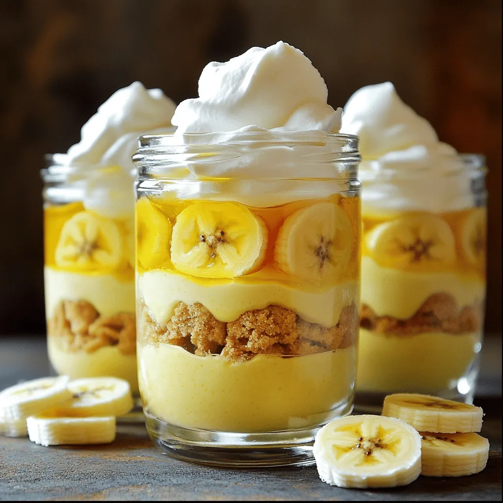 To make classic banana pudding, you need these key ingredients: - 4 ripe bananas, sliced into rounds - 1 cup heavy cream - 1 cup whole milk - 1/2 cup granulated sugar - 1/4 cup cornstarch - 1/4 teaspoon kosher salt - 1 teaspoon pure vanilla extract - 2 large egg yolks - 1 package (approximately 200g) vanilla wafers - Whipped cream for topping (optional) - Additional banana slices for garnish These ingredients create the creamy base and the delightful layers that make banana pudding so special. The ripe bananas add a natural sweetness. The vanilla wafers provide crunch and texture. You can enhance your banana pudding with a few optional ingredients: - A hint of cinnamon for warmth - Chocolate chips for a sweet twist - A splash of rum extract for depth These additions can give your pudding a unique flavor. Experiment with them to find your favorite mix! If you’re missing a few ingredients, don’t worry. Here are some common substitutions you can use: - Use almond milk instead of whole milk for a dairy-free option. - Substitute coconut cream for heavy cream for a tropical flair. - Replace granulated sugar with honey or maple syrup for sweetness. These substitutions will still give you a tasty result. Just remember to adjust measurements based on taste. For the full recipe, check the [Full Recipe]. To start, gather all your ingredients. You need milk, cream, sugar, cornstarch, salt, and eggs. In a medium saucepan, mix the whole milk, heavy cream, sugar, cornstarch, and salt. Use a whisk to blend everything until smooth. Make sure there are no lumps from the cornstarch. Heat this mix over medium heat. Stir it often with a wooden spoon. You want it to thicken and bubble, which takes about 5 to 7 minutes. Next, crack the two large eggs, separating the yolks into a bowl. Whisk the yolks until they look smooth and pale. To temper the yolks, take a few spoonfuls of the hot mix and whisk them into the yolks. This step keeps the eggs from cooking too fast. After that, pour the yolk mix back into the saucepan. Cook for another 2 to 3 minutes while stirring. The pudding should be thick and creamy when done. Remove it from heat and stir in the vanilla extract. Let it cool for about 10 minutes. Now it’s time to build your pudding layers. Start with a large serving dish or individual cups. Place a layer of vanilla wafers at the bottom. Next, add a layer of sliced bananas. Pour a generous amount of pudding over the bananas and cookies. Repeat this layering until you use all ingredients. Make sure the last layer is pudding. This creates a beautiful top. After layering, cover the dish tightly with plastic wrap. This step helps keep the pudding moist. Next, place it in the fridge for at least 4 hours. This time lets the pudding chill and firm up. When you’re ready to serve, add a dollop of whipped cream on top. You can also garnish with extra banana slices for a nice touch. This dessert looks as good as it tastes! If you'd like to see the complete guide, check out the Full Recipe for more details. To get that smooth, creamy texture, follow these tips: - Whisk well: When mixing the milk and cornstarch, make sure to whisk until there are no lumps. - Stir constantly: While cooking the pudding base, stir it continuously to prevent sticking and burning. - Temper the eggs: Slowly add hot mixture to egg yolks. This helps keep them from cooking too fast. - Cool gradually: Let the pudding cool for about 10 minutes before layering. It will thicken more as it cools. To keep your pudding fresh: - Cover tightly: Use plastic wrap to seal the dish. This keeps moisture out. - Refrigerate: Always store it in the fridge. It stays good for 2-3 days. - Layer with care: If you have leftovers, keep layers separate. This avoids mushy bananas. Want to make your banana pudding even better? Try these ideas: - Add spices: A pinch of cinnamon or nutmeg can add warmth. - Use flavored wafers: Try lemon or chocolate wafers for a fun twist. - Incorporate extracts: Add a drop of almond extract for an extra layer of flavor. - Top it off: Fresh berries or nuts can give a nice crunch and taste contrast. For the full recipe, check out the details above! {{image_4}} To make chocolate banana pudding, simply add cocoa powder. Use 1/3 cup of unsweetened cocoa powder. Mix it into the milk mixture after combining the sugar and cornstarch. This gives your pudding a rich chocolate flavor. Layer it just like the classic recipe. The chocolate pairs well with bananas, creating a great dessert. For a nutty twist, add chopped pecans or walnuts. You can mix in 1/2 cup of nuts into the pudding. You can also sprinkle some on each layer. This adds a delightful crunch to each bite. The nuts contrast nicely with the creamy pudding and soft bananas. To create a vegan version, swap dairy for plant-based options. Use almond or coconut milk instead of whole milk and cream. Replace egg yolks with 1/4 cup of silken tofu blended until smooth. Sweeten with maple syrup or coconut sugar. This makes a tasty, dairy-free pudding that everyone can enjoy. Each of these variations adds a new twist to the classic banana pudding. They keep the spirit of the dessert while offering different flavors and textures. For the full recipe, make sure to check out the details above. Banana pudding has a rich history that dates back to the 19th century. This dish first appeared in American cookbooks in the late 1800s. It gained popularity in the Southern states, where fresh bananas were easy to find. The sweet, creamy dessert combined layers of pudding, bananas, and vanilla wafers. This simple yet delicious treat quickly became a staple at family gatherings and potlucks. Over the years, banana pudding has evolved in many ways. In the 1930s, brands like Nabisco made vanilla wafers popular in homes. Many cooks began using these cookies as a key ingredient. Today, you can find various versions, including chocolate and vegan options. Some recipes even add whipped cream or meringue on top for extra flavor and texture. This evolution shows how versatile and beloved banana pudding truly is. In Southern cuisine, banana pudding holds a special place. It represents comfort and warmth. Families often serve it at holidays, birthdays, and reunions. Many people have fond memories of enjoying this sweet treat with loved ones. This dessert is not just a dish; it’s a tradition passed down through generations. The combination of flavors and textures captures the essence of Southern hospitality, making it a cherished part of the culture. Yes, you can use other types of bananas. While ripe Cavendish bananas are common, you can try red or plantain bananas. Each type brings a unique flavor. Red bananas are sweeter and softer. Plantains are firmer and less sweet. Just remember, the texture and taste will change. To keep bananas from browning, you can use lemon juice. Just squeeze a little juice over the banana slices. This helps slow down oxidation. You can also cover the bananas tightly with plastic wrap. Keeping them chilled also helps. Serve the pudding soon for the best look. If you don’t have vanilla wafers, don’t worry! You can use graham crackers or shortbread cookies. Both options add a nice crunch. You can even use sponge cake for a softer layer. Get creative! The pudding will still taste great, no matter what you use. This blog shows you how to make classic banana pudding. We covered key ingredients, optional add-ins, and substitutions. I also shared simple steps for preparing, layering, and chilling the pudding. You learned tips for perfect texture and storing leftovers. Plus, I explored fun variations like chocolate and vegan options. Finally, we discussed the history and cultural roots of this dish. Banana pudding is more than a dessert; it's a beloved tradition. Enjoy creating your own version and sharing it with friends and family.