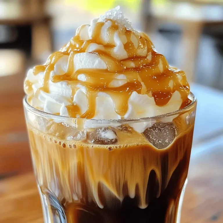 To make the perfect Dark Roast Caramel Cold Foam, you will need: - 1 cup freshly brewed dark roast coffee, cooled to room temperature - 1/2 cup heavy cream - 2 tablespoons rich caramel sauce (plus extra for drizzling) - 1 tablespoon granulated sugar (adjust to taste) - 1 teaspoon pure vanilla extract - A pinch of flaky sea salt These ingredients work together to create a rich and creamy drink. The dark roast coffee gives bold flavor, while the caramel adds sweetness. The heavy cream forms a fluffy foam that sits perfectly on top. For coffee, I recommend brands like Peet's Coffee or Stumptown. These brands offer great dark roast options. For caramel sauce, look for Ghirardelli or Torani. They have quality sauces that will enhance the flavor of your cold foam. Using good ingredients makes a big difference in taste. You can make your drink even more special with some fun toppings. Here are some options: - Drizzle of extra caramel sauce - A sprinkle of flaky sea salt - Whipped cream on top - Chocolate shavings or cocoa powder These toppings add flavor and visual appeal. They make your drink look fancy and taste even better. Try them out and see what you like the most! Start by choosing your favorite dark roast coffee beans. Grind them to a medium-coarse texture. Use one tablespoon of coffee for every six ounces of water. Boil water and let it cool for a minute. Pour the water over the coffee grounds. Let it steep for four to five minutes. Strain the coffee into a carafe. Let it cool to room temperature. For faster cooling, place it in the fridge. In a medium bowl, gather your ingredients. You will need heavy cream, caramel sauce, sugar, vanilla extract, and flaky sea salt. Pour in a half cup of heavy cream. Add two tablespoons of caramel sauce. Next, mix in one tablespoon of sugar and one teaspoon of vanilla extract. Sprinkle in a pinch of sea salt. Stir until all ingredients blend well. Use an electric mixer or a hand whisk for this step. Set the mixer to medium speed. Whip the cream mixture for about two to three minutes. Stop when it thickens and forms soft peaks. Be careful not to over-whip. The foam should still be fluffy and easy to pour. Grab two tall glasses and fill them with ice. Pour the cooled dark roast coffee over the ice, leaving some space at the top. Now, take your cold foam and spoon it gently over the coffee. The foam should float on top, creating a lovely layer. For a finishing touch, drizzle extra caramel sauce over the foam. This adds sweetness and makes it look great. Enjoy your drink right away! For the complete recipe, refer to the Full Recipe above. One mistake is using cream that is too warm. Always use heavy cream that is cold. This helps create a better foam. Another error is over-whipping the cream. Stop whipping as soon as you see soft peaks. If the foam gets too thick, it won't pour nicely. Lastly, don’t forget the pinch of sea salt. It enhances the flavor of caramel and coffee. To add more depth to your drink, consider mixing in spices. A dash of cinnamon or nutmeg works well. You can also try flavored syrups like hazelnut or mocha. If you want a fun twist, add a splash of flavored milk. Almond or oat milk can add a new layer to the foam. Feel free to experiment and find your favorite combo! Getting the right foam texture is key. Whip the cream just until it thickens. If it feels too airy, your foam might fall flat. To keep it stable, chill the bowl before mixing. Using a metal bowl helps maintain cold temperature. If you want extra stability, add a bit of powdered sugar. It acts as a stabilizer and keeps your foam fluffy longer. For the complete recipe, check the Full Recipe. {{image_4}} You can switch up your cold foam flavors. Try adding a splash of hazelnut or almond extract. You can also use flavored syrups like vanilla or toffee. For a fun twist, mix in a bit of cocoa powder for a mocha vibe. Each of these options brings its own taste and makes your drink unique. If you want a dairy-free option, use coconut or almond milk. You can whip coconut cream for a rich texture. Another choice is to use oat milk, as it froths nicely. For low-calorie foam, use low-fat milk or a sugar substitute. You can enjoy the flavor without the extra calories. While dark roast coffee is rich and bold, you can experiment with other bases. Medium roast coffee offers a lighter taste. You can also try cold brew for a smoother flavor. For a different kick, use espresso shots. Each type of coffee can change the drink's taste and richness. Explore these options to find your favorite blend! For the full recipe, check out the Dark Roast Caramel Cold Foam. Store any leftover coffee in an airtight container. Place it in the fridge. It stays fresh for up to three days. Keep your cold foam mixture in a separate container. Use it within 24 hours for the best taste. If you have leftover caramel sauce, store it in a sealed jar. It can last for weeks in the fridge. To refresh your cold coffee, pour it into a glass. Add ice if you prefer it cold. If you want it warm, pour it into a pot. Heat it slowly over low heat to avoid burning. Stir gently until it reaches your desired warmth. Do not microwave it, as that can change the flavor. For best results, make cold foam just before serving. If you need to store it, keep it in the fridge. When ready to use, gently whisk it again to bring back its texture. Avoid letting it sit too long, as it can lose its fluffiness. If your foam separates, just mix it lightly before topping your drink. For the full recipe to create this tasty drink, refer to the section above. I recommend using a freshly brewed dark roast coffee. Dark roast brings out rich flavors. The bold taste pairs well with the sweet caramel. Look for brands that offer deep, robust notes. You want your coffee to shine through the foam. Yes, you can make cold foam without heavy cream. Try using whole milk or a non-dairy milk. Almond, oat, or coconut milk work well too. They create a lighter foam but still taste great. Just whip them the same way as heavy cream. To adjust the sweetness, simply add more or less sugar. Start with a tablespoon of sugar. If it's not sweet enough, add another teaspoon. You can also use flavored syrups or more caramel sauce. Taste as you mix to find your perfect balance. Many coffee shops offer variations of this drink. Look for specialty coffee shops or cafes. They often create unique cold foam flavors. You might not find it everywhere, but keep an eye out for seasonal menus. Homemade caramel sauce lasts about two weeks in the fridge. Store it in an airtight jar. Make sure it cools completely before sealing. If you want it to last longer, freeze it. Just thaw it in the fridge before using it again. Dark Roast Caramel Cold Foam is a tasty drink that anyone can make at home. This post covered key ingredients, step-by-step brewing, tips to avoid mistakes, and easy storage for leftovers. Remember, use a great coffee brand and experiment with flavors. You can even try dairy-free options for a fun twist. Enjoy making this drink your own and impress your friends with better foam and taste. Dive into the world of coffee and let your creativity shine!