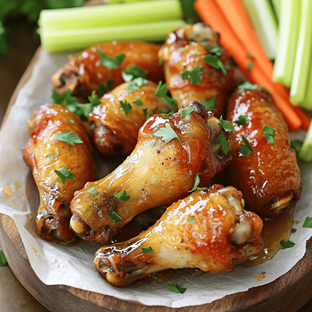 - 2 lbs chicken wings, tips removed - 2 tablespoons baking powder - 1 teaspoon garlic powder - 1 teaspoon onion powder - 1 teaspoon smoked paprika - 1 teaspoon cayenne pepper (optional) - Salt and black pepper to taste - 2 tablespoons olive oil - 1 tablespoon honey - 1 tablespoon apple cider vinegar - Fresh parsley, finely chopped (for garnish) - Baking sheet - Wire rack - Mixing bowl - Whisk To make crispy baked chicken wings, gather your ingredients. Start with fresh chicken wings. You want about 2 pounds for this recipe. Next, grab some baking powder, garlic powder, onion powder, smoked paprika, cayenne pepper, salt, and black pepper. Baking powder is crucial. It helps the wings get that nice crunch. Garlic and onion powder add a savory touch. Smoked paprika gives a lovely flavor. If you like heat, add cayenne pepper. For the glaze, you will need olive oil, honey, and apple cider vinegar. The oil helps the wings crisp up. Honey adds sweetness, while vinegar gives a tangy kick. Finally, don't forget fresh parsley to brighten up the dish. Make sure you have the right equipment too. A baking sheet is key. The wire rack is a must for air circulation. A mixing bowl and whisk help mix your seasonings well. You can find the full recipe in this section. Enjoy preparing these tasty wings! - Preheat the oven to 425°F (220°C). - Line a baking sheet with aluminum foil and place a wire rack on top. - Pat chicken wings dry to remove excess moisture. Getting the wings dry is key. Moist wings will not crisp up well. The wire rack lets heat circulate around the wings as they bake. This makes them crispy all over. - Combine baking powder and spices in a bowl. - Coat wings thoroughly with the seasoning mixture. - Drizzle olive oil over wings and toss to coat. Mixing baking powder with spices helps the wings get that crunch. I like to use garlic, onion, and smoked paprika for flavor. If you like spice, add some cayenne pepper. Tossing the wings in oil helps the seasonings stick and adds flavor. - Arrange the wings on the wire rack for even baking. - Bake for 40-45 minutes, turning halfway. - Check for golden-brown crispiness before removing. Lay the wings flat and make sure they are not touching. This step ensures they cook evenly. Halfway through, turn them over for a nice color on both sides. Once they look golden and crispy, they are ready to enjoy! Check out the Full Recipe for more details. To get the crispiest wings, start by drying them well. Use paper towels to pat them until they are completely dry. This step is key. Extra moisture will make the wings soggy instead of crispy. Baking powder also plays a big role in the texture. It helps create a nice crunch on the outside. When mixed with the spices, it forms a coating that crisps up in the oven. Make sure to space the wings out on the rack. Give each wing some room. This allows hot air to flow around them, helping them cook evenly. If they touch, they may steam instead of bake. You can add more flavor with extra spices. Try paprika for a smoky touch or cayenne for heat. Mix these into your seasoning blend. Fresh herbs, like parsley, make a great garnish. They add color and a fresh taste. For glazes, you have many options. Use BBQ sauce for a sweet kick or buffalo sauce for heat. You can even mix honey with apple cider vinegar for a sweet and tangy glaze. When serving wings, make them look great. Use a nice platter and line it with parchment paper. This adds style. You can also serve extra glaze on the side for dipping. Pair your wings with crunchy sides. Celery and carrot sticks are perfect. They add a cool contrast to the warm wings. Consider offering different sauces to match different tastes. Each guest can find their favorite. For the full recipe, check out the complete instructions above. {{image_4}} You can make crispy baked chicken wings many ways. Here are some fun options: - Classic Buffalo Style: Add hot sauce to the wings after they bake. Toss them in a bowl with your favorite hot sauce. This gives them a spicy kick and a tangy flavor. - Teriyaki Glazed Wings: Mix soy sauce, honey, garlic, and ginger in a bowl. Brush this sweet glaze over the wings before baking. It adds a tasty, sweet, and savory flavor. - Garlic Parmesan Wings: After baking, toss the wings in melted butter and minced garlic. Then sprinkle fresh grated Parmesan cheese over them. This mix gives a rich, cheesy taste. You can cook wings in different ways for unique flavors. - Air Fryer Instructions: For a quicker option, use an air fryer. Preheat it to 400°F (200°C). Cook the wings for 25-30 minutes. Shake the basket halfway through. This method makes them crispy and tender. - Grilling Instructions: For a smoky flavor, grill the wings. Preheat your grill to medium heat. Cook the wings for 20-25 minutes, turning them often. This adds a delicious char and flavor. You can adjust this recipe to fit your diet: - Gluten-Free Options: Use gluten-free soy sauce for teriyaki wings. Ensure all spices you use are also gluten-free. This way, everyone can enjoy them. - Adjustments for Low-Sodium Diets: Cut back on salt in the seasoning mix. Use low-sodium soy sauce for teriyaki wings. This makes them tasty without too much salt. You can find the full recipe in the earlier section. Enjoy trying these fun variations! To keep your crispy baked chicken wings fresh, store them in the fridge. Use an airtight container to avoid moisture. This helps keep the wings tasty and safe. If you don't have a container, wrap them tightly in plastic wrap. For best results, eat the wings within three days. When it’s time to reheat wings, you want them crispy again. You can use an oven or an air fryer. Preheat the oven to 375°F (190°C). Place the wings on a baking sheet and heat for about 10-15 minutes. If you’re using an air fryer, set it to 350°F (175°C) and heat for 5-8 minutes. Both methods help restore the crispiness. If you want to freeze the wings, follow these easy steps: 1. Let the cooked wings cool down completely. 2. Arrange them in a single layer on a baking sheet. 3. Freeze them for about 1-2 hours. 4. Once frozen, transfer the wings to a freezer bag. Squeeze out as much air as possible before sealing. To thaw, place the wings in the fridge overnight. For reheating, follow the same methods as mentioned earlier. This way, you can enjoy your crispy wings whenever you want! Crispy baked chicken wings can last for about 3 to 4 days in the fridge. To keep them fresh, store the wings in an airtight container. This helps prevent them from drying out. If you want to keep them longer, consider freezing them. Yes, you can use frozen chicken wings. Before you bake them, thaw the wings in the fridge overnight. This helps them cook evenly. If you’re short on time, you can bake them straight from the freezer. Just add an extra 10 to 15 minutes to the baking time. Some popular dipping sauces for baked wings include ranch dressing, blue cheese, and spicy buffalo sauce. Honey mustard also makes a great choice! You can mix and match to find your favorite. To make the wings spicier, add more cayenne pepper to the seasoning mix. You can also toss the cooked wings in a spicy sauce, like sriracha or hot sauce. For a unique twist, try adding chopped jalapeños or a dash of chili powder. You’ve learned how to make crispy baked chicken wings with simple steps. Starting from the right ingredients to the best techniques, you can achieve that perfect crunch. Don’t forget to play with flavors and sauces to make these wings your own. With a few easy tips, you will impress everyone at your next gathering. Enjoy your cooking and explore the fun of wing variations. Trust me, these wings will be a hit!