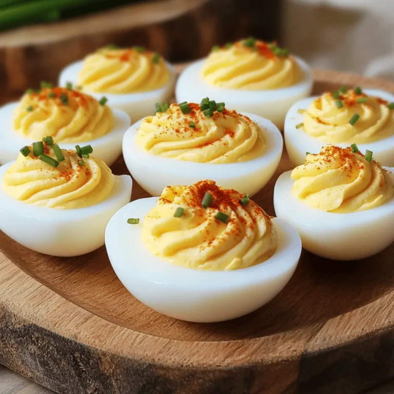 To make classic deviled eggs, gather these simple ingredients: - 6 large eggs - 3 tablespoons creamy mayonnaise - 1 teaspoon Dijon mustard - 1 teaspoon apple cider vinegar - 1/4 teaspoon fine salt - 1/4 teaspoon smoked paprika (plus extra for garnish) - Fresh chives, finely chopped (for garnish) You can add some extra flavor to your deviled eggs with these fun options: - A few dashes of your favorite hot sauce - Pickle relish for a tangy twist - Chopped olives for a salty kick - Crumbled bacon for a smoky crunch Having the right tools makes cooking easier. Here’s what you’ll need: - Medium-sized saucepan - Large bowl for ice water - Sharp knife for slicing - Mixing bowl for the yolk filling - Fork for mashing yolks - Piping bag with a star tip (optional) - Serving platter for presentation These ingredients and tools will set you up for a delicious batch of deviled eggs. For the full recipe and instructions, check out the [Full Recipe]. To start, you need six large eggs. Place them in a medium saucepan. Cover the eggs with cold water by at least one inch. Set the heat to medium-high and watch for a boil. When the water bubbles, cover the pot with a lid. Turn off the heat and let the eggs sit for ten to twelve minutes. This resting time will cook the yolks just right. After that, move the eggs to a bowl of ice water. Let them cool for at least five minutes. This step makes peeling easier and keeps the eggs fresh. Once the eggs are cool, gently tap each one on a flat surface. Roll the eggs to crack the shells, then peel them under running water. This helps remove the shells cleanly. Slice each egg in half lengthwise. Carefully take out the yolks and put them in a mixing bowl. Set the empty egg whites aside on a serving platter. Now, mash the yolks with a fork until they are crumbly. Add three tablespoons of creamy mayonnaise, one teaspoon of Dijon mustard, one teaspoon of apple cider vinegar, a quarter teaspoon of fine salt, and a quarter teaspoon of smoked paprika. Mix until the filling is smooth. If you like spice, add a few dashes of your favorite hot sauce. Next, it’s time to fill the egg whites. You can use a spoon or a piping bag. If you use a piping bag with a star tip, it will look fancy. Fill each hollowed egg white with the yolk mixture. Make sure to fill them well. To finish, sprinkle extra smoked paprika on top for color. Chop some fresh chives and add them as a garnish. This adds a nice touch and fresh flavor. Now you have a perfect batch of classic deviled eggs! For more details, refer to the Full Recipe. To get the best hard-boiled eggs, start with fresh eggs. Place the eggs in a saucepan and cover them with cold water. Bring the water to a rolling boil over medium-high heat. Once boiling, cover the pot and turn off the heat. Let the eggs sit for 10 to 12 minutes. This method gives you a creamy yolk with no green ring. After cooking, cool the eggs quickly in ice water. This step makes peeling easier. For a creamy filling, mash the yolks well with a fork. The more you mash, the smoother the mix. Add the mayonnaise, mustard, vinegar, and spices slowly. Mix until everything blends perfectly. If you want a spicy twist, add hot sauce to taste. For a more gourmet touch, consider using a piping bag. It will make the filling look fancy and neat. Presentation is key for deviled eggs. Arrange them on a colorful platter for a festive look. You can sprinkle extra smoked paprika on top for color. Adding finely chopped chives gives a fresh touch. For an extra pop, consider garnishing with microgreens or edible flowers. These small touches will impress your guests and make your dish stand out. For more details on making these delightful eggs, check the Full Recipe. {{image_4}} To add heat, mix some hot sauce into the yolk filling. You can use any hot sauce you like. Sriracha gives a sweet and spicy kick. For a smoky flavor, try chipotle sauce. Adjust the amount to suit your taste. You can also add diced jalapeños for texture and extra spice. If you want to skip the classic flavors, try avocado instead of mayo. Mash ripe avocado with the yolks. This adds creaminess and a fresh flavor. You can also mix in Greek yogurt for a tangy twist. For a herbal note, add finely chopped herbs like dill or parsley. Get creative with your deviled eggs! You can mix in ingredients like bacon bits for crunch. A hint of curry powder adds warmth and a new taste. For a sweet touch, mix in a little honey or relish. Try adding lemon zest for a bright flavor boost. Each twist gives your deviled eggs a new personality. For the full recipe, check out Devilishly Delectable Deviled Eggs. Store leftover deviled eggs in an airtight container. This keeps them fresh and safe to eat. Place a piece of plastic wrap over the filling to avoid drying out. You can also place a damp paper towel on top to help maintain moisture. Consume deviled eggs within three days for the best taste. For fresh deviled eggs, follow these tips: - Keep eggs in their shells until you're ready to cook. - Use the freshest eggs possible; check the expiration date. - After making the filling, store it separately from the egg whites if you don't serve right away. This keeps both parts fresh longer. - Refrigerate eggs promptly after cooking; don’t leave them out for more than two hours. Freezing deviled eggs is not the best option. The texture changes, making them watery upon thawing. If you want to freeze the filling, do so in a sealed bag. When you're ready to use it, thaw in the fridge overnight. Then, refill fresh egg whites and serve. Enjoy your eggs fresh for the best flavor! For detailed steps, check the Full Recipe. The prep time for Classic Deviled Eggs is about 15 minutes. You can easily manage this time. While the eggs cook, you can gather your other ingredients. This helps to keep things quick and easy. Yes, you can make deviled eggs ahead of time. Prepare them a day before your event. Just store them in the fridge until you are ready to serve. This keeps them fresh and tasty. If you want to skip mayonnaise, try using Greek yogurt. It adds creaminess and a tangy flavor. Another option is avocado, which gives a smooth texture. You could also use sour cream for a rich taste. Each option brings its unique twist to the classic recipe. For the full recipe, check out my detailed instructions. Deviled eggs are easy and fun to make. We covered the classic recipe, tips, and fun variations. Remember to use fresh eggs for the best taste. You can try adding flavors like spices or herbs for a twist. Store them properly to keep them fresh. Enjoy your deviled eggs at your next gathering. They are sure to impress everyone!