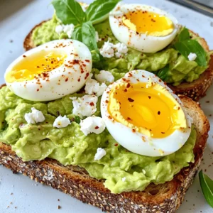- 2 slices of whole-grain bread - 1 ripe avocado - 2 large eggs - 1 tablespoon extra-virgin olive oil - 1 teaspoon fresh lemon juice - 1/2 teaspoon red chili flakes - Salt and freshly ground black pepper to taste - 2 tablespoons feta cheese, crumbled - Fresh basil leaves for garnish What are the nutritional benefits of avocado? Avocados are rich in healthy fats. They contain monounsaturated fats that help lower bad cholesterol. They also provide fiber, which aids digestion. Avocados are loaded with vitamins like E, C, and K, which support skin and heart health. What are the health advantages of eggs? Eggs are a great source of protein. They help build and repair tissues in the body. Eggs also contain essential nutrients like B vitamins and choline, which support brain health. Plus, the healthy fats in eggs keep you full longer. What are the benefits of whole-grain bread? Whole-grain bread is a good source of fiber. It helps keep your digestive system healthy. Whole grains also provide important nutrients, like iron and magnesium. These nutrients help boost energy levels and support overall health. For the full recipe, check out the detailed steps to create this tasty dish! 1. Toasting the whole-grain bread: Start by placing your slices of whole-grain bread into a toaster. You can also use a broiler if you prefer. Toast the bread until it turns golden brown and crispy. This usually takes about 3 to 5 minutes. Stay close to avoid burning! 2. Cooking the eggs (soft-boiled method): While the bread toasts, fill a medium pot with water and bring it to a gentle simmer. Carefully crack the eggs into the pot. Avoid breaking the yolks. Cook the eggs for 6 to 7 minutes. You can adjust the time for runnier or firmer yolks. 3. Mashing the avocado with seasonings: While the eggs cook, cut the ripe avocado in half and scoop it into a bowl. Use a fork to mash it until it's creamy but still a bit chunky. Mix in olive oil, lemon juice, red chili flakes, and a pinch of salt and pepper. 1. Spreading the avocado mixture on toasted bread: Once your bread is toasted, take it out and spread a thick layer of the avocado mixture on each slice. Make sure to cover the bread evenly for maximum flavor. 2. Placing the cooked eggs on top: After the eggs are cooked, use a slotted spoon to take them out. Let them cool for a minute, then gently peel off the shell. Place one egg on each slice of avocado toast, letting the yolk rest on the creamy layer. 1. Adding feta cheese and garnishes: Crumble feta cheese over the eggs to add a rich, tangy taste. This pairs well with the creamy avocado. 2. Tips for presentation and serving: Serve your avocado toasts on a rustic wooden board. Add some fresh basil leaves around the plate for a pop of color. You can sprinkle extra chili flakes for those who like a bit of spice. Your delicious breakfast is ready to enjoy! - Tips for perfecting soft-boiled eggs: Start with fresh eggs. Bring water to a gentle simmer, not a full boil. Carefully add the eggs and cook for 6-7 minutes. For softer yolks, reduce the time. Remove the eggs and cool them in ice water for easy peeling. - How to mash avocado for the best texture: Choose a ripe avocado; it should yield slightly when pressed. Cut it in half, remove the pit, and scoop the flesh into a bowl. Use a fork to mash it. Leave some chunks for texture. Mix in olive oil, lemon juice, and spices for added flavor. - Recommended seasonings and toppings: A pinch of sea salt and black pepper works wonders. Red chili flakes add a nice kick. Feta cheese gives a tangy taste that pairs well with the creamy avocado. Fresh herbs like basil or cilantro brighten the dish. - Suggestions for additional ingredients: For a twist, add sliced cherry tomatoes for freshness. Smoked salmon gives a rich, savory flavor. You can also try adding radishes for crunch or a drizzle of balsamic glaze for sweetness. - Over-toasting the bread: Keep an eye on the bread while it toasts. It should be golden brown, not dark brown or burnt. Use a toaster or broiler, and check often to avoid mistakes. - Cooking the eggs too long: If you overcook the eggs, the yolk becomes hard and dry. Stick to the 6-7 minute rule for perfect soft-boiled eggs. Timing is key to keeping them runny and delicious. {{image_4}} You can make avocado toast fun by adding proteins. Try crispy bacon or rich smoked salmon. Both add flavor and make the toast more filling. You can also change the bread. Sourdough gives a nice tang, while rye adds depth. Each choice makes your toast unique. Seasonal veggies can brighten your toast. Fresh tomatoes add sweetness in summer, while radishes bring crunch in spring. You can even use pumpkin in fall for a cozy twist. For holidays, think about flavors that fit the season. Add cranberry sauce for Thanksgiving or roasted peppers for summer barbecues. If you want a vegan option, swap eggs for silken tofu or chickpea flour scrambles. Both are tasty and keep the dish hearty. For gluten-free eaters, choose gluten-free bread. Many options taste great and work well with avocado. You can find varieties made from almond or coconut flour. Feel free to explore all these variations while you enjoy this nutritious avocado toast with egg. For a full recipe, check out the Full Recipe. To keep your avocado toast fresh, store the parts separately. Place the toasted bread in a zip-top bag to prevent it from getting soggy. For the avocado, put it in an airtight container. You can add a little lemon juice to slow browning. Store the boiled eggs in their shells in the fridge to keep them fresh. This method helps each component stay tasty. When you're ready to eat, you can reheat the bread in a toaster or oven. Toast it at a low setting to warm it without burning. For the eggs, gently warm them in a pot of hot water. This keeps them soft and avoids overcooking. Make sure not to microwave them, as that can make them rubbery. Can you freeze avocado mixtures? It's not ideal. Freezing can change the texture. If you must, mash the avocado and freeze it in ice cube trays. This way, you can use it later for smoothies or spreads. For bread, you can freeze slices in a bag. Eggs don't freeze well, so it's best to cook them fresh. You should eat avocado toast within a few hours for the best taste. If you need to store it, place it in an airtight container. In the fridge, it can last up to one day. The bread may get soggy, and the avocado might brown. To slow browning, sprinkle some lemon juice on the avocado. Yes, you can prep some parts ahead. Toast the bread and store it in a bag. Keep the avocado mixture in an airtight container. Make the eggs fresh for the best taste. You can assemble everything when you're ready to eat. This way, you save time but enjoy a fresh meal. You can get creative with toppings! Try adding: - Sliced tomatoes - Radishes - Smoked salmon - A sprinkle of everything bagel seasoning - Fresh herbs like cilantro or parsley - Nuts or seeds for crunch These toppings can add flavor and texture to your meal. Look for avocados that feel slightly soft when you gently squeeze them. The skin should be dark green to black. If the avocado is hard, it is not ripe yet. If it feels very soft or has dark spots, it may be overripe. Choosing the right avocado helps make the best toast. Yes, avocado toast is a healthy choice! Avocados are full of healthy fats, fiber, and vitamins. They support heart health and keep you feeling full. Whole-grain bread adds more fiber and nutrients. Eggs provide protein, making the meal more filling. Overall, it's a nutritious and tasty breakfast. For the full recipe, check the earlier section. This article provided a clear recipe for making avocado toast. We covered key ingredients and their health benefits. You learned step-by-step instructions for preparation and tips for perfect execution. I shared variations and storage tips to keep your meal fresh. Remember, avocado toast is versatile. You can easily adapt it to your taste and diet. Enjoy creating your unique take on this dish!