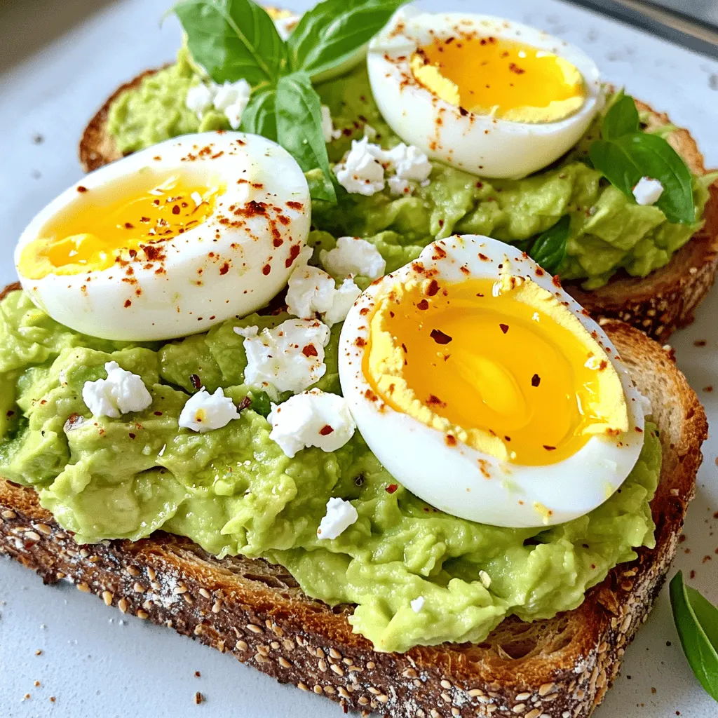- 2 slices of whole-grain bread - 1 ripe avocado - 2 large eggs - 1 tablespoon extra-virgin olive oil - 1 teaspoon fresh lemon juice - 1/2 teaspoon red chili flakes - Salt and freshly ground black pepper to taste - 2 tablespoons feta cheese, crumbled - Fresh basil leaves for garnish What are the nutritional benefits of avocado? Avocados are rich in healthy fats. They contain monounsaturated fats that help lower bad cholesterol. They also provide fiber, which aids digestion. Avocados are loaded with vitamins like E, C, and K, which support skin and heart health. What are the health advantages of eggs? Eggs are a great source of protein. They help build and repair tissues in the body. Eggs also contain essential nutrients like B vitamins and choline, which support brain health. Plus, the healthy fats in eggs keep you full longer. What are the benefits of whole-grain bread? Whole-grain bread is a good source of fiber. It helps keep your digestive system healthy. Whole grains also provide important nutrients, like iron and magnesium. These nutrients help boost energy levels and support overall health. For the full recipe, check out the detailed steps to create this tasty dish! 1. Toasting the whole-grain bread: Start by placing your slices of whole-grain bread into a toaster. You can also use a broiler if you prefer. Toast the bread until it turns golden brown and crispy. This usually takes about 3 to 5 minutes. Stay close to avoid burning! 2. Cooking the eggs (soft-boiled method): While the bread toasts, fill a medium pot with water and bring it to a gentle simmer. Carefully crack the eggs into the pot. Avoid breaking the yolks. Cook the eggs for 6 to 7 minutes. You can adjust the time for runnier or firmer yolks. 3. Mashing the avocado with seasonings: While the eggs cook, cut the ripe avocado in half and scoop it into a bowl. Use a fork to mash it until it's creamy but still a bit chunky. Mix in olive oil, lemon juice, red chili flakes, and a pinch of salt and pepper. 1. Spreading the avocado mixture on toasted bread: Once your bread is toasted, take it out and spread a thick layer of the avocado mixture on each slice. Make sure to cover the bread evenly for maximum flavor. 2. Placing the cooked eggs on top: After the eggs are cooked, use a slotted spoon to take them out. Let them cool for a minute, then gently peel off the shell. Place one egg on each slice of avocado toast, letting the yolk rest on the creamy layer. 1. Adding feta cheese and garnishes: Crumble feta cheese over the eggs to add a rich, tangy taste. This pairs well with the creamy avocado. 2. Tips for presentation and serving: Serve your avocado toasts on a rustic wooden board. Add some fresh basil leaves around the plate for a pop of color. You can sprinkle extra chili flakes for those who like a bit of spice. Your delicious breakfast is ready to enjoy! - Tips for perfecting soft-boiled eggs: Start with fresh eggs. Bring water to a gentle simmer, not a full boil. Carefully add the eggs and cook for 6-7 minutes. For softer yolks, reduce the time. Remove the eggs and cool them in ice water for easy peeling. - How to mash avocado for the best texture: Choose a ripe avocado; it should yield slightly when pressed. Cut it in half, remove the pit, and scoop the flesh into a bowl. Use a fork to mash it. Leave some chunks for texture. Mix in olive oil, lemon juice, and spices for added flavor. - Recommended seasonings and toppings: A pinch of sea salt and black pepper works wonders. Red chili flakes add a nice kick. Feta cheese gives a tangy taste that pairs well with the creamy avocado. Fresh herbs like basil or cilantro brighten the dish. - Suggestions for additional ingredients: For a twist, add sliced cherry tomatoes for freshness. Smoked salmon gives a rich, savory flavor. You can also try adding radishes for crunch or a drizzle of balsamic glaze for sweetness. - Over-toasting the bread: Keep an eye on the bread while it toasts. It should be golden brown, not dark brown or burnt. Use a toaster or broiler, and check often to avoid mistakes. - Cooking the eggs too long: If you overcook the eggs, the yolk becomes hard and dry. Stick to the 6-7 minute rule for perfect soft-boiled eggs. Timing is key to keeping them runny and delicious. {{image_4}} You can make avocado toast fun by adding proteins. Try crispy bacon or rich smoked salmon. Both add flavor and make the toast more filling. You can also change the bread. Sourdough gives a nice tang, while rye adds depth. Each choice makes your toast unique. Seasonal veggies can brighten your toast. Fresh tomatoes add sweetness in summer, while radishes bring crunch in spring. You can even use pumpkin in fall for a cozy twist. For holidays, think about flavors that fit the season. Add cranberry sauce for Thanksgiving or roasted peppers for summer barbecues. If you want a vegan option, swap eggs for silken tofu or chickpea flour scrambles. Both are tasty and keep the dish hearty. For gluten-free eaters, choose gluten-free bread. Many options taste great and work well with avocado. You can find varieties made from almond or coconut flour. Feel free to explore all these variations while you enjoy this nutritious avocado toast with egg. For a full recipe, check out the Full Recipe. To keep your avocado toast fresh, store the parts separately. Place the toasted bread in a zip-top bag to prevent it from getting soggy. For the avocado, put it in an airtight container. You can add a little lemon juice to slow browning. Store the boiled eggs in their shells in the fridge to keep them fresh. This method helps each component stay tasty. When you're ready to eat, you can reheat the bread in a toaster or oven. Toast it at a low setting to warm it without burning. For the eggs, gently warm them in a pot of hot water. This keeps them soft and avoids overcooking. Make sure not to microwave them, as that can make them rubbery. Can you freeze avocado mixtures? It's not ideal. Freezing can change the texture. If you must, mash the avocado and freeze it in ice cube trays. This way, you can use it later for smoothies or spreads. For bread, you can freeze slices in a bag. Eggs don't freeze well, so it's best to cook them fresh. You should eat avocado toast within a few hours for the best taste. If you need to store it, place it in an airtight container. In the fridge, it can last up to one day. The bread may get soggy, and the avocado might brown. To slow browning, sprinkle some lemon juice on the avocado. Yes, you can prep some parts ahead. Toast the bread and store it in a bag. Keep the avocado mixture in an airtight container. Make the eggs fresh for the best taste. You can assemble everything when you're ready to eat. This way, you save time but enjoy a fresh meal. You can get creative with toppings! Try adding: - Sliced tomatoes - Radishes - Smoked salmon - A sprinkle of everything bagel seasoning - Fresh herbs like cilantro or parsley - Nuts or seeds for crunch These toppings can add flavor and texture to your meal. Look for avocados that feel slightly soft when you gently squeeze them. The skin should be dark green to black. If the avocado is hard, it is not ripe yet. If it feels very soft or has dark spots, it may be overripe. Choosing the right avocado helps make the best toast. Yes, avocado toast is a healthy choice! Avocados are full of healthy fats, fiber, and vitamins. They support heart health and keep you feeling full. Whole-grain bread adds more fiber and nutrients. Eggs provide protein, making the meal more filling. Overall, it's a nutritious and tasty breakfast. For the full recipe, check the earlier section. This article provided a clear recipe for making avocado toast. We covered key ingredients and their health benefits. You learned step-by-step instructions for preparation and tips for perfect execution. I shared variations and storage tips to keep your meal fresh. Remember, avocado toast is versatile. You can easily adapt it to your taste and diet. Enjoy creating your unique take on this dish!